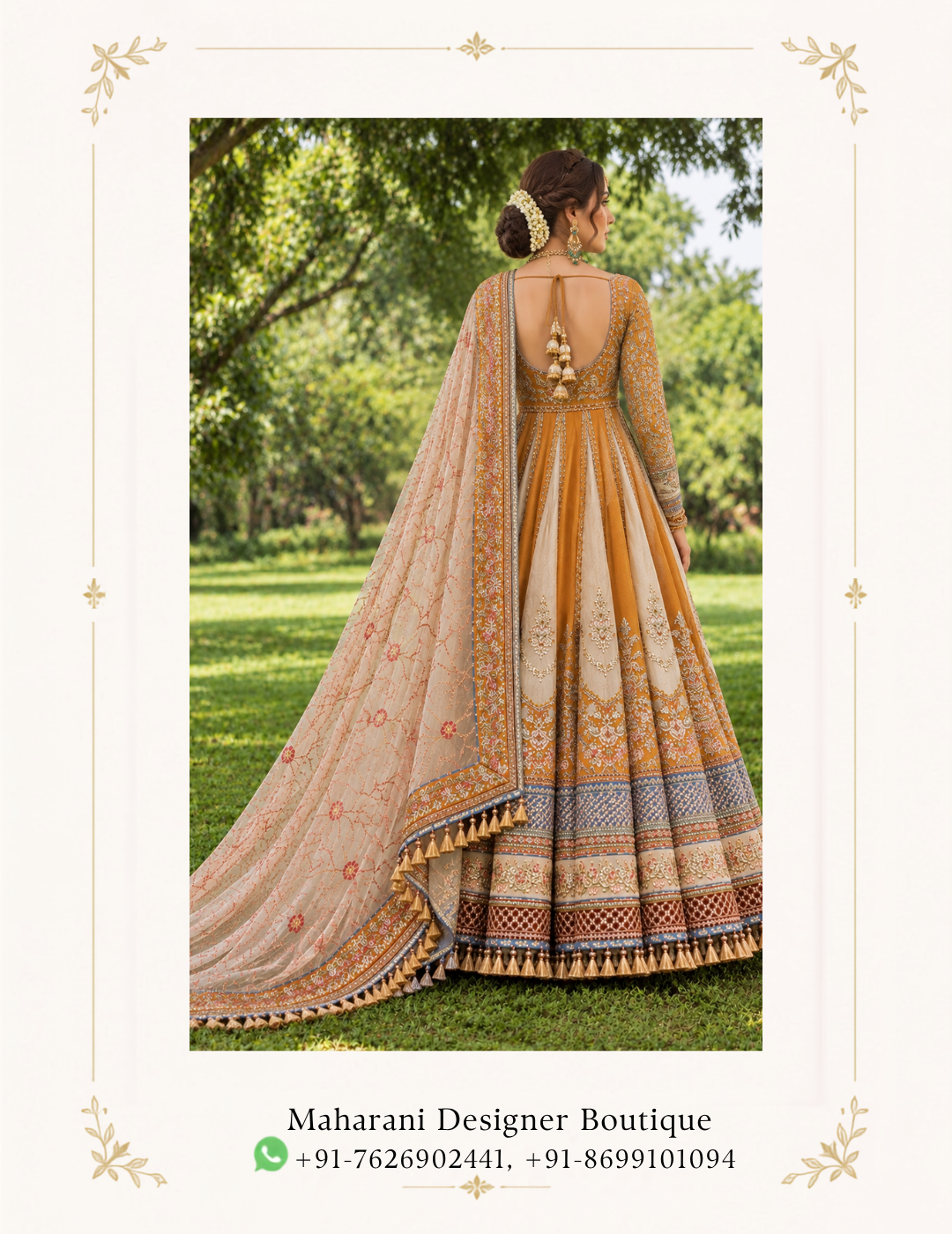 Maharani Mustard Heritage Embroidered Anarkali Suit Step into regal elegance with the Maharani Mustard Heritage Embroidered Anarkali Suit, a graceful ensemble inspired by traditional Indian craftsmanship and timeless festive style. Perfect for weddings, festive celebrations, mehendi functions, sangeet ceremonies, family gatherings and special occasions, this designer Anarkali offers a graceful combination of heritage-inspired detailing and sophisticated styling. Brand: Maharani Designer Boutique Category: Designer Anarkali Suit Colour: Mustard Gold & Ivory Work: Embroidery & Heavy Border Work Occasion: Wedding, Festive, Mehendi & Sangeet Wear