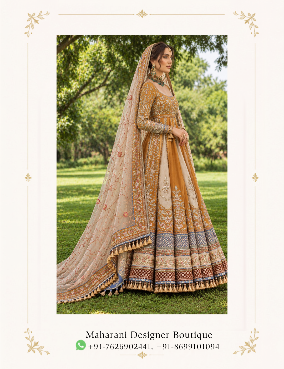 Maharani Mustard Heritage Embroidered Anarkali Suit Step into regal elegance with the Maharani Mustard Heritage Embroidered Anarkali Suit, a graceful ensemble inspired by traditional Indian craftsmanship and timeless festive style. Perfect for weddings, festive celebrations, mehendi functions, sangeet ceremonies, family gatherings and special occasions, this designer Anarkali offers a graceful combination of heritage-inspired detailing and sophisticated styling. Brand: Maharani Designer Boutique Category: Designer Anarkali Suit Colour: Mustard Gold & Ivory Work: Embroidery & Heavy Border Work Occasion: Wedding, Festive, Mehendi & Sangeet Wear