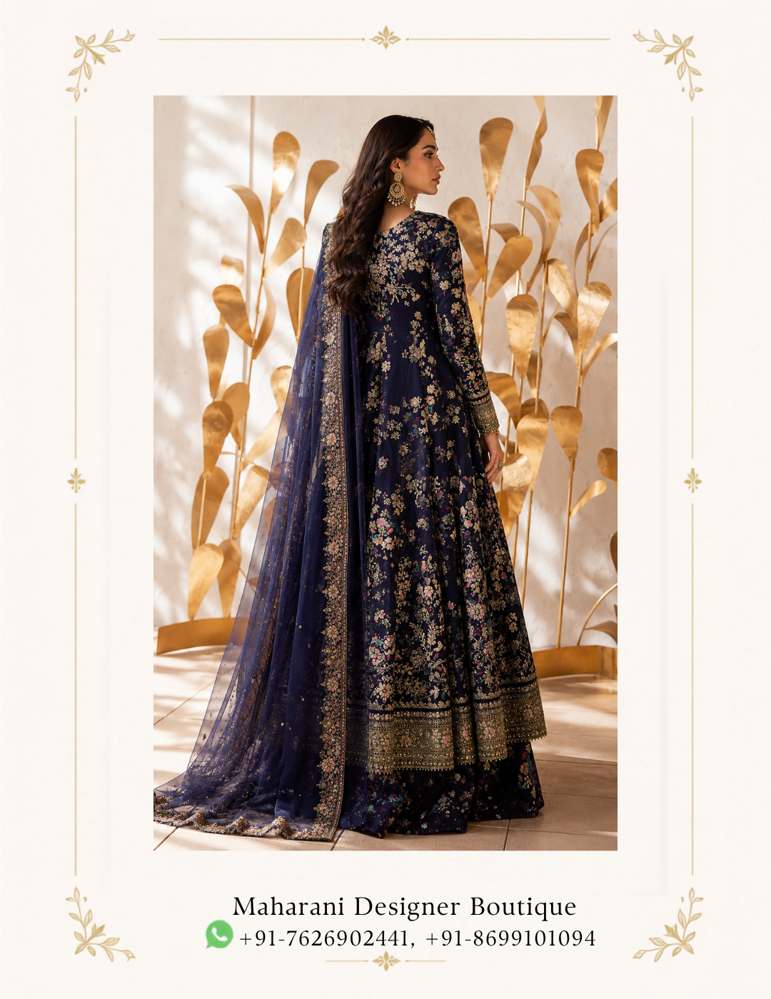 Noor-e-Navy Floral Embroidered Anarkali Suit by Maharani Designer Boutique Step into timeless elegance with the Noor-e-Navy Floral Embroidered Anarkali Suit, an exquisite occasion-wear ensemble by Maharani Designer Boutique. Designed for women who appreciate sophisticated Indian fashion, intricate embroidery and graceful silhouettes, this navy blue ensemble brings together traditional craftsmanship and contemporary styling in a beautifully coordinated look. The deep navy blue base creates a rich and sophisticated appearance, while the detailed floral embroidery introduces delicate colour and texture throughout the outfit. The flowing Anarkali silhouette creates graceful movement, making the ensemble especially striking for weddings, receptions, engagement celebrations, festive gatherings and formal evening occasions. The outfit features a beautifully embellished upper bodice and sleeves, an extensively decorated flowing skirt, and a coordinating sheer dupatta with an ornate embroidered border. The embroidery combines floral-inspired motifs with intricate decorative patterns, giving the entire ensemble a luxurious and refined appearance. The contrast between the deep navy base and the multicoloured floral embroidery makes this design particularly versatile. It has the richness required for formal celebrations while retaining a graceful, feminine character that works beautifully for both daytime and evening occasions. Whether you are attending a wedding as a close family member, celebrating an engagement, enjoying a festive dinner or looking for a statement outfit for a special event, the Noor-e-Navy Anarkali Suit offers an elegant way to embrace Indian ethnic fashion. A Sophisticated Navy Blue Colour The foundation of this ensemble is its deep navy blue colour. Navy blue is one of the most versatile shades in occasion wear. It offers the richness of a dark colour while creating a softer and more sophisticated alternative to traditional black. The deep tone provides a beautiful background for the detailed floral embroidery. The colourful motifs become more visually prominent against the navy base, creating an elegant contrast. For an evening celebration, the navy shade can be paired with gold-toned jewellery, embellished footwear and a metallic clutch. For daytime occasions, lighter jewellery and softer makeup can create a fresh and graceful appearance. The colour also makes this outfit a versatile addition to an ethnic wardrobe because it can be styled in multiple ways depending on the event. Elegant Anarkali Silhouette The flowing Anarkali-inspired silhouette is one of the defining characteristics of this design. The fitted upper section gradually opens into a broad, graceful flare, creating movement throughout the lower portion of the outfit. This flowing construction gives the ensemble a regal appearance while allowing the embroidered motifs to extend across the length of the outfit. The silhouette is particularly effective for occasions where photographs, movement and presentation are important. As the wearer walks, the flowing lower portion creates natural movement, allowing the embroidery and border detailing to become more visible. The result is a traditional Indian silhouette with an elegant contemporary presence. Intricate Floral Embroidery The floral embroidery gives the Noor-e-Navy ensemble its distinctive identity. Floral motifs appear throughout the design, creating a garden-inspired decorative effect against the dark navy background. The embroidery features multiple tones that add visual depth and dimension. Rather than relying on a single decorative element, the design incorporates repeated floral motifs across different sections of the garment. This creates continuity between the bodice, sleeves, skirt and dupatta. The floral detailing is particularly attractive for women who prefer heavily decorated clothing while still wanting the overall look to remain graceful rather than overwhelming. Embellished Bodice The upper portion of the Anarkali features concentrated embroidery that creates a strong focal point. The neckline and bodice are decorated with intricate floral and ornamental detailing, drawing attention toward the face. This area can be beautifully complemented with statement earrings or a traditional necklace. The placement of embroidery also helps transition naturally into the more expansive floral detailing across the lower portion. The result is a balanced design in which the decorative elements flow naturally from the upper body toward the hem. Beautifully Detailed Sleeves The sleeves feature the same floral embroidery language seen throughout the ensemble. This coordination helps maintain a cohesive appearance. The detailed sleeves can be highlighted with bangles or bracelets, although the embroidery itself is substantial enough to make the sleeves visually interesting. For a more traditional styling approach, pair the outfit with stacked bangles and statement earrings. For a contemporary appearance, choose one striking jewellery piece and allow the embroidered sleeves to remain the main decorative feature. Flowing Embroidered Skirt The lower portion of the Anarkali is designed with a broad, flowing flare. Its expansive silhouette provides an excellent canvas for the repeated floral embroidery. The floral motifs are distributed throughout the skirt, creating an elaborate yet harmonious appearance. The broad flare also gives the garment a beautiful sense of movement. This makes the outfit particularly suitable for weddings, receptions and festive celebrations where you may be moving between different areas, posing for photographs or enjoying traditional celebrations. Detailed Lower Border The lower section of the Anarkali is finished with an elaborate embroidered border. The border creates a strong visual foundation for the flowing silhouette. It features multiple decorative bands and floral-inspired detailing, adding richness to the bottom edge. The border is especially noticeable when the outfit moves or when the wearer is seated. This finishing detail also coordinates with the embroidery on the dupatta, creating a complete and carefully considered ensemble. Designer Dupatta The matching dupatta adds another layer of elegance to the outfit. Designed in a lightweight sheer appearance, the navy dupatta complements the main Anarkali while allowing the detailed embroidery to remain visible. Its standout feature is the heavily embroidered border. The ornate border creates definition around the delicate fabric and adds a luxurious finishing touch. The dupatta can be styled over one shoulder, across both arms or draped more traditionally over the head. Each styling method creates a slightly different appearance, making the ensemble adaptable to different occasions. Statement Dupatta Border The embroidered dupatta border is an important design element. It features intricate floral and ornamental detailing that coordinates with the lower border of the Anarkali. When the dupatta is draped over one shoulder, this border creates a decorative line extending from the shoulder toward the hem. When worn across both arms, the border frames the outfit beautifully. For traditional wedding ceremonies, the dupatta can also be placed over the head, creating a graceful and modest silhouette. Perfect Navy Blue Wedding Suit If you are searching for a sophisticated navy blue wedding suit, the Noor-e-Navy Anarkali offers a beautiful alternative to conventional red, maroon or gold outfits. The deep navy shade creates a refined appearance, while the floral embroidery provides the richness expected from formal Indian occasion wear. It can be worn by wedding guests, family members or anyone looking for an elegant statement ensemble. Pair it with traditional jewellery for a regal wedding appearance or keep the accessories minimal for a more modern aesthetic. Ideal for Reception Wear The darker colour palette makes this outfit especially suitable for evening receptions. Under warm event lighting, the embroidery can become a striking feature against the navy base. A statement clutch, elegant heels and chandelier earrings can elevate the ensemble further. For a sophisticated reception look, consider a sleek hairstyle or softly styled waves. Engagement Party Outfit The Noor-e-Navy Anarkali can also make a beautiful engagement outfit. Its combination of rich colour and floral embroidery provides enough detail for a formal celebration while remaining elegant. Choose delicate statement jewellery, a polished hairstyle and coordinated footwear. A metallic or embroidered clutch can add another layer of sophistication. Sangeet and Festive Wear The flowing silhouette makes this design suitable for sangeet celebrations and other festive events. The flare allows comfortable movement and creates a beautiful visual effect while walking or posing. For a sangeet, pair the outfit with statement earrings, bangles and embellished footwear. A more playful hairstyle can add a contemporary touch. Festive Indian Ethnic Wear This ensemble can also become a statement piece for festive celebrations. The navy colour provides a sophisticated foundation while the colourful floral embroidery introduces festive vibrancy. It can be styled for: Diwali celebrations Family functions Festive dinners Cultural gatherings Wedding ceremonies Receptions Engagement parties Sangeet functions Formal celebrations Traditional events Jewellery Styling The embroidery provides plenty of opportunities for jewellery styling. Statement Earrings Large chandelier earrings or traditional jhumkas can beautifully frame the face. Choker Necklace A detailed choker can complement the embellished neckline. Long Necklace For a more traditional appearance, a long necklace can be layered with a shorter necklace. Bangles Gold-toned or coordinated bangles can highlight the detailed sleeves. Maang Tikka For wedding ceremonies, a maang tikka can introduce a traditional bridal-inspired element. Statement Ring A statement ring can complete the look without competing with the embroidery. Gold Jewellery with Navy Blue Gold jewellery is an especially natural pairing for navy blue ethnic wear. The warm metallic tone contrasts beautifully against the deep blue base. Choose gold-toned earrings, bangles and a necklace for a traditional appearance. If the embroidery includes multiple colours, select jewellery that complements rather than competes with those tones. Hairstyle Ideas The Noor-e-Navy Anarkali can be paired with a variety of hairstyles. Soft Waves Loose waves create a feminine and contemporary appearance. Side-Swept Curls Side-swept curls create a glamorous evening look. Low Bun A polished low bun places greater emphasis on the neckline and earrings. Traditional Bun A traditional bun decorated with flowers can complement wedding styling. Half-Up Hairstyle A half-up style balances traditional and modern aesthetics. Makeup Suggestions The navy base works well with both warm and neutral makeup palettes. For a daytime event, consider: Soft eyeliner Natural eyeshadow Warm blush Subtle highlighter Nude or peach lipstick For evening occasions, you can create a more dramatic look with: Defined eyes Smoky or bronze eyeshadow Highlighted cheekbones Deeper lip colour The best makeup choice should complement your personal style and the lighting of the event. Footwear Suggestions The flowing Anarkali silhouette works beautifully with elevated footwear. Consider: Gold heels Embellished sandals Metallic heels Traditional juttis Embroidered mojaris Neutral heels For formal events, embellished heels can enhance the overall appearance. For longer celebrations, choose footwear that provides sufficient comfort and support. Clutch Styling A small clutch is the perfect finishing accessory for this outfit. Gold, champagne, silver or navy clutches can all complement the ensemble. For a traditional appearance, an embellished potli bag can work beautifully. For a contemporary evening look, choose a structured metallic clutch. Keep the design coordinated with the embroidery so the accessories enhance rather than overpower the outfit. Dupatta Draping Options The dupatta offers several styling possibilities. One-Shoulder Drape Place the dupatta over one shoulder and allow the embroidered border to fall vertically. Arm Drape Drape the dupatta across both arms for a formal and balanced appearance. Head Drape For traditional ceremonies, place the dupatta over the head. Front Drape Allow the embroidered border to fall toward the front to showcase its detailed work. Styling for Daytime Events For daytime occasions, keep the styling fresh and refined. Choose lighter jewellery, natural makeup and a simple hairstyle. Allow the navy colour and floral embroidery to remain the main focus. A pair of statement earrings and embellished flats can be enough to complete the look. Styling for Evening Events Evening celebrations provide an opportunity to make the ensemble more dramatic. Choose statement earrings, a choker, bangles and metallic heels. A polished hairstyle and defined eye makeup can further enhance the outfit. The deep navy base naturally lends itself to evening styling. Modern Fusion Styling The traditional silhouette can be given a contemporary interpretation. Drape the dupatta over one shoulder. Choose oversized earrings instead of a complete jewellery set. Wear modern metallic heels. Keep the hairstyle softly waved. Use a structured clutch instead of a traditional potli. This creates a modern Indian fashion look while preserving the traditional character of the Anarkali. Traditional Wedding Styling For a more traditional appearance, consider: Maang tikka Jhumkas Choker necklace Gold bangles Embellished juttis Traditional hairstyle Head-draped dupatta This combination creates a graceful ethnic look suitable for wedding ceremonies and family celebrations. Why Choose the Noor-e-Navy Anarkali Suit? The Noor-e-Navy Floral Embroidered Anarkali Suit combines several elements that make it ideal for occasion wear. Rich Navy Base The deep navy colour provides sophistication and versatility. Floral Embroidery The colourful floral embroidery creates visual depth and elegance. Flowing Silhouette The broad Anarkali flare adds movement and grace. Detailed Sleeves Embroidered sleeves enhance the overall richness. Ornate Border The lower border gives the outfit a refined finishing detail. Matching Dupatta The coordinated dupatta completes the ensemble. Versatile Styling The outfit can be adapted for weddings, receptions, engagements and festive celebrations. A Statement Piece for Your Ethnic Wardrobe A well-designed occasion outfit should be versatile enough to make an impression at different celebrations. The Noor-e-Navy ensemble offers this versatility through its combination of a sophisticated dark base and colourful embroidery. The navy colour can be styled with gold, silver or neutral accessories. The floral detailing gives the outfit a festive quality. The flowing silhouette ensures the garment retains an elegant presence throughout the event. This makes it a valuable choice for women building a refined ethnic wardrobe. Maharani Designer Boutique Maharani Designer Boutique presents occasion-wear styles inspired by the richness of Indian ethnic fashion. The Noor-e-Navy Floral Embroidered Anarkali Suit reflects a balance between traditional decorative aesthetics and contemporary elegance. From its deep navy foundation to its detailed floral embroidery and ornate dupatta border, every visible element contributes to a coordinated occasion-wear look. The ensemble is particularly suitable for women searching for navy blue Anarkali suits, embroidered wedding suits, designer Indian suits, festive ethnic wear and elegant occasion outfits. Whether styled traditionally with jewellery and a head-draped dupatta or worn in a contemporary way with statement earrings and a modern clutch, the design can adapt to your personal fashion preferences. Product Details Product Name: Noor-e-Navy Floral Embroidered Anarkali Suit Brand: Maharani Designer Boutique Category: Designer Anarkali Suit Primary Colour: Navy Blue Style: Floral Embroidered Anarkali Top: Long flowing embroidered Anarkali with detailed neckline, bodice and sleeves Bottom: Coordinated lower Anarkali silhouette Dupatta: Matching navy sheer-style dupatta with elaborate embroidered border Embroidery: Floral and ornamental-inspired embroidery Occasion: Wedding, Reception, Engagement, Sangeet, Festive Celebration and Formal Party Wear Important product note: Exact fabric composition, lining, garment measurements, embroidery technique, customization availability and included accessories should be confirmed with Maharani Designer Boutique before purchase. These specifications cannot be determined with certainty from the product image alone. Care Instructions As this is an embellished occasion-wear garment, careful handling is recommended. Store the outfit in a clean, breathable garment bag when it is not being worn. Avoid placing heavy objects on the embroidered sections. Keep jewellery, bags and other accessories from rubbing directly against delicate embroidered areas. Avoid spraying perfume or hairspray directly onto the garment. Allow the outfit to air appropriately after wearing before placing it into storage. Fold the dupatta carefully so that its embroidered border is protected. For cleaning, follow the garment's specific care label and the boutique's recommendations. Depending on the final fabric and embellishment construction, professional cleaning may be preferable.