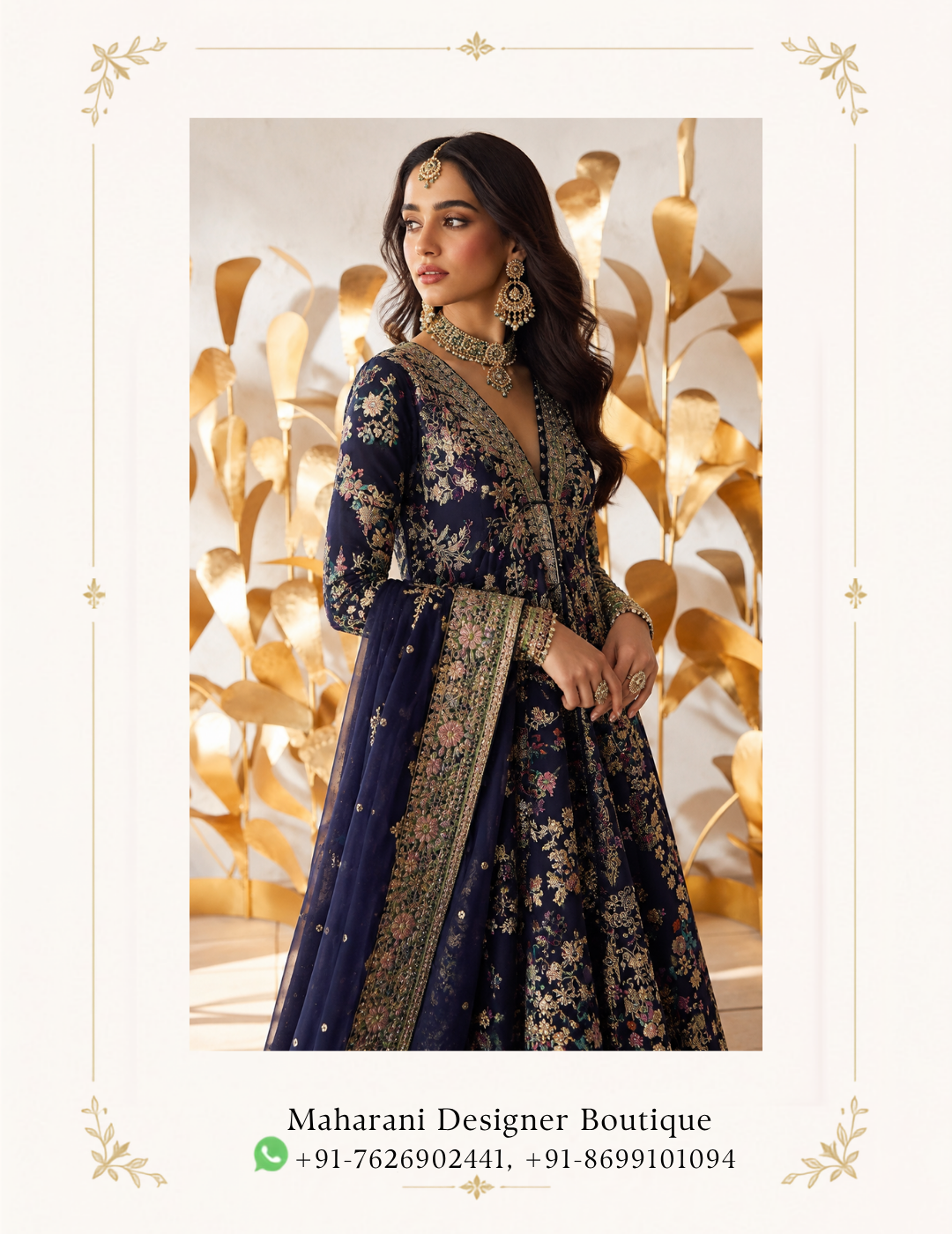 Noor-e-Navy Floral Embroidered Anarkali Suit by Maharani Designer Boutique Step into timeless elegance with the Noor-e-Navy Floral Embroidered Anarkali Suit, an exquisite occasion-wear ensemble by Maharani Designer Boutique. Designed for women who appreciate sophisticated Indian fashion, intricate embroidery and graceful silhouettes, this navy blue ensemble brings together traditional craftsmanship and contemporary styling in a beautifully coordinated look. The deep navy blue base creates a rich and sophisticated appearance, while the detailed floral embroidery introduces delicate colour and texture throughout the outfit. The flowing Anarkali silhouette creates graceful movement, making the ensemble especially striking for weddings, receptions, engagement celebrations, festive gatherings and formal evening occasions. The outfit features a beautifully embellished upper bodice and sleeves, an extensively decorated flowing skirt, and a coordinating sheer dupatta with an ornate embroidered border. The embroidery combines floral-inspired motifs with intricate decorative patterns, giving the entire ensemble a luxurious and refined appearance. The contrast between the deep navy base and the multicoloured floral embroidery makes this design particularly versatile. It has the richness required for formal celebrations while retaining a graceful, feminine character that works beautifully for both daytime and evening occasions. Whether you are attending a wedding as a close family member, celebrating an engagement, enjoying a festive dinner or looking for a statement outfit for a special event, the Noor-e-Navy Anarkali Suit offers an elegant way to embrace Indian ethnic fashion. A Sophisticated Navy Blue Colour The foundation of this ensemble is its deep navy blue colour. Navy blue is one of the most versatile shades in occasion wear. It offers the richness of a dark colour while creating a softer and more sophisticated alternative to traditional black. The deep tone provides a beautiful background for the detailed floral embroidery. The colourful motifs become more visually prominent against the navy base, creating an elegant contrast. For an evening celebration, the navy shade can be paired with gold-toned jewellery, embellished footwear and a metallic clutch. For daytime occasions, lighter jewellery and softer makeup can create a fresh and graceful appearance. The colour also makes this outfit a versatile addition to an ethnic wardrobe because it can be styled in multiple ways depending on the event. Elegant Anarkali Silhouette The flowing Anarkali-inspired silhouette is one of the defining characteristics of this design. The fitted upper section gradually opens into a broad, graceful flare, creating movement throughout the lower portion of the outfit. This flowing construction gives the ensemble a regal appearance while allowing the embroidered motifs to extend across the length of the outfit. The silhouette is particularly effective for occasions where photographs, movement and presentation are important. As the wearer walks, the flowing lower portion creates natural movement, allowing the embroidery and border detailing to become more visible. The result is a traditional Indian silhouette with an elegant contemporary presence. Intricate Floral Embroidery The floral embroidery gives the Noor-e-Navy ensemble its distinctive identity. Floral motifs appear throughout the design, creating a garden-inspired decorative effect against the dark navy background. The embroidery features multiple tones that add visual depth and dimension. Rather than relying on a single decorative element, the design incorporates repeated floral motifs across different sections of the garment. This creates continuity between the bodice, sleeves, skirt and dupatta. The floral detailing is particularly attractive for women who prefer heavily decorated clothing while still wanting the overall look to remain graceful rather than overwhelming. Embellished Bodice The upper portion of the Anarkali features concentrated embroidery that creates a strong focal point. The neckline and bodice are decorated with intricate floral and ornamental detailing, drawing attention toward the face. This area can be beautifully complemented with statement earrings or a traditional necklace. The placement of embroidery also helps transition naturally into the more expansive floral detailing across the lower portion. The result is a balanced design in which the decorative elements flow naturally from the upper body toward the hem. Beautifully Detailed Sleeves The sleeves feature the same floral embroidery language seen throughout the ensemble. This coordination helps maintain a cohesive appearance. The detailed sleeves can be highlighted with bangles or bracelets, although the embroidery itself is substantial enough to make the sleeves visually interesting. For a more traditional styling approach, pair the outfit with stacked bangles and statement earrings. For a contemporary appearance, choose one striking jewellery piece and allow the embroidered sleeves to remain the main decorative feature. Flowing Embroidered Skirt The lower portion of the Anarkali is designed with a broad, flowing flare. Its expansive silhouette provides an excellent canvas for the repeated floral embroidery. The floral motifs are distributed throughout the skirt, creating an elaborate yet harmonious appearance. The broad flare also gives the garment a beautiful sense of movement. This makes the outfit particularly suitable for weddings, receptions and festive celebrations where you may be moving between different areas, posing for photographs or enjoying traditional celebrations. Detailed Lower Border The lower section of the Anarkali is finished with an elaborate embroidered border. The border creates a strong visual foundation for the flowing silhouette. It features multiple decorative bands and floral-inspired detailing, adding richness to the bottom edge. The border is especially noticeable when the outfit moves or when the wearer is seated. This finishing detail also coordinates with the embroidery on the dupatta, creating a complete and carefully considered ensemble. Designer Dupatta The matching dupatta adds another layer of elegance to the outfit. Designed in a lightweight sheer appearance, the navy dupatta complements the main Anarkali while allowing the detailed embroidery to remain visible. Its standout feature is the heavily embroidered border. The ornate border creates definition around the delicate fabric and adds a luxurious finishing touch. The dupatta can be styled over one shoulder, across both arms or draped more traditionally over the head. Each styling method creates a slightly different appearance, making the ensemble adaptable to different occasions. Statement Dupatta Border The embroidered dupatta border is an important design element. It features intricate floral and ornamental detailing that coordinates with the lower border of the Anarkali. When the dupatta is draped over one shoulder, this border creates a decorative line extending from the shoulder toward the hem. When worn across both arms, the border frames the outfit beautifully. For traditional wedding ceremonies, the dupatta can also be placed over the head, creating a graceful and modest silhouette. Perfect Navy Blue Wedding Suit If you are searching for a sophisticated navy blue wedding suit, the Noor-e-Navy Anarkali offers a beautiful alternative to conventional red, maroon or gold outfits. The deep navy shade creates a refined appearance, while the floral embroidery provides the richness expected from formal Indian occasion wear. It can be worn by wedding guests, family members or anyone looking for an elegant statement ensemble. Pair it with traditional jewellery for a regal wedding appearance or keep the accessories minimal for a more modern aesthetic. Ideal for Reception Wear The darker colour palette makes this outfit especially suitable for evening receptions. Under warm event lighting, the embroidery can become a striking feature against the navy base. A statement clutch, elegant heels and chandelier earrings can elevate the ensemble further. For a sophisticated reception look, consider a sleek hairstyle or softly styled waves. Engagement Party Outfit The Noor-e-Navy Anarkali can also make a beautiful engagement outfit. Its combination of rich colour and floral embroidery provides enough detail for a formal celebration while remaining elegant. Choose delicate statement jewellery, a polished hairstyle and coordinated footwear. A metallic or embroidered clutch can add another layer of sophistication. Sangeet and Festive Wear The flowing silhouette makes this design suitable for sangeet celebrations and other festive events. The flare allows comfortable movement and creates a beautiful visual effect while walking or posing. For a sangeet, pair the outfit with statement earrings, bangles and embellished footwear. A more playful hairstyle can add a contemporary touch. Festive Indian Ethnic Wear This ensemble can also become a statement piece for festive celebrations. The navy colour provides a sophisticated foundation while the colourful floral embroidery introduces festive vibrancy. It can be styled for: Diwali celebrations Family functions Festive dinners Cultural gatherings Wedding ceremonies Receptions Engagement parties Sangeet functions Formal celebrations Traditional events Jewellery Styling The embroidery provides plenty of opportunities for jewellery styling. Statement Earrings Large chandelier earrings or traditional jhumkas can beautifully frame the face. Choker Necklace A detailed choker can complement the embellished neckline. Long Necklace For a more traditional appearance, a long necklace can be layered with a shorter necklace. Bangles Gold-toned or coordinated bangles can highlight the detailed sleeves. Maang Tikka For wedding ceremonies, a maang tikka can introduce a traditional bridal-inspired element. Statement Ring A statement ring can complete the look without competing with the embroidery. Gold Jewellery with Navy Blue Gold jewellery is an especially natural pairing for navy blue ethnic wear. The warm metallic tone contrasts beautifully against the deep blue base. Choose gold-toned earrings, bangles and a necklace for a traditional appearance. If the embroidery includes multiple colours, select jewellery that complements rather than competes with those tones. Hairstyle Ideas The Noor-e-Navy Anarkali can be paired with a variety of hairstyles. Soft Waves Loose waves create a feminine and contemporary appearance. Side-Swept Curls Side-swept curls create a glamorous evening look. Low Bun A polished low bun places greater emphasis on the neckline and earrings. Traditional Bun A traditional bun decorated with flowers can complement wedding styling. Half-Up Hairstyle A half-up style balances traditional and modern aesthetics. Makeup Suggestions The navy base works well with both warm and neutral makeup palettes. For a daytime event, consider: Soft eyeliner Natural eyeshadow Warm blush Subtle highlighter Nude or peach lipstick For evening occasions, you can create a more dramatic look with: Defined eyes Smoky or bronze eyeshadow Highlighted cheekbones Deeper lip colour The best makeup choice should complement your personal style and the lighting of the event. Footwear Suggestions The flowing Anarkali silhouette works beautifully with elevated footwear. Consider: Gold heels Embellished sandals Metallic heels Traditional juttis Embroidered mojaris Neutral heels For formal events, embellished heels can enhance the overall appearance. For longer celebrations, choose footwear that provides sufficient comfort and support. Clutch Styling A small clutch is the perfect finishing accessory for this outfit. Gold, champagne, silver or navy clutches can all complement the ensemble. For a traditional appearance, an embellished potli bag can work beautifully. For a contemporary evening look, choose a structured metallic clutch. Keep the design coordinated with the embroidery so the accessories enhance rather than overpower the outfit. Dupatta Draping Options The dupatta offers several styling possibilities. One-Shoulder Drape Place the dupatta over one shoulder and allow the embroidered border to fall vertically. Arm Drape Drape the dupatta across both arms for a formal and balanced appearance. Head Drape For traditional ceremonies, place the dupatta over the head. Front Drape Allow the embroidered border to fall toward the front to showcase its detailed work. Styling for Daytime Events For daytime occasions, keep the styling fresh and refined. Choose lighter jewellery, natural makeup and a simple hairstyle. Allow the navy colour and floral embroidery to remain the main focus. A pair of statement earrings and embellished flats can be enough to complete the look. Styling for Evening Events Evening celebrations provide an opportunity to make the ensemble more dramatic. Choose statement earrings, a choker, bangles and metallic heels. A polished hairstyle and defined eye makeup can further enhance the outfit. The deep navy base naturally lends itself to evening styling. Modern Fusion Styling The traditional silhouette can be given a contemporary interpretation. Drape the dupatta over one shoulder. Choose oversized earrings instead of a complete jewellery set. Wear modern metallic heels. Keep the hairstyle softly waved. Use a structured clutch instead of a traditional potli. This creates a modern Indian fashion look while preserving the traditional character of the Anarkali. Traditional Wedding Styling For a more traditional appearance, consider: Maang tikka Jhumkas Choker necklace Gold bangles Embellished juttis Traditional hairstyle Head-draped dupatta This combination creates a graceful ethnic look suitable for wedding ceremonies and family celebrations. Why Choose the Noor-e-Navy Anarkali Suit? The Noor-e-Navy Floral Embroidered Anarkali Suit combines several elements that make it ideal for occasion wear. Rich Navy Base The deep navy colour provides sophistication and versatility. Floral Embroidery The colourful floral embroidery creates visual depth and elegance. Flowing Silhouette The broad Anarkali flare adds movement and grace. Detailed Sleeves Embroidered sleeves enhance the overall richness. Ornate Border The lower border gives the outfit a refined finishing detail. Matching Dupatta The coordinated dupatta completes the ensemble. Versatile Styling The outfit can be adapted for weddings, receptions, engagements and festive celebrations. A Statement Piece for Your Ethnic Wardrobe A well-designed occasion outfit should be versatile enough to make an impression at different celebrations. The Noor-e-Navy ensemble offers this versatility through its combination of a sophisticated dark base and colourful embroidery. The navy colour can be styled with gold, silver or neutral accessories. The floral detailing gives the outfit a festive quality. The flowing silhouette ensures the garment retains an elegant presence throughout the event. This makes it a valuable choice for women building a refined ethnic wardrobe. Maharani Designer Boutique Maharani Designer Boutique presents occasion-wear styles inspired by the richness of Indian ethnic fashion. The Noor-e-Navy Floral Embroidered Anarkali Suit reflects a balance between traditional decorative aesthetics and contemporary elegance. From its deep navy foundation to its detailed floral embroidery and ornate dupatta border, every visible element contributes to a coordinated occasion-wear look. The ensemble is particularly suitable for women searching for navy blue Anarkali suits, embroidered wedding suits, designer Indian suits, festive ethnic wear and elegant occasion outfits. Whether styled traditionally with jewellery and a head-draped dupatta or worn in a contemporary way with statement earrings and a modern clutch, the design can adapt to your personal fashion preferences. Product Details Product Name: Noor-e-Navy Floral Embroidered Anarkali Suit Brand: Maharani Designer Boutique Category: Designer Anarkali Suit Primary Colour: Navy Blue Style: Floral Embroidered Anarkali Top: Long flowing embroidered Anarkali with detailed neckline, bodice and sleeves Bottom: Coordinated lower Anarkali silhouette Dupatta: Matching navy sheer-style dupatta with elaborate embroidered border Embroidery: Floral and ornamental-inspired embroidery Occasion: Wedding, Reception, Engagement, Sangeet, Festive Celebration and Formal Party Wear Important product note: Exact fabric composition, lining, garment measurements, embroidery technique, customization availability and included accessories should be confirmed with Maharani Designer Boutique before purchase. These specifications cannot be determined with certainty from the product image alone. Care Instructions As this is an embellished occasion-wear garment, careful handling is recommended. Store the outfit in a clean, breathable garment bag when it is not being worn. Avoid placing heavy objects on the embroidered sections. Keep jewellery, bags and other accessories from rubbing directly against delicate embroidered areas. Avoid spraying perfume or hairspray directly onto the garment. Allow the outfit to air appropriately after wearing before placing it into storage. Fold the dupatta carefully so that its embroidered border is protected. For cleaning, follow the garment's specific care label and the boutique's recommendations. Depending on the final fabric and embellishment construction, professional cleaning may be preferable.