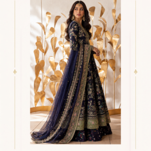 Noor-e-Navy Floral Embroidered Anarkali Suit by Maharani Designer Boutique Step into timeless elegance with the Noor-e-Navy Floral Embroidered Anarkali Suit, an exquisite occasion-wear ensemble by Maharani Designer Boutique. Designed for women who appreciate sophisticated Indian fashion, intricate embroidery and graceful silhouettes, this navy blue ensemble brings together traditional craftsmanship and contemporary styling in a beautifully coordinated look. The deep navy blue base creates a rich and sophisticated appearance, while the detailed floral embroidery introduces delicate colour and texture throughout the outfit. The flowing Anarkali silhouette creates graceful movement, making the ensemble especially striking for weddings, receptions, engagement celebrations, festive gatherings and formal evening occasions. The outfit features a beautifully embellished upper bodice and sleeves, an extensively decorated flowing skirt, and a coordinating sheer dupatta with an ornate embroidered border. The embroidery combines floral-inspired motifs with intricate decorative patterns, giving the entire ensemble a luxurious and refined appearance. The contrast between the deep navy base and the multicoloured floral embroidery makes this design particularly versatile. It has the richness required for formal celebrations while retaining a graceful, feminine character that works beautifully for both daytime and evening occasions. Whether you are attending a wedding as a close family member, celebrating an engagement, enjoying a festive dinner or looking for a statement outfit for a special event, the Noor-e-Navy Anarkali Suit offers an elegant way to embrace Indian ethnic fashion. A Sophisticated Navy Blue Colour The foundation of this ensemble is its deep navy blue colour. Navy blue is one of the most versatile shades in occasion wear. It offers the richness of a dark colour while creating a softer and more sophisticated alternative to traditional black. The deep tone provides a beautiful background for the detailed floral embroidery. The colourful motifs become more visually prominent against the navy base, creating an elegant contrast. For an evening celebration, the navy shade can be paired with gold-toned jewellery, embellished footwear and a metallic clutch. For daytime occasions, lighter jewellery and softer makeup can create a fresh and graceful appearance. The colour also makes this outfit a versatile addition to an ethnic wardrobe because it can be styled in multiple ways depending on the event. Elegant Anarkali Silhouette The flowing Anarkali-inspired silhouette is one of the defining characteristics of this design. The fitted upper section gradually opens into a broad, graceful flare, creating movement throughout the lower portion of the outfit. This flowing construction gives the ensemble a regal appearance while allowing the embroidered motifs to extend across the length of the outfit. The silhouette is particularly effective for occasions where photographs, movement and presentation are important. As the wearer walks, the flowing lower portion creates natural movement, allowing the embroidery and border detailing to become more visible. The result is a traditional Indian silhouette with an elegant contemporary presence. Intricate Floral Embroidery The floral embroidery gives the Noor-e-Navy ensemble its distinctive identity. Floral motifs appear throughout the design, creating a garden-inspired decorative effect against the dark navy background. The embroidery features multiple tones that add visual depth and dimension. Rather than relying on a single decorative element, the design incorporates repeated floral motifs across different sections of the garment. This creates continuity between the bodice, sleeves, skirt and dupatta. The floral detailing is particularly attractive for women who prefer heavily decorated clothing while still wanting the overall look to remain graceful rather than overwhelming. Embellished Bodice The upper portion of the Anarkali features concentrated embroidery that creates a strong focal point. The neckline and bodice are decorated with intricate floral and ornamental detailing, drawing attention toward the face. This area can be beautifully complemented with statement earrings or a traditional necklace. The placement of embroidery also helps transition naturally into the more expansive floral detailing across the lower portion. The result is a balanced design in which the decorative elements flow naturally from the upper body toward the hem. Beautifully Detailed Sleeves The sleeves feature the same floral embroidery language seen throughout the ensemble. This coordination helps maintain a cohesive appearance. The detailed sleeves can be highlighted with bangles or bracelets, although the embroidery itself is substantial enough to make the sleeves visually interesting. For a more traditional styling approach, pair the outfit with stacked bangles and statement earrings. For a contemporary appearance, choose one striking jewellery piece and allow the embroidered sleeves to remain the main decorative feature. Flowing Embroidered Skirt The lower portion of the Anarkali is designed with a broad, flowing flare. Its expansive silhouette provides an excellent canvas for the repeated floral embroidery. The floral motifs are distributed throughout the skirt, creating an elaborate yet harmonious appearance. The broad flare also gives the garment a beautiful sense of movement. This makes the outfit particularly suitable for weddings, receptions and festive celebrations where you may be moving between different areas, posing for photographs or enjoying traditional celebrations. Detailed Lower Border The lower section of the Anarkali is finished with an elaborate embroidered border. The border creates a strong visual foundation for the flowing silhouette. It features multiple decorative bands and floral-inspired detailing, adding richness to the bottom edge. The border is especially noticeable when the outfit moves or when the wearer is seated. This finishing detail also coordinates with the embroidery on the dupatta, creating a complete and carefully considered ensemble. Designer Dupatta The matching dupatta adds another layer of elegance to the outfit. Designed in a lightweight sheer appearance, the navy dupatta complements the main Anarkali while allowing the detailed embroidery to remain visible. Its standout feature is the heavily embroidered border. The ornate border creates definition around the delicate fabric and adds a luxurious finishing touch. The dupatta can be styled over one shoulder, across both arms or draped more traditionally over the head. Each styling method creates a slightly different appearance, making the ensemble adaptable to different occasions. Statement Dupatta Border The embroidered dupatta border is an important design element. It features intricate floral and ornamental detailing that coordinates with the lower border of the Anarkali. When the dupatta is draped over one shoulder, this border creates a decorative line extending from the shoulder toward the hem. When worn across both arms, the border frames the outfit beautifully. For traditional wedding ceremonies, the dupatta can also be placed over the head, creating a graceful and modest silhouette. Perfect Navy Blue Wedding Suit If you are searching for a sophisticated navy blue wedding suit, the Noor-e-Navy Anarkali offers a beautiful alternative to conventional red, maroon or gold outfits. The deep navy shade creates a refined appearance, while the floral embroidery provides the richness expected from formal Indian occasion wear. It can be worn by wedding guests, family members or anyone looking for an elegant statement ensemble. Pair it with traditional jewellery for a regal wedding appearance or keep the accessories minimal for a more modern aesthetic. Ideal for Reception Wear The darker colour palette makes this outfit especially suitable for evening receptions. Under warm event lighting, the embroidery can become a striking feature against the navy base. A statement clutch, elegant heels and chandelier earrings can elevate the ensemble further. For a sophisticated reception look, consider a sleek hairstyle or softly styled waves. Engagement Party Outfit The Noor-e-Navy Anarkali can also make a beautiful engagement outfit. Its combination of rich colour and floral embroidery provides enough detail for a formal celebration while remaining elegant. Choose delicate statement jewellery, a polished hairstyle and coordinated footwear. A metallic or embroidered clutch can add another layer of sophistication. Sangeet and Festive Wear The flowing silhouette makes this design suitable for sangeet celebrations and other festive events. The flare allows comfortable movement and creates a beautiful visual effect while walking or posing. For a sangeet, pair the outfit with statement earrings, bangles and embellished footwear. A more playful hairstyle can add a contemporary touch. Festive Indian Ethnic Wear This ensemble can also become a statement piece for festive celebrations. The navy colour provides a sophisticated foundation while the colourful floral embroidery introduces festive vibrancy. It can be styled for: Diwali celebrations Family functions Festive dinners Cultural gatherings Wedding ceremonies Receptions Engagement parties Sangeet functions Formal celebrations Traditional events Jewellery Styling The embroidery provides plenty of opportunities for jewellery styling. Statement Earrings Large chandelier earrings or traditional jhumkas can beautifully frame the face. Choker Necklace A detailed choker can complement the embellished neckline. Long Necklace For a more traditional appearance, a long necklace can be layered with a shorter necklace. Bangles Gold-toned or coordinated bangles can highlight the detailed sleeves. Maang Tikka For wedding ceremonies, a maang tikka can introduce a traditional bridal-inspired element. Statement Ring A statement ring can complete the look without competing with the embroidery. Gold Jewellery with Navy Blue Gold jewellery is an especially natural pairing for navy blue ethnic wear. The warm metallic tone contrasts beautifully against the deep blue base. Choose gold-toned earrings, bangles and a necklace for a traditional appearance. If the embroidery includes multiple colours, select jewellery that complements rather than competes with those tones. Hairstyle Ideas The Noor-e-Navy Anarkali can be paired with a variety of hairstyles. Soft Waves Loose waves create a feminine and contemporary appearance. Side-Swept Curls Side-swept curls create a glamorous evening look. Low Bun A polished low bun places greater emphasis on the neckline and earrings. Traditional Bun A traditional bun decorated with flowers can complement wedding styling. Half-Up Hairstyle A half-up style balances traditional and modern aesthetics. Makeup Suggestions The navy base works well with both warm and neutral makeup palettes. For a daytime event, consider: Soft eyeliner Natural eyeshadow Warm blush Subtle highlighter Nude or peach lipstick For evening occasions, you can create a more dramatic look with: Defined eyes Smoky or bronze eyeshadow Highlighted cheekbones Deeper lip colour The best makeup choice should complement your personal style and the lighting of the event. Footwear Suggestions The flowing Anarkali silhouette works beautifully with elevated footwear. Consider: Gold heels Embellished sandals Metallic heels Traditional juttis Embroidered mojaris Neutral heels For formal events, embellished heels can enhance the overall appearance. For longer celebrations, choose footwear that provides sufficient comfort and support. Clutch Styling A small clutch is the perfect finishing accessory for this outfit. Gold, champagne, silver or navy clutches can all complement the ensemble. For a traditional appearance, an embellished potli bag can work beautifully. For a contemporary evening look, choose a structured metallic clutch. Keep the design coordinated with the embroidery so the accessories enhance rather than overpower the outfit. Dupatta Draping Options The dupatta offers several styling possibilities. One-Shoulder Drape Place the dupatta over one shoulder and allow the embroidered border to fall vertically. Arm Drape Drape the dupatta across both arms for a formal and balanced appearance. Head Drape For traditional ceremonies, place the dupatta over the head. Front Drape Allow the embroidered border to fall toward the front to showcase its detailed work. Styling for Daytime Events For daytime occasions, keep the styling fresh and refined. Choose lighter jewellery, natural makeup and a simple hairstyle. Allow the navy colour and floral embroidery to remain the main focus. A pair of statement earrings and embellished flats can be enough to complete the look. Styling for Evening Events Evening celebrations provide an opportunity to make the ensemble more dramatic. Choose statement earrings, a choker, bangles and metallic heels. A polished hairstyle and defined eye makeup can further enhance the outfit. The deep navy base naturally lends itself to evening styling. Modern Fusion Styling The traditional silhouette can be given a contemporary interpretation. Drape the dupatta over one shoulder. Choose oversized earrings instead of a complete jewellery set. Wear modern metallic heels. Keep the hairstyle softly waved. Use a structured clutch instead of a traditional potli. This creates a modern Indian fashion look while preserving the traditional character of the Anarkali. Traditional Wedding Styling For a more traditional appearance, consider: Maang tikka Jhumkas Choker necklace Gold bangles Embellished juttis Traditional hairstyle Head-draped dupatta This combination creates a graceful ethnic look suitable for wedding ceremonies and family celebrations. Why Choose the Noor-e-Navy Anarkali Suit? The Noor-e-Navy Floral Embroidered Anarkali Suit combines several elements that make it ideal for occasion wear. Rich Navy Base The deep navy colour provides sophistication and versatility. Floral Embroidery The colourful floral embroidery creates visual depth and elegance. Flowing Silhouette The broad Anarkali flare adds movement and grace. Detailed Sleeves Embroidered sleeves enhance the overall richness. Ornate Border The lower border gives the outfit a refined finishing detail. Matching Dupatta The coordinated dupatta completes the ensemble. Versatile Styling The outfit can be adapted for weddings, receptions, engagements and festive celebrations. A Statement Piece for Your Ethnic Wardrobe A well-designed occasion outfit should be versatile enough to make an impression at different celebrations. The Noor-e-Navy ensemble offers this versatility through its combination of a sophisticated dark base and colourful embroidery. The navy colour can be styled with gold, silver or neutral accessories. The floral detailing gives the outfit a festive quality. The flowing silhouette ensures the garment retains an elegant presence throughout the event. This makes it a valuable choice for women building a refined ethnic wardrobe. Maharani Designer Boutique Maharani Designer Boutique presents occasion-wear styles inspired by the richness of Indian ethnic fashion. The Noor-e-Navy Floral Embroidered Anarkali Suit reflects a balance between traditional decorative aesthetics and contemporary elegance. From its deep navy foundation to its detailed floral embroidery and ornate dupatta border, every visible element contributes to a coordinated occasion-wear look. The ensemble is particularly suitable for women searching for navy blue Anarkali suits, embroidered wedding suits, designer Indian suits, festive ethnic wear and elegant occasion outfits. Whether styled traditionally with jewellery and a head-draped dupatta or worn in a contemporary way with statement earrings and a modern clutch, the design can adapt to your personal fashion preferences. Product Details Product Name: Noor-e-Navy Floral Embroidered Anarkali Suit Brand: Maharani Designer Boutique Category: Designer Anarkali Suit Primary Colour: Navy Blue Style: Floral Embroidered Anarkali Top: Long flowing embroidered Anarkali with detailed neckline, bodice and sleeves Bottom: Coordinated lower Anarkali silhouette Dupatta: Matching navy sheer-style dupatta with elaborate embroidered border Embroidery: Floral and ornamental-inspired embroidery Occasion: Wedding, Reception, Engagement, Sangeet, Festive Celebration and Formal Party Wear Important product note: Exact fabric composition, lining, garment measurements, embroidery technique, customization availability and included accessories should be confirmed with Maharani Designer Boutique before purchase. These specifications cannot be determined with certainty from the product image alone. Care Instructions As this is an embellished occasion-wear garment, careful handling is recommended. Store the outfit in a clean, breathable garment bag when it is not being worn. Avoid placing heavy objects on the embroidered sections. Keep jewellery, bags and other accessories from rubbing directly against delicate embroidered areas. Avoid spraying perfume or hairspray directly onto the garment. Allow the outfit to air appropriately after wearing before placing it into storage. Fold the dupatta carefully so that its embroidered border is protected. For cleaning, follow the garment's specific care label and the boutique's recommendations. Depending on the final fabric and embellishment construction, professional cleaning may be preferable.