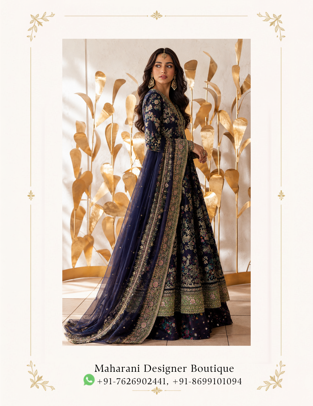 Noor-e-Navy Floral Embroidered Anarkali Suit by Maharani Designer Boutique Step into timeless elegance with the Noor-e-Navy Floral Embroidered Anarkali Suit, an exquisite occasion-wear ensemble by Maharani Designer Boutique. Designed for women who appreciate sophisticated Indian fashion, intricate embroidery and graceful silhouettes, this navy blue ensemble brings together traditional craftsmanship and contemporary styling in a beautifully coordinated look. The deep navy blue base creates a rich and sophisticated appearance, while the detailed floral embroidery introduces delicate colour and texture throughout the outfit. The flowing Anarkali silhouette creates graceful movement, making the ensemble especially striking for weddings, receptions, engagement celebrations, festive gatherings and formal evening occasions. The outfit features a beautifully embellished upper bodice and sleeves, an extensively decorated flowing skirt, and a coordinating sheer dupatta with an ornate embroidered border. The embroidery combines floral-inspired motifs with intricate decorative patterns, giving the entire ensemble a luxurious and refined appearance. The contrast between the deep navy base and the multicoloured floral embroidery makes this design particularly versatile. It has the richness required for formal celebrations while retaining a graceful, feminine character that works beautifully for both daytime and evening occasions. Whether you are attending a wedding as a close family member, celebrating an engagement, enjoying a festive dinner or looking for a statement outfit for a special event, the Noor-e-Navy Anarkali Suit offers an elegant way to embrace Indian ethnic fashion. A Sophisticated Navy Blue Colour The foundation of this ensemble is its deep navy blue colour. Navy blue is one of the most versatile shades in occasion wear. It offers the richness of a dark colour while creating a softer and more sophisticated alternative to traditional black. The deep tone provides a beautiful background for the detailed floral embroidery. The colourful motifs become more visually prominent against the navy base, creating an elegant contrast. For an evening celebration, the navy shade can be paired with gold-toned jewellery, embellished footwear and a metallic clutch. For daytime occasions, lighter jewellery and softer makeup can create a fresh and graceful appearance. The colour also makes this outfit a versatile addition to an ethnic wardrobe because it can be styled in multiple ways depending on the event. Elegant Anarkali Silhouette The flowing Anarkali-inspired silhouette is one of the defining characteristics of this design. The fitted upper section gradually opens into a broad, graceful flare, creating movement throughout the lower portion of the outfit. This flowing construction gives the ensemble a regal appearance while allowing the embroidered motifs to extend across the length of the outfit. The silhouette is particularly effective for occasions where photographs, movement and presentation are important. As the wearer walks, the flowing lower portion creates natural movement, allowing the embroidery and border detailing to become more visible. The result is a traditional Indian silhouette with an elegant contemporary presence. Intricate Floral Embroidery The floral embroidery gives the Noor-e-Navy ensemble its distinctive identity. Floral motifs appear throughout the design, creating a garden-inspired decorative effect against the dark navy background. The embroidery features multiple tones that add visual depth and dimension. Rather than relying on a single decorative element, the design incorporates repeated floral motifs across different sections of the garment. This creates continuity between the bodice, sleeves, skirt and dupatta. The floral detailing is particularly attractive for women who prefer heavily decorated clothing while still wanting the overall look to remain graceful rather than overwhelming. Embellished Bodice The upper portion of the Anarkali features concentrated embroidery that creates a strong focal point. The neckline and bodice are decorated with intricate floral and ornamental detailing, drawing attention toward the face. This area can be beautifully complemented with statement earrings or a traditional necklace. The placement of embroidery also helps transition naturally into the more expansive floral detailing across the lower portion. The result is a balanced design in which the decorative elements flow naturally from the upper body toward the hem. Beautifully Detailed Sleeves The sleeves feature the same floral embroidery language seen throughout the ensemble. This coordination helps maintain a cohesive appearance. The detailed sleeves can be highlighted with bangles or bracelets, although the embroidery itself is substantial enough to make the sleeves visually interesting. For a more traditional styling approach, pair the outfit with stacked bangles and statement earrings. For a contemporary appearance, choose one striking jewellery piece and allow the embroidered sleeves to remain the main decorative feature. Flowing Embroidered Skirt The lower portion of the Anarkali is designed with a broad, flowing flare. Its expansive silhouette provides an excellent canvas for the repeated floral embroidery. The floral motifs are distributed throughout the skirt, creating an elaborate yet harmonious appearance. The broad flare also gives the garment a beautiful sense of movement. This makes the outfit particularly suitable for weddings, receptions and festive celebrations where you may be moving between different areas, posing for photographs or enjoying traditional celebrations. Detailed Lower Border The lower section of the Anarkali is finished with an elaborate embroidered border. The border creates a strong visual foundation for the flowing silhouette. It features multiple decorative bands and floral-inspired detailing, adding richness to the bottom edge. The border is especially noticeable when the outfit moves or when the wearer is seated. This finishing detail also coordinates with the embroidery on the dupatta, creating a complete and carefully considered ensemble. Designer Dupatta The matching dupatta adds another layer of elegance to the outfit. Designed in a lightweight sheer appearance, the navy dupatta complements the main Anarkali while allowing the detailed embroidery to remain visible. Its standout feature is the heavily embroidered border. The ornate border creates definition around the delicate fabric and adds a luxurious finishing touch. The dupatta can be styled over one shoulder, across both arms or draped more traditionally over the head. Each styling method creates a slightly different appearance, making the ensemble adaptable to different occasions. Statement Dupatta Border The embroidered dupatta border is an important design element. It features intricate floral and ornamental detailing that coordinates with the lower border of the Anarkali. When the dupatta is draped over one shoulder, this border creates a decorative line extending from the shoulder toward the hem. When worn across both arms, the border frames the outfit beautifully. For traditional wedding ceremonies, the dupatta can also be placed over the head, creating a graceful and modest silhouette. Perfect Navy Blue Wedding Suit If you are searching for a sophisticated navy blue wedding suit, the Noor-e-Navy Anarkali offers a beautiful alternative to conventional red, maroon or gold outfits. The deep navy shade creates a refined appearance, while the floral embroidery provides the richness expected from formal Indian occasion wear. It can be worn by wedding guests, family members or anyone looking for an elegant statement ensemble. Pair it with traditional jewellery for a regal wedding appearance or keep the accessories minimal for a more modern aesthetic. Ideal for Reception Wear The darker colour palette makes this outfit especially suitable for evening receptions. Under warm event lighting, the embroidery can become a striking feature against the navy base. A statement clutch, elegant heels and chandelier earrings can elevate the ensemble further. For a sophisticated reception look, consider a sleek hairstyle or softly styled waves. Engagement Party Outfit The Noor-e-Navy Anarkali can also make a beautiful engagement outfit. Its combination of rich colour and floral embroidery provides enough detail for a formal celebration while remaining elegant. Choose delicate statement jewellery, a polished hairstyle and coordinated footwear. A metallic or embroidered clutch can add another layer of sophistication. Sangeet and Festive Wear The flowing silhouette makes this design suitable for sangeet celebrations and other festive events. The flare allows comfortable movement and creates a beautiful visual effect while walking or posing. For a sangeet, pair the outfit with statement earrings, bangles and embellished footwear. A more playful hairstyle can add a contemporary touch. Festive Indian Ethnic Wear This ensemble can also become a statement piece for festive celebrations. The navy colour provides a sophisticated foundation while the colourful floral embroidery introduces festive vibrancy. It can be styled for: Diwali celebrations Family functions Festive dinners Cultural gatherings Wedding ceremonies Receptions Engagement parties Sangeet functions Formal celebrations Traditional events Jewellery Styling The embroidery provides plenty of opportunities for jewellery styling. Statement Earrings Large chandelier earrings or traditional jhumkas can beautifully frame the face. Choker Necklace A detailed choker can complement the embellished neckline. Long Necklace For a more traditional appearance, a long necklace can be layered with a shorter necklace. Bangles Gold-toned or coordinated bangles can highlight the detailed sleeves. Maang Tikka For wedding ceremonies, a maang tikka can introduce a traditional bridal-inspired element. Statement Ring A statement ring can complete the look without competing with the embroidery. Gold Jewellery with Navy Blue Gold jewellery is an especially natural pairing for navy blue ethnic wear. The warm metallic tone contrasts beautifully against the deep blue base. Choose gold-toned earrings, bangles and a necklace for a traditional appearance. If the embroidery includes multiple colours, select jewellery that complements rather than competes with those tones. Hairstyle Ideas The Noor-e-Navy Anarkali can be paired with a variety of hairstyles. Soft Waves Loose waves create a feminine and contemporary appearance. Side-Swept Curls Side-swept curls create a glamorous evening look. Low Bun A polished low bun places greater emphasis on the neckline and earrings. Traditional Bun A traditional bun decorated with flowers can complement wedding styling. Half-Up Hairstyle A half-up style balances traditional and modern aesthetics. Makeup Suggestions The navy base works well with both warm and neutral makeup palettes. For a daytime event, consider: Soft eyeliner Natural eyeshadow Warm blush Subtle highlighter Nude or peach lipstick For evening occasions, you can create a more dramatic look with: Defined eyes Smoky or bronze eyeshadow Highlighted cheekbones Deeper lip colour The best makeup choice should complement your personal style and the lighting of the event. Footwear Suggestions The flowing Anarkali silhouette works beautifully with elevated footwear. Consider: Gold heels Embellished sandals Metallic heels Traditional juttis Embroidered mojaris Neutral heels For formal events, embellished heels can enhance the overall appearance. For longer celebrations, choose footwear that provides sufficient comfort and support. Clutch Styling A small clutch is the perfect finishing accessory for this outfit. Gold, champagne, silver or navy clutches can all complement the ensemble. For a traditional appearance, an embellished potli bag can work beautifully. For a contemporary evening look, choose a structured metallic clutch. Keep the design coordinated with the embroidery so the accessories enhance rather than overpower the outfit. Dupatta Draping Options The dupatta offers several styling possibilities. One-Shoulder Drape Place the dupatta over one shoulder and allow the embroidered border to fall vertically. Arm Drape Drape the dupatta across both arms for a formal and balanced appearance. Head Drape For traditional ceremonies, place the dupatta over the head. Front Drape Allow the embroidered border to fall toward the front to showcase its detailed work. Styling for Daytime Events For daytime occasions, keep the styling fresh and refined. Choose lighter jewellery, natural makeup and a simple hairstyle. Allow the navy colour and floral embroidery to remain the main focus. A pair of statement earrings and embellished flats can be enough to complete the look. Styling for Evening Events Evening celebrations provide an opportunity to make the ensemble more dramatic. Choose statement earrings, a choker, bangles and metallic heels. A polished hairstyle and defined eye makeup can further enhance the outfit. The deep navy base naturally lends itself to evening styling. Modern Fusion Styling The traditional silhouette can be given a contemporary interpretation. Drape the dupatta over one shoulder. Choose oversized earrings instead of a complete jewellery set. Wear modern metallic heels. Keep the hairstyle softly waved. Use a structured clutch instead of a traditional potli. This creates a modern Indian fashion look while preserving the traditional character of the Anarkali. Traditional Wedding Styling For a more traditional appearance, consider: Maang tikka Jhumkas Choker necklace Gold bangles Embellished juttis Traditional hairstyle Head-draped dupatta This combination creates a graceful ethnic look suitable for wedding ceremonies and family celebrations. Why Choose the Noor-e-Navy Anarkali Suit? The Noor-e-Navy Floral Embroidered Anarkali Suit combines several elements that make it ideal for occasion wear. Rich Navy Base The deep navy colour provides sophistication and versatility. Floral Embroidery The colourful floral embroidery creates visual depth and elegance. Flowing Silhouette The broad Anarkali flare adds movement and grace. Detailed Sleeves Embroidered sleeves enhance the overall richness. Ornate Border The lower border gives the outfit a refined finishing detail. Matching Dupatta The coordinated dupatta completes the ensemble. Versatile Styling The outfit can be adapted for weddings, receptions, engagements and festive celebrations. A Statement Piece for Your Ethnic Wardrobe A well-designed occasion outfit should be versatile enough to make an impression at different celebrations. The Noor-e-Navy ensemble offers this versatility through its combination of a sophisticated dark base and colourful embroidery. The navy colour can be styled with gold, silver or neutral accessories. The floral detailing gives the outfit a festive quality. The flowing silhouette ensures the garment retains an elegant presence throughout the event. This makes it a valuable choice for women building a refined ethnic wardrobe. Maharani Designer Boutique Maharani Designer Boutique presents occasion-wear styles inspired by the richness of Indian ethnic fashion. The Noor-e-Navy Floral Embroidered Anarkali Suit reflects a balance between traditional decorative aesthetics and contemporary elegance. From its deep navy foundation to its detailed floral embroidery and ornate dupatta border, every visible element contributes to a coordinated occasion-wear look. The ensemble is particularly suitable for women searching for navy blue Anarkali suits, embroidered wedding suits, designer Indian suits, festive ethnic wear and elegant occasion outfits. Whether styled traditionally with jewellery and a head-draped dupatta or worn in a contemporary way with statement earrings and a modern clutch, the design can adapt to your personal fashion preferences. Product Details Product Name: Noor-e-Navy Floral Embroidered Anarkali Suit Brand: Maharani Designer Boutique Category: Designer Anarkali Suit Primary Colour: Navy Blue Style: Floral Embroidered Anarkali Top: Long flowing embroidered Anarkali with detailed neckline, bodice and sleeves Bottom: Coordinated lower Anarkali silhouette Dupatta: Matching navy sheer-style dupatta with elaborate embroidered border Embroidery: Floral and ornamental-inspired embroidery Occasion: Wedding, Reception, Engagement, Sangeet, Festive Celebration and Formal Party Wear Important product note: Exact fabric composition, lining, garment measurements, embroidery technique, customization availability and included accessories should be confirmed with Maharani Designer Boutique before purchase. These specifications cannot be determined with certainty from the product image alone. Care Instructions As this is an embellished occasion-wear garment, careful handling is recommended. Store the outfit in a clean, breathable garment bag when it is not being worn. Avoid placing heavy objects on the embroidered sections. Keep jewellery, bags and other accessories from rubbing directly against delicate embroidered areas. Avoid spraying perfume or hairspray directly onto the garment. Allow the outfit to air appropriately after wearing before placing it into storage. Fold the dupatta carefully so that its embroidered border is protected. For cleaning, follow the garment's specific care label and the boutique's recommendations. Depending on the final fabric and embellishment construction, professional cleaning may be preferable.