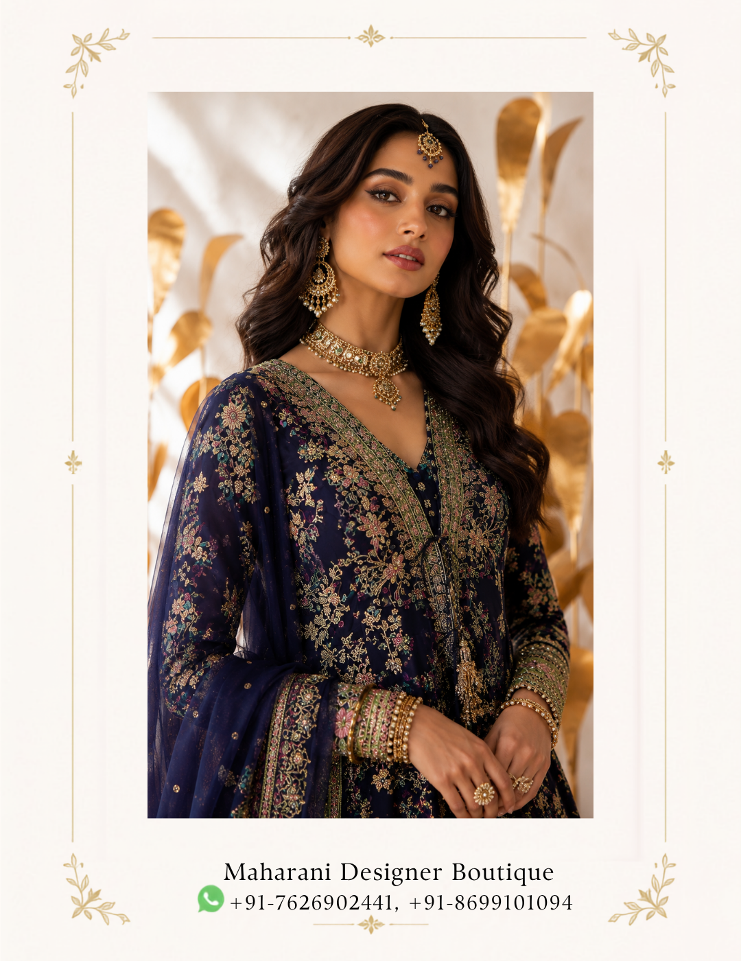 Noor-e-Navy Floral Embroidered Anarkali Suit by Maharani Designer Boutique Step into timeless elegance with the Noor-e-Navy Floral Embroidered Anarkali Suit, an exquisite occasion-wear ensemble by Maharani Designer Boutique. Designed for women who appreciate sophisticated Indian fashion, intricate embroidery and graceful silhouettes, this navy blue ensemble brings together traditional craftsmanship and contemporary styling in a beautifully coordinated look. The deep navy blue base creates a rich and sophisticated appearance, while the detailed floral embroidery introduces delicate colour and texture throughout the outfit. The flowing Anarkali silhouette creates graceful movement, making the ensemble especially striking for weddings, receptions, engagement celebrations, festive gatherings and formal evening occasions. The outfit features a beautifully embellished upper bodice and sleeves, an extensively decorated flowing skirt, and a coordinating sheer dupatta with an ornate embroidered border. The embroidery combines floral-inspired motifs with intricate decorative patterns, giving the entire ensemble a luxurious and refined appearance. The contrast between the deep navy base and the multicoloured floral embroidery makes this design particularly versatile. It has the richness required for formal celebrations while retaining a graceful, feminine character that works beautifully for both daytime and evening occasions. Whether you are attending a wedding as a close family member, celebrating an engagement, enjoying a festive dinner or looking for a statement outfit for a special event, the Noor-e-Navy Anarkali Suit offers an elegant way to embrace Indian ethnic fashion. A Sophisticated Navy Blue Colour The foundation of this ensemble is its deep navy blue colour. Navy blue is one of the most versatile shades in occasion wear. It offers the richness of a dark colour while creating a softer and more sophisticated alternative to traditional black. The deep tone provides a beautiful background for the detailed floral embroidery. The colourful motifs become more visually prominent against the navy base, creating an elegant contrast. For an evening celebration, the navy shade can be paired with gold-toned jewellery, embellished footwear and a metallic clutch. For daytime occasions, lighter jewellery and softer makeup can create a fresh and graceful appearance. The colour also makes this outfit a versatile addition to an ethnic wardrobe because it can be styled in multiple ways depending on the event. Elegant Anarkali Silhouette The flowing Anarkali-inspired silhouette is one of the defining characteristics of this design. The fitted upper section gradually opens into a broad, graceful flare, creating movement throughout the lower portion of the outfit. This flowing construction gives the ensemble a regal appearance while allowing the embroidered motifs to extend across the length of the outfit. The silhouette is particularly effective for occasions where photographs, movement and presentation are important. As the wearer walks, the flowing lower portion creates natural movement, allowing the embroidery and border detailing to become more visible. The result is a traditional Indian silhouette with an elegant contemporary presence. Intricate Floral Embroidery The floral embroidery gives the Noor-e-Navy ensemble its distinctive identity. Floral motifs appear throughout the design, creating a garden-inspired decorative effect against the dark navy background. The embroidery features multiple tones that add visual depth and dimension. Rather than relying on a single decorative element, the design incorporates repeated floral motifs across different sections of the garment. This creates continuity between the bodice, sleeves, skirt and dupatta. The floral detailing is particularly attractive for women who prefer heavily decorated clothing while still wanting the overall look to remain graceful rather than overwhelming. Embellished Bodice The upper portion of the Anarkali features concentrated embroidery that creates a strong focal point. The neckline and bodice are decorated with intricate floral and ornamental detailing, drawing attention toward the face. This area can be beautifully complemented with statement earrings or a traditional necklace. The placement of embroidery also helps transition naturally into the more expansive floral detailing across the lower portion. The result is a balanced design in which the decorative elements flow naturally from the upper body toward the hem. Beautifully Detailed Sleeves The sleeves feature the same floral embroidery language seen throughout the ensemble. This coordination helps maintain a cohesive appearance. The detailed sleeves can be highlighted with bangles or bracelets, although the embroidery itself is substantial enough to make the sleeves visually interesting. For a more traditional styling approach, pair the outfit with stacked bangles and statement earrings. For a contemporary appearance, choose one striking jewellery piece and allow the embroidered sleeves to remain the main decorative feature. Flowing Embroidered Skirt The lower portion of the Anarkali is designed with a broad, flowing flare. Its expansive silhouette provides an excellent canvas for the repeated floral embroidery. The floral motifs are distributed throughout the skirt, creating an elaborate yet harmonious appearance. The broad flare also gives the garment a beautiful sense of movement. This makes the outfit particularly suitable for weddings, receptions and festive celebrations where you may be moving between different areas, posing for photographs or enjoying traditional celebrations. Detailed Lower Border The lower section of the Anarkali is finished with an elaborate embroidered border. The border creates a strong visual foundation for the flowing silhouette. It features multiple decorative bands and floral-inspired detailing, adding richness to the bottom edge. The border is especially noticeable when the outfit moves or when the wearer is seated. This finishing detail also coordinates with the embroidery on the dupatta, creating a complete and carefully considered ensemble. Designer Dupatta The matching dupatta adds another layer of elegance to the outfit. Designed in a lightweight sheer appearance, the navy dupatta complements the main Anarkali while allowing the detailed embroidery to remain visible. Its standout feature is the heavily embroidered border. The ornate border creates definition around the delicate fabric and adds a luxurious finishing touch. The dupatta can be styled over one shoulder, across both arms or draped more traditionally over the head. Each styling method creates a slightly different appearance, making the ensemble adaptable to different occasions. Statement Dupatta Border The embroidered dupatta border is an important design element. It features intricate floral and ornamental detailing that coordinates with the lower border of the Anarkali. When the dupatta is draped over one shoulder, this border creates a decorative line extending from the shoulder toward the hem. When worn across both arms, the border frames the outfit beautifully. For traditional wedding ceremonies, the dupatta can also be placed over the head, creating a graceful and modest silhouette. Perfect Navy Blue Wedding Suit If you are searching for a sophisticated navy blue wedding suit, the Noor-e-Navy Anarkali offers a beautiful alternative to conventional red, maroon or gold outfits. The deep navy shade creates a refined appearance, while the floral embroidery provides the richness expected from formal Indian occasion wear. It can be worn by wedding guests, family members or anyone looking for an elegant statement ensemble. Pair it with traditional jewellery for a regal wedding appearance or keep the accessories minimal for a more modern aesthetic. Ideal for Reception Wear The darker colour palette makes this outfit especially suitable for evening receptions. Under warm event lighting, the embroidery can become a striking feature against the navy base. A statement clutch, elegant heels and chandelier earrings can elevate the ensemble further. For a sophisticated reception look, consider a sleek hairstyle or softly styled waves. Engagement Party Outfit The Noor-e-Navy Anarkali can also make a beautiful engagement outfit. Its combination of rich colour and floral embroidery provides enough detail for a formal celebration while remaining elegant. Choose delicate statement jewellery, a polished hairstyle and coordinated footwear. A metallic or embroidered clutch can add another layer of sophistication. Sangeet and Festive Wear The flowing silhouette makes this design suitable for sangeet celebrations and other festive events. The flare allows comfortable movement and creates a beautiful visual effect while walking or posing. For a sangeet, pair the outfit with statement earrings, bangles and embellished footwear. A more playful hairstyle can add a contemporary touch. Festive Indian Ethnic Wear This ensemble can also become a statement piece for festive celebrations. The navy colour provides a sophisticated foundation while the colourful floral embroidery introduces festive vibrancy. It can be styled for: Diwali celebrations Family functions Festive dinners Cultural gatherings Wedding ceremonies Receptions Engagement parties Sangeet functions Formal celebrations Traditional events Jewellery Styling The embroidery provides plenty of opportunities for jewellery styling. Statement Earrings Large chandelier earrings or traditional jhumkas can beautifully frame the face. Choker Necklace A detailed choker can complement the embellished neckline. Long Necklace For a more traditional appearance, a long necklace can be layered with a shorter necklace. Bangles Gold-toned or coordinated bangles can highlight the detailed sleeves. Maang Tikka For wedding ceremonies, a maang tikka can introduce a traditional bridal-inspired element. Statement Ring A statement ring can complete the look without competing with the embroidery. Gold Jewellery with Navy Blue Gold jewellery is an especially natural pairing for navy blue ethnic wear. The warm metallic tone contrasts beautifully against the deep blue base. Choose gold-toned earrings, bangles and a necklace for a traditional appearance. If the embroidery includes multiple colours, select jewellery that complements rather than competes with those tones. Hairstyle Ideas The Noor-e-Navy Anarkali can be paired with a variety of hairstyles. Soft Waves Loose waves create a feminine and contemporary appearance. Side-Swept Curls Side-swept curls create a glamorous evening look. Low Bun A polished low bun places greater emphasis on the neckline and earrings. Traditional Bun A traditional bun decorated with flowers can complement wedding styling. Half-Up Hairstyle A half-up style balances traditional and modern aesthetics. Makeup Suggestions The navy base works well with both warm and neutral makeup palettes. For a daytime event, consider: Soft eyeliner Natural eyeshadow Warm blush Subtle highlighter Nude or peach lipstick For evening occasions, you can create a more dramatic look with: Defined eyes Smoky or bronze eyeshadow Highlighted cheekbones Deeper lip colour The best makeup choice should complement your personal style and the lighting of the event. Footwear Suggestions The flowing Anarkali silhouette works beautifully with elevated footwear. Consider: Gold heels Embellished sandals Metallic heels Traditional juttis Embroidered mojaris Neutral heels For formal events, embellished heels can enhance the overall appearance. For longer celebrations, choose footwear that provides sufficient comfort and support. Clutch Styling A small clutch is the perfect finishing accessory for this outfit. Gold, champagne, silver or navy clutches can all complement the ensemble. For a traditional appearance, an embellished potli bag can work beautifully. For a contemporary evening look, choose a structured metallic clutch. Keep the design coordinated with the embroidery so the accessories enhance rather than overpower the outfit. Dupatta Draping Options The dupatta offers several styling possibilities. One-Shoulder Drape Place the dupatta over one shoulder and allow the embroidered border to fall vertically. Arm Drape Drape the dupatta across both arms for a formal and balanced appearance. Head Drape For traditional ceremonies, place the dupatta over the head. Front Drape Allow the embroidered border to fall toward the front to showcase its detailed work. Styling for Daytime Events For daytime occasions, keep the styling fresh and refined. Choose lighter jewellery, natural makeup and a simple hairstyle. Allow the navy colour and floral embroidery to remain the main focus. A pair of statement earrings and embellished flats can be enough to complete the look. Styling for Evening Events Evening celebrations provide an opportunity to make the ensemble more dramatic. Choose statement earrings, a choker, bangles and metallic heels. A polished hairstyle and defined eye makeup can further enhance the outfit. The deep navy base naturally lends itself to evening styling. Modern Fusion Styling The traditional silhouette can be given a contemporary interpretation. Drape the dupatta over one shoulder. Choose oversized earrings instead of a complete jewellery set. Wear modern metallic heels. Keep the hairstyle softly waved. Use a structured clutch instead of a traditional potli. This creates a modern Indian fashion look while preserving the traditional character of the Anarkali. Traditional Wedding Styling For a more traditional appearance, consider: Maang tikka Jhumkas Choker necklace Gold bangles Embellished juttis Traditional hairstyle Head-draped dupatta This combination creates a graceful ethnic look suitable for wedding ceremonies and family celebrations. Why Choose the Noor-e-Navy Anarkali Suit? The Noor-e-Navy Floral Embroidered Anarkali Suit combines several elements that make it ideal for occasion wear. Rich Navy Base The deep navy colour provides sophistication and versatility. Floral Embroidery The colourful floral embroidery creates visual depth and elegance. Flowing Silhouette The broad Anarkali flare adds movement and grace. Detailed Sleeves Embroidered sleeves enhance the overall richness. Ornate Border The lower border gives the outfit a refined finishing detail. Matching Dupatta The coordinated dupatta completes the ensemble. Versatile Styling The outfit can be adapted for weddings, receptions, engagements and festive celebrations. A Statement Piece for Your Ethnic Wardrobe A well-designed occasion outfit should be versatile enough to make an impression at different celebrations. The Noor-e-Navy ensemble offers this versatility through its combination of a sophisticated dark base and colourful embroidery. The navy colour can be styled with gold, silver or neutral accessories. The floral detailing gives the outfit a festive quality. The flowing silhouette ensures the garment retains an elegant presence throughout the event. This makes it a valuable choice for women building a refined ethnic wardrobe. Maharani Designer Boutique Maharani Designer Boutique presents occasion-wear styles inspired by the richness of Indian ethnic fashion. The Noor-e-Navy Floral Embroidered Anarkali Suit reflects a balance between traditional decorative aesthetics and contemporary elegance. From its deep navy foundation to its detailed floral embroidery and ornate dupatta border, every visible element contributes to a coordinated occasion-wear look. The ensemble is particularly suitable for women searching for navy blue Anarkali suits, embroidered wedding suits, designer Indian suits, festive ethnic wear and elegant occasion outfits. Whether styled traditionally with jewellery and a head-draped dupatta or worn in a contemporary way with statement earrings and a modern clutch, the design can adapt to your personal fashion preferences. Product Details Product Name: Noor-e-Navy Floral Embroidered Anarkali Suit Brand: Maharani Designer Boutique Category: Designer Anarkali Suit Primary Colour: Navy Blue Style: Floral Embroidered Anarkali Top: Long flowing embroidered Anarkali with detailed neckline, bodice and sleeves Bottom: Coordinated lower Anarkali silhouette Dupatta: Matching navy sheer-style dupatta with elaborate embroidered border Embroidery: Floral and ornamental-inspired embroidery Occasion: Wedding, Reception, Engagement, Sangeet, Festive Celebration and Formal Party Wear Important product note: Exact fabric composition, lining, garment measurements, embroidery technique, customization availability and included accessories should be confirmed with Maharani Designer Boutique before purchase. These specifications cannot be determined with certainty from the product image alone. Care Instructions As this is an embellished occasion-wear garment, careful handling is recommended. Store the outfit in a clean, breathable garment bag when it is not being worn. Avoid placing heavy objects on the embroidered sections. Keep jewellery, bags and other accessories from rubbing directly against delicate embroidered areas. Avoid spraying perfume or hairspray directly onto the garment. Allow the outfit to air appropriately after wearing before placing it into storage. Fold the dupatta carefully so that its embroidered border is protected. For cleaning, follow the garment's specific care label and the boutique's recommendations. Depending on the final fabric and embellishment construction, professional cleaning may be preferable.