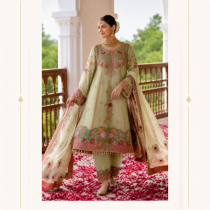 Pastel Green Embroidered Punjabi Sut with Organza Dupatta Introducing the Gulbahar Pastel Floral Embroidered Suit, an elegant ethnic ensemble created for women who love soft pastel shades, delicate floral embroidery, and graceful traditional styling. This sophisticated Punjabi suit features a beautiful pastel green base highlighted with multicoloured floral embroidery, intricate detailing, and a richly embellished neckline and hem. The straight-cut kameez creates a refined and flattering silhouette, while the matching trousers complete the traditional look. The highlight of this outfit is the beautifully coordinated dupatta, finished with an ornate embroidered border and delicate motifs that add a luxurious touch to the overall appearance. The soft pastel green shade gives this Punjabi suit a fresh and sophisticated appeal, making it an excellent choice for daytime weddings, festive celebrations, mehndi functions, family gatherings, engagement ceremonies, festive dinners, and special occasions. The combination of floral embroidery with subtle pink, green, gold, and warm accent tones creates a feminine and timeless appearance. The neckline is beautifully detailed with ornamental embroidery, giving the outfit an elevated festive character. Floral motifs are thoughtfully placed across the front and sleeves, while the lower border features a more elaborate arrangement of flowers and traditional patterns. The matching trouser hem carries coordinated embroidery for a polished head-to-toe look. The dupatta adds another layer of elegance. Its delicate base complements the pastel suit beautifully, while the statement embroidered border provides contrast and definition. Draped over the shoulders or styled traditionally, the dupatta creates an effortlessly graceful ethnic appearance. Key Features Elegant pastel green Punjabi suit Intricate floral embroidery Traditional ethnic detailing Embellished neckline Beautifully decorated sleeves Rich embroidered lower border Matching embroidered trousers Coordinated statement dupatta Soft pastel colour palette Ideal for festive and wedding occasions Suitable for Indian and South Asian celebrations Elegant choice for daytime and evening events Feminine and sophisticated silhouette Available for custom styling and tailoring Perfect For This pastel embroidered Punjabi suit is a versatile choice for a variety of occasions. Wear it to a mehndi ceremony, haldi function, engagement party, wedding celebration, family gathering, festival, religious celebration, traditional event, or an elegant festive dinner. Its pastel colour makes it especially suitable for daytime occasions, while the detailed embroidery gives it enough richness for evening celebrations. For bridesmaids and wedding guests, the outfit offers a graceful alternative to heavier bridal clothing. The floral detailing creates a fresh and contemporary ethnic appearance without losing the charm of traditional Indian fashion. Styling Ideas Pair this pastel green suit with delicate gold or kundan jewellery for a classic festive look. Traditional jhumkas, chandbalis, bangles, and a small potli bag can complement the embroidery beautifully. For a more contemporary appearance, choose minimal earrings, soft makeup, nude or pastel footwear, and a simple hairstyle. For weddings, you can elevate the outfit with statement earrings, bangles, a maang tikka, and embellished footwear. The dupatta can be worn traditionally over both shoulders, casually draped over one shoulder, or styled across the front for a more formal appearance. Why Choose This Suit? The Gulbahar Pastel Floral Embroidered Suit combines traditional craftsmanship with a soft contemporary colour palette. Its floral embroidery brings a romantic quality to the outfit, while the structured silhouette maintains a polished and sophisticated look. Pastel green is an especially versatile shade because it works beautifully with gold, silver, pearl, pink, ivory, and champagne accessories. This makes the suit easy to style according to the occasion. Whether you are searching for a Punjabi suit for a wedding, pastel green salwar suit, embroidered Indian suit, floral Punjabi suit, or an elegant ethnic outfit for women, this ensemble offers a graceful option for your wardrobe. Pastel Pink Designer Saree,MDB 19427,MDB 027210062,Sage Green Bridal Lehenga, Blush Garden Embroidery Sharara Suit Punjabi Sut with Organza Dupatta pastel green Punjabi suit, pastel green salwar suit, embroidered Punjabi suit, floral embroidered suit, Punjabi suit for wedding, Punjabi suits for women, designer Punjabi suit, party wear Punjabi suit, festive Punjabi suit, embroidered salwar kameez, pastel ethnic wear, floral salwar suit, Indian ethnic wear for women, Punjabi dress for women, wedding guest Punjabi suit, mehndi outfit for women, engagement outfit, pastel wedding outfit, traditional Punjabi dress, embroidered Indian suit, luxury Punjabi suit, ethnic suit online, Punjabi suit online, pastel green suit for women, floral embroidery suit, festive salwar suit, wedding wear salwar suit, elegant Punjabi suit, women ethnic fashion, Indian wedding outfits