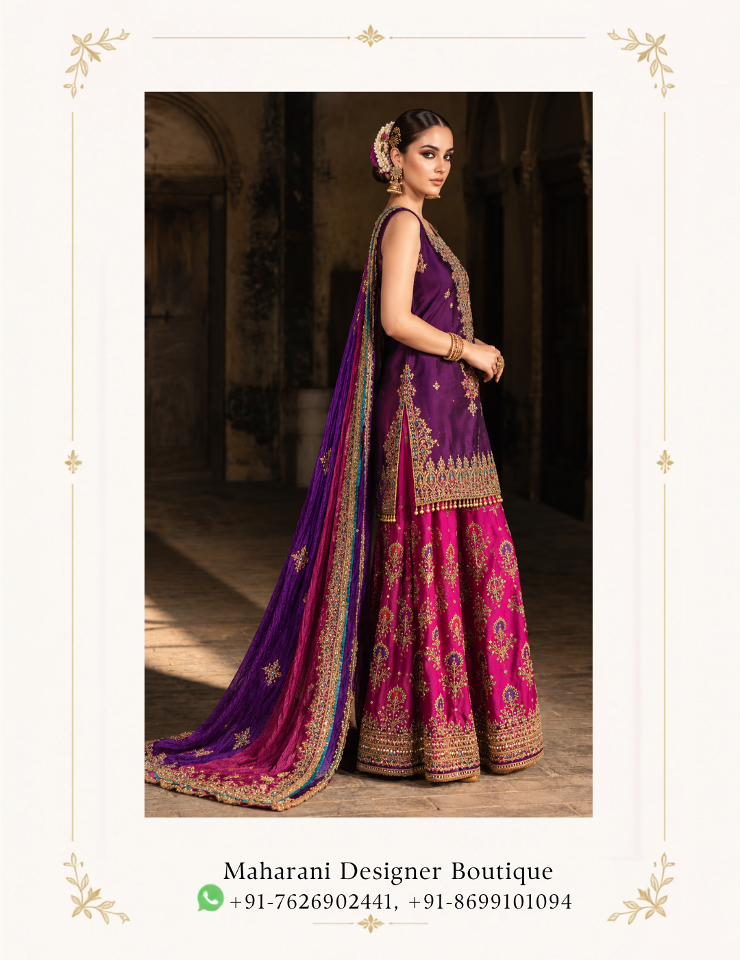Maharani Royal Plum & Magenta Embroidered Salwar Suit Elevate your ethnic wardrobe with the Maharani Royal Plum & Magenta Embroidered Salwar Suit, Purple Designer Salwar Suit with Magenta Bottom & Embroidered Dupatta, Maharani Designer Boutique Jalandhar, a luxurious ensemble featuring rich jewel tones and intricate traditional embroidery. Perfect for weddings, festive celebrations, mehendi functions, sangeet ceremonies, family gatherings and special occasions, this designer salwar suit blends traditional Indian craftsmanship with a rich contemporary colour palette. Brand: Maharani Designer Boutique Category: Designer Salwar Suit Colour: Plum Purple, Magenta & Turquoise Work: Embroidery & Traditional Border Work Occasion: Wedding, Festive, Mehendi & Sangeet Wear