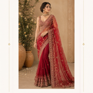 Ruhani Raqs Red Bridal Saree by Maharani Designer Boutique Step into timeless elegance with the Ruhani Raqs Red Bridal Saree, a luxurious statement ensemble created for women who love traditional Indian fashion with a sophisticated designer finish. Presented by Maharani Designer Boutique, this richly embellished red saree brings together a deep bridal colour, intricate golden embroidery, a beautifully detailed blouse and an elegant sheer pallu to create a graceful occasion-wear look. The saree features a rich red-to-wine colour palette that gives the outfit a luxurious and dramatic appearance. Throughout the drape, delicate golden motifs create subtle sparkle, while the heavily decorated borders provide a bold traditional finish. The pallu is especially striking, featuring an ornate embroidered border and scattered embellishment that gives the saree an elegant sense of movement. The accompanying blouse is equally detailed, featuring dense golden embroidery that beautifully complements the saree. Its structured neckline and fitted silhouette create a refined contrast against the flowing drape, making this ensemble suitable for brides, bridesmaids and women attending sophisticated wedding celebrations. Whether you are preparing for a wedding ceremony, reception, engagement, sangeet, festive celebration or elegant evening event, the Ruhani Raqs Red Bridal Saree is designed to make the occasion feel even more special. A Classic Red Bridal Saree with a Modern Designer Appeal Red has always held a special place in Indian festive and bridal fashion. It is bold, celebratory and instantly associated with traditional wedding dressing. The Ruhani Raqs Saree embraces this iconic colour while presenting it through an elegant contemporary silhouette. The deep red shade creates a dramatic foundation for the golden embellishment. The contrast between the rich fabric tone and the intricate gold work allows every decorative detail to stand out. The result is a saree that feels both traditional and refined. Rather than depending on excessive colour combinations, this design uses a sophisticated red-and-gold palette. This makes it easy to accessorize with traditional gold jewellery, kundan-inspired pieces, statement earrings or contemporary bridal accessories. Intricate Golden Embroidery The defining feature of this saree is its elaborate golden embroidery. Fine decorative motifs are distributed across the saree, creating a delicate shimmer without overwhelming the overall design. The embroidery becomes more prominent toward the borders, giving the saree a beautifully structured appearance. The detailed work is particularly effective when the saree is draped because the embroidered sections naturally frame the silhouette. The golden embellishment also coordinates beautifully with the blouse, creating a cohesive head-to-toe appearance. For women searching for a red saree with heavy embroidery, this design offers the richness expected from luxury Indian occasion wear while maintaining an elegant visual balance. Statement Embroidered Border The saree border is one of its most distinctive features. A broad, intricately decorated border runs along the lower edge and continues through the pallu. The detailed golden pattern gives the saree a strong finishing line and enhances the overall bridal character. The border becomes especially noticeable when the saree is photographed from a full-length angle. It also provides an elegant contrast against the softer drape of the main saree body. For a traditional wedding look, the border can be highlighted through a classic pleated drape. For a reception, a more relaxed drape can showcase the border along the shoulder and pallu. Elegant Sheer Pallu The pallu adds another layer of sophistication to the ensemble. Its sheer appearance creates a light, graceful contrast against the richer embroidered sections of the saree. Golden motifs are scattered across the pallu, while the heavily embellished edge provides definition. When worn over the shoulder, the pallu falls elegantly along the body and creates a beautiful vertical line. When draped more traditionally, it can frame the upper body and highlight the blouse embroidery. This versatility allows the same saree to be styled differently depending on the occasion. Designer Embroidered Blouse The blouse is designed as an integral part of the ensemble rather than simply an accompanying piece. Its rich embroidery mirrors the decorative language of the saree, creating a coordinated designer appearance. The fitted silhouette provides structure while the ornate golden detailing adds a luxurious finish. The neckline is decorated with intricate work, creating a natural focal point around the face and jewellery. The blouse can be paired with statement earrings and a choker for a traditional bridal appearance or styled with a more minimal jewellery selection for an elegant reception look. Sophisticated Blouse Styling The blouse offers several styling possibilities. For a traditional wedding, pair it with: Gold choker Layered necklace Statement earrings Maang tikka Gold bangles Traditional bridal hairstyle For a modern reception look, consider: Statement earrings Minimal necklace Sleek bun Soft waves Metallic clutch Elegant heels The detailed blouse ensures that the upper portion of the outfit remains visually striking even when the pallu is styled in different ways. Perfect Red Wedding Saree The Ruhani Raqs Saree is an excellent choice for women looking for a red wedding saree with a rich designer appearance. Its deep colour and extensive embroidery naturally suit formal wedding settings. The design can work beautifully for a bride's reception, a close family member at a wedding or a bridesmaid who wants a luxurious traditional outfit. The colour also photographs beautifully against neutral, heritage-inspired and richly decorated wedding venues. Bridal Reception Saree For a bride who wants a saree for her reception, this design offers a glamorous alternative to a traditional lehenga. The deep red shade maintains a bridal character, while the flowing saree silhouette provides an elegant and sophisticated appearance. Style it with a statement choker, dramatic earrings and a sleek hairstyle for an elevated reception look. A small embellished clutch can complete the ensemble. Engagement Saree The saree can also be styled for an engagement celebration. For an engagement, consider reducing the number of jewellery layers and allowing the blouse and embroidery to remain the focal points. A pair of statement earrings, delicate bangles and a polished hairstyle can create a sophisticated appearance without making the look feel overly bridal. Sangeet Saree For a sangeet, the saree can be styled with lighter jewellery and a comfortable drape. The sheer pallu adds movement to the ensemble and works beautifully in photographs. Pair it with statement earrings, bangles and comfortable embellished footwear for a glamorous festive appearance. Festive Occasion Wear The Ruhani Raqs Saree is not limited to weddings. Its red-and-gold colour combination makes it suitable for numerous Indian festive celebrations. Consider wearing it for: Diwali celebrations Family functions Traditional festivals Formal dinners Anniversary celebrations Cultural events Wedding parties Festive gatherings Evening celebrations Its detailed embroidery allows the saree to feel appropriately luxurious for formal occasions. Jewellery Pairing Guide The beauty of a red and gold saree is the range of jewellery options it provides. Gold Choker A traditional gold choker works beautifully with the detailed neckline of the blouse. Kundan-Inspired Jewellery Kundan-inspired jewellery can enhance the regal character of the outfit. Statement Earrings Large earrings can create an elegant look without requiring multiple necklace layers. Maang Tikka For bridal styling, a maang tikka adds a traditional finishing detail. Bangles Gold bangles or coordinated bridal bangles complement the ornate embroidery. Rings A statement cocktail ring or traditional ring can complete the hand styling. Hairstyle Ideas The right hairstyle can change the overall mood of the saree. Classic Bridal Bun A polished bun decorated with flowers is perfect for a traditional wedding. Soft Romantic Waves Loose waves create a softer and more contemporary appearance. Sleek Low Bun A low bun keeps attention on the blouse neckline and jewellery. Side-Swept Curls Side-swept curls create an elegant evening look. Traditional Braid A decorated braid adds a distinctly Indian bridal character. Makeup Suggestions The rich red colour works beautifully with warm, luminous makeup. For a classic bridal look, consider: Defined eyes Warm neutral eyeshadow Soft contour Glowing complexion Traditional red lipstick Subtle highlighter For a contemporary reception appearance, choose luminous skin, softly defined eyes and a muted lip. The objective is to enhance the rich saree without competing with its intricate embroidery. Footwear Recommendations Footwear should complement the golden detailing while providing enough comfort for extended celebrations. Suitable choices include: Gold heels Champagne sandals Embellished heels Metallic footwear Traditional juttis Decorative bridal sandals Gold and neutral tones coordinate especially well with the saree's embroidery. Clutch and Accessories A small embellished clutch can complete the look. For a traditional wedding, consider an embroidered potli in gold or red. For an evening reception, a metallic clutch can provide a contemporary finishing touch. Avoid overly contrasting accessories so the saree remains the primary focus. Multiple Draping Styles One of the benefits of a saree is the ability to change its appearance through styling. Classic Shoulder Drape Allow the embroidered pallu to fall naturally over one shoulder for an elegant traditional appearance. Open Pallu An open pallu showcases the embroidery and creates a graceful flowing silhouette. Pleated Pallu Neatly pleated pallu styling provides a more structured and formal appearance. Head Drape For a bridal ceremony, the pallu can be placed over the head to create a classic traditional silhouette. The ornate border makes every draping style visually distinctive. A Saree Designed for Special Moments A wedding saree is more than an outfit. It becomes part of the memories created around an important celebration. The Ruhani Raqs Saree is designed with that sense of occasion in mind. The deep red colour brings warmth and drama. The golden embroidery creates a luxurious finish. The flowing pallu adds movement. The detailed blouse provides structure. Together, these elements create an ensemble that feels appropriate for significant celebrations. Whether you are walking into a wedding venue, posing for portraits or celebrating with family and friends, this saree creates an elegant traditional presence. Ideal for Bridesmaids and Wedding Guests Not every woman attending a wedding wants to wear a lehenga. A heavily embroidered saree offers an equally luxurious alternative. The Ruhani Raqs design can be styled for bridesmaids, sisters, cousins and close family members. For wedding guests, pair the saree with statement earrings and a more restrained necklace. This allows the outfit to retain its grandeur while maintaining a sophisticated balance. Styling for Daytime Weddings For a daytime celebration, keep jewellery slightly lighter. Choose delicate gold earrings, a simple necklace and soft makeup. A polished bun or soft waves can complete the look. The rich red colour remains the centrepiece while the lighter accessories prevent the overall appearance from feeling too heavy. Styling for Evening Weddings For an evening event, embrace the saree's luxurious character. Add statement jewellery, bold earrings and luminous makeup. The golden embroidery can catch ambient lighting beautifully, making the outfit especially striking in evening photographs. A metallic clutch and elegant heels can complete the look. Photography Appeal This saree is particularly suited to bridal and occasion photography. The combination of deep red and gold creates strong visual contrast. The embroidered borders add definition to full-length photographs, while the sheer pallu creates softness and movement. Close-up photographs can highlight the detailed blouse and jewellery, while wider photographs showcase the full saree silhouette. For bridal portraits, consider photographing the outfit against neutral, heritage-inspired or floral backgrounds. Why Choose the Ruhani Raqs Saree? Rich Bridal Colour The deep red tone creates a timeless wedding aesthetic. Ornate Gold Detailing Golden embroidery adds luxury and traditional character. Statement Border The detailed border creates a beautifully defined silhouette. Elegant Pallu The sheer embellished pallu adds movement and sophistication. Coordinated Blouse The richly embroidered blouse completes the designer appearance. Versatile Styling The saree can be adapted for weddings, receptions, engagements and festive celebrations. Traditional Yet Contemporary Its classic colour palette is balanced by an elegant modern presentation. Maharani Designer Boutique The Ruhani Raqs Red Bridal Saree represents the refined aesthetic of Maharani Designer Boutique, bringing together traditional Indian occasion-wear influences and sophisticated styling. For women searching for a red bridal saree, red wedding saree, designer red saree, bridal saree with heavy embroidery, red saree with gold work, wedding saree for women, embroidered bridal saree, luxury wedding saree, designer saree for wedding, red and gold saree, bridal saree online, wedding saree online, Indian bridal saree, traditional red saree, reception saree, engagement saree, festive saree, Maharani Designer Boutique saree and designer Indian occasion wear, this ensemble offers an elegant choice for memorable celebrations. The combination of deep red, golden embroidery, ornate borders and a flowing pallu makes this saree a strong statement piece for women who appreciate timeless Indian fashion. Product Details Product Name: Ruhani Raqs Red Bridal Saree Brand: Maharani Designer Boutique Category: Bridal & Designer Saree Primary Colour: Deep Red / Wine Red Embellishment: Golden embroidered detailing Blouse: Coordinated heavily embroidered designer blouse Saree: Embellished red saree with decorative borders Pallu: Sheer-style pallu with embroidered border and scattered motifs Style: Traditional Indian luxury occasion wear Best For: Weddings, bridal receptions, engagements, sangeet, festive events and formal celebrations Please note: Exact fabric composition, embroidery technique, embellishment materials, measurements, blouse construction, customization options and availability should be confirmed with Maharani Designer Boutique before purchase, as these details cannot be reliably determined from the photograph alone. Care & Storage An intricately embellished saree should be handled carefully to help preserve its appearance. Store it in a clean, breathable garment bag away from moisture and direct sunlight. Avoid folding heavily embroidered sections repeatedly in the same place. Keep jewellery, pins and other sharp accessories away from the saree when dressing. Avoid spraying perfume directly onto the fabric or embellishment. After wearing, allow the saree to air before long-term storage. For cleaning, follow the care instructions provided with the finished garment and consult a professional cleaner experienced with embellished Indian occasion wear when appropriate. Proper storage and careful handling can help maintain the beauty of the embroidery and borders for future celebrations. SEO Keyword Set red bridal saree, red bridal saree for wedding, red wedding saree, red saree for bride, bridal red saree, designer bridal saree, designer red saree, heavy bridal saree, heavy red saree, embroidered bridal saree, red embroidered saree, red saree with gold work, red and gold bridal saree, red and gold wedding saree, wedding saree for women, bridal saree online, wedding saree online, designer saree online, Indian bridal saree, Indian wedding saree, traditional bridal saree, luxury bridal saree, bridal wear saree, wedding wear for women, bridal outfit for wedding, red wedding outfit, designer wedding saree, bridal reception saree, reception saree for bride, sangeet saree, engagement saree, festive saree for women, party wear saree, heavy embroidery saree, gold embroidered saree, wedding saree with blouse, designer saree with blouse, bridal saree with designer blouse, red saree boutique, bridal saree boutique, wedding saree boutique, Indian designer saree, traditional red saree, luxury Indian saree, Maharani Designer Boutique, Maharani Designer, Maharani bridal saree, Maharani designer saree, Maharani wedding wear.
