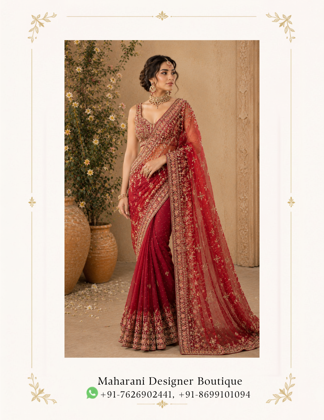 Ruhani Raqs Red Bridal Saree by Maharani Designer Boutique Step into timeless elegance with the Ruhani Raqs Red Bridal Saree, a luxurious statement ensemble created for women who love traditional Indian fashion with a sophisticated designer finish. Presented by Maharani Designer Boutique, this richly embellished red saree brings together a deep bridal colour, intricate golden embroidery, a beautifully detailed blouse and an elegant sheer pallu to create a graceful occasion-wear look. The saree features a rich red-to-wine colour palette that gives the outfit a luxurious and dramatic appearance. Throughout the drape, delicate golden motifs create subtle sparkle, while the heavily decorated borders provide a bold traditional finish. The pallu is especially striking, featuring an ornate embroidered border and scattered embellishment that gives the saree an elegant sense of movement. The accompanying blouse is equally detailed, featuring dense golden embroidery that beautifully complements the saree. Its structured neckline and fitted silhouette create a refined contrast against the flowing drape, making this ensemble suitable for brides, bridesmaids and women attending sophisticated wedding celebrations. Whether you are preparing for a wedding ceremony, reception, engagement, sangeet, festive celebration or elegant evening event, the Ruhani Raqs Red Bridal Saree is designed to make the occasion feel even more special. A Classic Red Bridal Saree with a Modern Designer Appeal Red has always held a special place in Indian festive and bridal fashion. It is bold, celebratory and instantly associated with traditional wedding dressing. The Ruhani Raqs Saree embraces this iconic colour while presenting it through an elegant contemporary silhouette. The deep red shade creates a dramatic foundation for the golden embellishment. The contrast between the rich fabric tone and the intricate gold work allows every decorative detail to stand out. The result is a saree that feels both traditional and refined. Rather than depending on excessive colour combinations, this design uses a sophisticated red-and-gold palette. This makes it easy to accessorize with traditional gold jewellery, kundan-inspired pieces, statement earrings or contemporary bridal accessories. Intricate Golden Embroidery The defining feature of this saree is its elaborate golden embroidery. Fine decorative motifs are distributed across the saree, creating a delicate shimmer without overwhelming the overall design. The embroidery becomes more prominent toward the borders, giving the saree a beautifully structured appearance. The detailed work is particularly effective when the saree is draped because the embroidered sections naturally frame the silhouette. The golden embellishment also coordinates beautifully with the blouse, creating a cohesive head-to-toe appearance. For women searching for a red saree with heavy embroidery, this design offers the richness expected from luxury Indian occasion wear while maintaining an elegant visual balance. Statement Embroidered Border The saree border is one of its most distinctive features. A broad, intricately decorated border runs along the lower edge and continues through the pallu. The detailed golden pattern gives the saree a strong finishing line and enhances the overall bridal character. The border becomes especially noticeable when the saree is photographed from a full-length angle. It also provides an elegant contrast against the softer drape of the main saree body. For a traditional wedding look, the border can be highlighted through a classic pleated drape. For a reception, a more relaxed drape can showcase the border along the shoulder and pallu. Elegant Sheer Pallu The pallu adds another layer of sophistication to the ensemble. Its sheer appearance creates a light, graceful contrast against the richer embroidered sections of the saree. Golden motifs are scattered across the pallu, while the heavily embellished edge provides definition. When worn over the shoulder, the pallu falls elegantly along the body and creates a beautiful vertical line. When draped more traditionally, it can frame the upper body and highlight the blouse embroidery. This versatility allows the same saree to be styled differently depending on the occasion. Designer Embroidered Blouse The blouse is designed as an integral part of the ensemble rather than simply an accompanying piece. Its rich embroidery mirrors the decorative language of the saree, creating a coordinated designer appearance. The fitted silhouette provides structure while the ornate golden detailing adds a luxurious finish. The neckline is decorated with intricate work, creating a natural focal point around the face and jewellery. The blouse can be paired with statement earrings and a choker for a traditional bridal appearance or styled with a more minimal jewellery selection for an elegant reception look. Sophisticated Blouse Styling The blouse offers several styling possibilities. For a traditional wedding, pair it with: Gold choker Layered necklace Statement earrings Maang tikka Gold bangles Traditional bridal hairstyle For a modern reception look, consider: Statement earrings Minimal necklace Sleek bun Soft waves Metallic clutch Elegant heels The detailed blouse ensures that the upper portion of the outfit remains visually striking even when the pallu is styled in different ways. Perfect Red Wedding Saree The Ruhani Raqs Saree is an excellent choice for women looking for a red wedding saree with a rich designer appearance. Its deep colour and extensive embroidery naturally suit formal wedding settings. The design can work beautifully for a bride's reception, a close family member at a wedding or a bridesmaid who wants a luxurious traditional outfit. The colour also photographs beautifully against neutral, heritage-inspired and richly decorated wedding venues. Bridal Reception Saree For a bride who wants a saree for her reception, this design offers a glamorous alternative to a traditional lehenga. The deep red shade maintains a bridal character, while the flowing saree silhouette provides an elegant and sophisticated appearance. Style it with a statement choker, dramatic earrings and a sleek hairstyle for an elevated reception look. A small embellished clutch can complete the ensemble. Engagement Saree The saree can also be styled for an engagement celebration. For an engagement, consider reducing the number of jewellery layers and allowing the blouse and embroidery to remain the focal points. A pair of statement earrings, delicate bangles and a polished hairstyle can create a sophisticated appearance without making the look feel overly bridal. Sangeet Saree For a sangeet, the saree can be styled with lighter jewellery and a comfortable drape. The sheer pallu adds movement to the ensemble and works beautifully in photographs. Pair it with statement earrings, bangles and comfortable embellished footwear for a glamorous festive appearance. Festive Occasion Wear The Ruhani Raqs Saree is not limited to weddings. Its red-and-gold colour combination makes it suitable for numerous Indian festive celebrations. Consider wearing it for: Diwali celebrations Family functions Traditional festivals Formal dinners Anniversary celebrations Cultural events Wedding parties Festive gatherings Evening celebrations Its detailed embroidery allows the saree to feel appropriately luxurious for formal occasions. Jewellery Pairing Guide The beauty of a red and gold saree is the range of jewellery options it provides. Gold Choker A traditional gold choker works beautifully with the detailed neckline of the blouse. Kundan-Inspired Jewellery Kundan-inspired jewellery can enhance the regal character of the outfit. Statement Earrings Large earrings can create an elegant look without requiring multiple necklace layers. Maang Tikka For bridal styling, a maang tikka adds a traditional finishing detail. Bangles Gold bangles or coordinated bridal bangles complement the ornate embroidery. Rings A statement cocktail ring or traditional ring can complete the hand styling. Hairstyle Ideas The right hairstyle can change the overall mood of the saree. Classic Bridal Bun A polished bun decorated with flowers is perfect for a traditional wedding. Soft Romantic Waves Loose waves create a softer and more contemporary appearance. Sleek Low Bun A low bun keeps attention on the blouse neckline and jewellery. Side-Swept Curls Side-swept curls create an elegant evening look. Traditional Braid A decorated braid adds a distinctly Indian bridal character. Makeup Suggestions The rich red colour works beautifully with warm, luminous makeup. For a classic bridal look, consider: Defined eyes Warm neutral eyeshadow Soft contour Glowing complexion Traditional red lipstick Subtle highlighter For a contemporary reception appearance, choose luminous skin, softly defined eyes and a muted lip. The objective is to enhance the rich saree without competing with its intricate embroidery. Footwear Recommendations Footwear should complement the golden detailing while providing enough comfort for extended celebrations. Suitable choices include: Gold heels Champagne sandals Embellished heels Metallic footwear Traditional juttis Decorative bridal sandals Gold and neutral tones coordinate especially well with the saree's embroidery. Clutch and Accessories A small embellished clutch can complete the look. For a traditional wedding, consider an embroidered potli in gold or red. For an evening reception, a metallic clutch can provide a contemporary finishing touch. Avoid overly contrasting accessories so the saree remains the primary focus. Multiple Draping Styles One of the benefits of a saree is the ability to change its appearance through styling. Classic Shoulder Drape Allow the embroidered pallu to fall naturally over one shoulder for an elegant traditional appearance. Open Pallu An open pallu showcases the embroidery and creates a graceful flowing silhouette. Pleated Pallu Neatly pleated pallu styling provides a more structured and formal appearance. Head Drape For a bridal ceremony, the pallu can be placed over the head to create a classic traditional silhouette. The ornate border makes every draping style visually distinctive. A Saree Designed for Special Moments A wedding saree is more than an outfit. It becomes part of the memories created around an important celebration. The Ruhani Raqs Saree is designed with that sense of occasion in mind. The deep red colour brings warmth and drama. The golden embroidery creates a luxurious finish. The flowing pallu adds movement. The detailed blouse provides structure. Together, these elements create an ensemble that feels appropriate for significant celebrations. Whether you are walking into a wedding venue, posing for portraits or celebrating with family and friends, this saree creates an elegant traditional presence. Ideal for Bridesmaids and Wedding Guests Not every woman attending a wedding wants to wear a lehenga. A heavily embroidered saree offers an equally luxurious alternative. The Ruhani Raqs design can be styled for bridesmaids, sisters, cousins and close family members. For wedding guests, pair the saree with statement earrings and a more restrained necklace. This allows the outfit to retain its grandeur while maintaining a sophisticated balance. Styling for Daytime Weddings For a daytime celebration, keep jewellery slightly lighter. Choose delicate gold earrings, a simple necklace and soft makeup. A polished bun or soft waves can complete the look. The rich red colour remains the centrepiece while the lighter accessories prevent the overall appearance from feeling too heavy. Styling for Evening Weddings For an evening event, embrace the saree's luxurious character. Add statement jewellery, bold earrings and luminous makeup. The golden embroidery can catch ambient lighting beautifully, making the outfit especially striking in evening photographs. A metallic clutch and elegant heels can complete the look. Photography Appeal This saree is particularly suited to bridal and occasion photography. The combination of deep red and gold creates strong visual contrast. The embroidered borders add definition to full-length photographs, while the sheer pallu creates softness and movement. Close-up photographs can highlight the detailed blouse and jewellery, while wider photographs showcase the full saree silhouette. For bridal portraits, consider photographing the outfit against neutral, heritage-inspired or floral backgrounds. Why Choose the Ruhani Raqs Saree? Rich Bridal Colour The deep red tone creates a timeless wedding aesthetic. Ornate Gold Detailing Golden embroidery adds luxury and traditional character. Statement Border The detailed border creates a beautifully defined silhouette. Elegant Pallu The sheer embellished pallu adds movement and sophistication. Coordinated Blouse The richly embroidered blouse completes the designer appearance. Versatile Styling The saree can be adapted for weddings, receptions, engagements and festive celebrations. Traditional Yet Contemporary Its classic colour palette is balanced by an elegant modern presentation. Maharani Designer Boutique The Ruhani Raqs Red Bridal Saree represents the refined aesthetic of Maharani Designer Boutique, bringing together traditional Indian occasion-wear influences and sophisticated styling. For women searching for a red bridal saree, red wedding saree, designer red saree, bridal saree with heavy embroidery, red saree with gold work, wedding saree for women, embroidered bridal saree, luxury wedding saree, designer saree for wedding, red and gold saree, bridal saree online, wedding saree online, Indian bridal saree, traditional red saree, reception saree, engagement saree, festive saree, Maharani Designer Boutique saree and designer Indian occasion wear, this ensemble offers an elegant choice for memorable celebrations. The combination of deep red, golden embroidery, ornate borders and a flowing pallu makes this saree a strong statement piece for women who appreciate timeless Indian fashion. Product Details Product Name: Ruhani Raqs Red Bridal Saree Brand: Maharani Designer Boutique Category: Bridal & Designer Saree Primary Colour: Deep Red / Wine Red Embellishment: Golden embroidered detailing Blouse: Coordinated heavily embroidered designer blouse Saree: Embellished red saree with decorative borders Pallu: Sheer-style pallu with embroidered border and scattered motifs Style: Traditional Indian luxury occasion wear Best For: Weddings, bridal receptions, engagements, sangeet, festive events and formal celebrations Please note: Exact fabric composition, embroidery technique, embellishment materials, measurements, blouse construction, customization options and availability should be confirmed with Maharani Designer Boutique before purchase, as these details cannot be reliably determined from the photograph alone. Care & Storage An intricately embellished saree should be handled carefully to help preserve its appearance. Store it in a clean, breathable garment bag away from moisture and direct sunlight. Avoid folding heavily embroidered sections repeatedly in the same place. Keep jewellery, pins and other sharp accessories away from the saree when dressing. Avoid spraying perfume directly onto the fabric or embellishment. After wearing, allow the saree to air before long-term storage. For cleaning, follow the care instructions provided with the finished garment and consult a professional cleaner experienced with embellished Indian occasion wear when appropriate. Proper storage and careful handling can help maintain the beauty of the embroidery and borders for future celebrations. SEO Keyword Set red bridal saree, red bridal saree for wedding, red wedding saree, red saree for bride, bridal red saree, designer bridal saree, designer red saree, heavy bridal saree, heavy red saree, embroidered bridal saree, red embroidered saree, red saree with gold work, red and gold bridal saree, red and gold wedding saree, wedding saree for women, bridal saree online, wedding saree online, designer saree online, Indian bridal saree, Indian wedding saree, traditional bridal saree, luxury bridal saree, bridal wear saree, wedding wear for women, bridal outfit for wedding, red wedding outfit, designer wedding saree, bridal reception saree, reception saree for bride, sangeet saree, engagement saree, festive saree for women, party wear saree, heavy embroidery saree, gold embroidered saree, wedding saree with blouse, designer saree with blouse, bridal saree with designer blouse, red saree boutique, bridal saree boutique, wedding saree boutique, Indian designer saree, traditional red saree, luxury Indian saree, Maharani Designer Boutique, Maharani Designer, Maharani bridal saree, Maharani designer saree, Maharani wedding wear.
