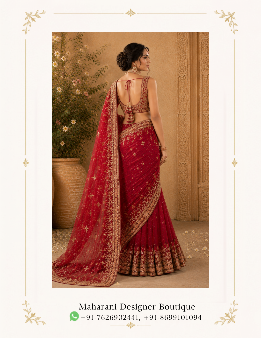 Ruhani Raqs Red Bridal Saree by Maharani Designer Boutique Step into timeless elegance with the Ruhani Raqs Red Bridal Saree, a luxurious statement ensemble created for women who love traditional Indian fashion with a sophisticated designer finish. Presented by Maharani Designer Boutique, this richly embellished red saree brings together a deep bridal colour, intricate golden embroidery, a beautifully detailed blouse and an elegant sheer pallu to create a graceful occasion-wear look. The saree features a rich red-to-wine colour palette that gives the outfit a luxurious and dramatic appearance. Throughout the drape, delicate golden motifs create subtle sparkle, while the heavily decorated borders provide a bold traditional finish. The pallu is especially striking, featuring an ornate embroidered border and scattered embellishment that gives the saree an elegant sense of movement. The accompanying blouse is equally detailed, featuring dense golden embroidery that beautifully complements the saree. Its structured neckline and fitted silhouette create a refined contrast against the flowing drape, making this ensemble suitable for brides, bridesmaids and women attending sophisticated wedding celebrations. Whether you are preparing for a wedding ceremony, reception, engagement, sangeet, festive celebration or elegant evening event, the Ruhani Raqs Red Bridal Saree is designed to make the occasion feel even more special. A Classic Red Bridal Saree with a Modern Designer Appeal Red has always held a special place in Indian festive and bridal fashion. It is bold, celebratory and instantly associated with traditional wedding dressing. The Ruhani Raqs Saree embraces this iconic colour while presenting it through an elegant contemporary silhouette. The deep red shade creates a dramatic foundation for the golden embellishment. The contrast between the rich fabric tone and the intricate gold work allows every decorative detail to stand out. The result is a saree that feels both traditional and refined. Rather than depending on excessive colour combinations, this design uses a sophisticated red-and-gold palette. This makes it easy to accessorize with traditional gold jewellery, kundan-inspired pieces, statement earrings or contemporary bridal accessories. Intricate Golden Embroidery The defining feature of this saree is its elaborate golden embroidery. Fine decorative motifs are distributed across the saree, creating a delicate shimmer without overwhelming the overall design. The embroidery becomes more prominent toward the borders, giving the saree a beautifully structured appearance. The detailed work is particularly effective when the saree is draped because the embroidered sections naturally frame the silhouette. The golden embellishment also coordinates beautifully with the blouse, creating a cohesive head-to-toe appearance. For women searching for a red saree with heavy embroidery, this design offers the richness expected from luxury Indian occasion wear while maintaining an elegant visual balance. Statement Embroidered Border The saree border is one of its most distinctive features. A broad, intricately decorated border runs along the lower edge and continues through the pallu. The detailed golden pattern gives the saree a strong finishing line and enhances the overall bridal character. The border becomes especially noticeable when the saree is photographed from a full-length angle. It also provides an elegant contrast against the softer drape of the main saree body. For a traditional wedding look, the border can be highlighted through a classic pleated drape. For a reception, a more relaxed drape can showcase the border along the shoulder and pallu. Elegant Sheer Pallu The pallu adds another layer of sophistication to the ensemble. Its sheer appearance creates a light, graceful contrast against the richer embroidered sections of the saree. Golden motifs are scattered across the pallu, while the heavily embellished edge provides definition. When worn over the shoulder, the pallu falls elegantly along the body and creates a beautiful vertical line. When draped more traditionally, it can frame the upper body and highlight the blouse embroidery. This versatility allows the same saree to be styled differently depending on the occasion. Designer Embroidered Blouse The blouse is designed as an integral part of the ensemble rather than simply an accompanying piece. Its rich embroidery mirrors the decorative language of the saree, creating a coordinated designer appearance. The fitted silhouette provides structure while the ornate golden detailing adds a luxurious finish. The neckline is decorated with intricate work, creating a natural focal point around the face and jewellery. The blouse can be paired with statement earrings and a choker for a traditional bridal appearance or styled with a more minimal jewellery selection for an elegant reception look. Sophisticated Blouse Styling The blouse offers several styling possibilities. For a traditional wedding, pair it with: Gold choker Layered necklace Statement earrings Maang tikka Gold bangles Traditional bridal hairstyle For a modern reception look, consider: Statement earrings Minimal necklace Sleek bun Soft waves Metallic clutch Elegant heels The detailed blouse ensures that the upper portion of the outfit remains visually striking even when the pallu is styled in different ways. Perfect Red Wedding Saree The Ruhani Raqs Saree is an excellent choice for women looking for a red wedding saree with a rich designer appearance. Its deep colour and extensive embroidery naturally suit formal wedding settings. The design can work beautifully for a bride's reception, a close family member at a wedding or a bridesmaid who wants a luxurious traditional outfit. The colour also photographs beautifully against neutral, heritage-inspired and richly decorated wedding venues. Bridal Reception Saree For a bride who wants a saree for her reception, this design offers a glamorous alternative to a traditional lehenga. The deep red shade maintains a bridal character, while the flowing saree silhouette provides an elegant and sophisticated appearance. Style it with a statement choker, dramatic earrings and a sleek hairstyle for an elevated reception look. A small embellished clutch can complete the ensemble. Engagement Saree The saree can also be styled for an engagement celebration. For an engagement, consider reducing the number of jewellery layers and allowing the blouse and embroidery to remain the focal points. A pair of statement earrings, delicate bangles and a polished hairstyle can create a sophisticated appearance without making the look feel overly bridal. Sangeet Saree For a sangeet, the saree can be styled with lighter jewellery and a comfortable drape. The sheer pallu adds movement to the ensemble and works beautifully in photographs. Pair it with statement earrings, bangles and comfortable embellished footwear for a glamorous festive appearance. Festive Occasion Wear The Ruhani Raqs Saree is not limited to weddings. Its red-and-gold colour combination makes it suitable for numerous Indian festive celebrations. Consider wearing it for: Diwali celebrations Family functions Traditional festivals Formal dinners Anniversary celebrations Cultural events Wedding parties Festive gatherings Evening celebrations Its detailed embroidery allows the saree to feel appropriately luxurious for formal occasions. Jewellery Pairing Guide The beauty of a red and gold saree is the range of jewellery options it provides. Gold Choker A traditional gold choker works beautifully with the detailed neckline of the blouse. Kundan-Inspired Jewellery Kundan-inspired jewellery can enhance the regal character of the outfit. Statement Earrings Large earrings can create an elegant look without requiring multiple necklace layers. Maang Tikka For bridal styling, a maang tikka adds a traditional finishing detail. Bangles Gold bangles or coordinated bridal bangles complement the ornate embroidery. Rings A statement cocktail ring or traditional ring can complete the hand styling. Hairstyle Ideas The right hairstyle can change the overall mood of the saree. Classic Bridal Bun A polished bun decorated with flowers is perfect for a traditional wedding. Soft Romantic Waves Loose waves create a softer and more contemporary appearance. Sleek Low Bun A low bun keeps attention on the blouse neckline and jewellery. Side-Swept Curls Side-swept curls create an elegant evening look. Traditional Braid A decorated braid adds a distinctly Indian bridal character. Makeup Suggestions The rich red colour works beautifully with warm, luminous makeup. For a classic bridal look, consider: Defined eyes Warm neutral eyeshadow Soft contour Glowing complexion Traditional red lipstick Subtle highlighter For a contemporary reception appearance, choose luminous skin, softly defined eyes and a muted lip. The objective is to enhance the rich saree without competing with its intricate embroidery. Footwear Recommendations Footwear should complement the golden detailing while providing enough comfort for extended celebrations. Suitable choices include: Gold heels Champagne sandals Embellished heels Metallic footwear Traditional juttis Decorative bridal sandals Gold and neutral tones coordinate especially well with the saree's embroidery. Clutch and Accessories A small embellished clutch can complete the look. For a traditional wedding, consider an embroidered potli in gold or red. For an evening reception, a metallic clutch can provide a contemporary finishing touch. Avoid overly contrasting accessories so the saree remains the primary focus. Multiple Draping Styles One of the benefits of a saree is the ability to change its appearance through styling. Classic Shoulder Drape Allow the embroidered pallu to fall naturally over one shoulder for an elegant traditional appearance. Open Pallu An open pallu showcases the embroidery and creates a graceful flowing silhouette. Pleated Pallu Neatly pleated pallu styling provides a more structured and formal appearance. Head Drape For a bridal ceremony, the pallu can be placed over the head to create a classic traditional silhouette. The ornate border makes every draping style visually distinctive. A Saree Designed for Special Moments A wedding saree is more than an outfit. It becomes part of the memories created around an important celebration. The Ruhani Raqs Saree is designed with that sense of occasion in mind. The deep red colour brings warmth and drama. The golden embroidery creates a luxurious finish. The flowing pallu adds movement. The detailed blouse provides structure. Together, these elements create an ensemble that feels appropriate for significant celebrations. Whether you are walking into a wedding venue, posing for portraits or celebrating with family and friends, this saree creates an elegant traditional presence. Ideal for Bridesmaids and Wedding Guests Not every woman attending a wedding wants to wear a lehenga. A heavily embroidered saree offers an equally luxurious alternative. The Ruhani Raqs design can be styled for bridesmaids, sisters, cousins and close family members. For wedding guests, pair the saree with statement earrings and a more restrained necklace. This allows the outfit to retain its grandeur while maintaining a sophisticated balance. Styling for Daytime Weddings For a daytime celebration, keep jewellery slightly lighter. Choose delicate gold earrings, a simple necklace and soft makeup. A polished bun or soft waves can complete the look. The rich red colour remains the centrepiece while the lighter accessories prevent the overall appearance from feeling too heavy. Styling for Evening Weddings For an evening event, embrace the saree's luxurious character. Add statement jewellery, bold earrings and luminous makeup. The golden embroidery can catch ambient lighting beautifully, making the outfit especially striking in evening photographs. A metallic clutch and elegant heels can complete the look. Photography Appeal This saree is particularly suited to bridal and occasion photography. The combination of deep red and gold creates strong visual contrast. The embroidered borders add definition to full-length photographs, while the sheer pallu creates softness and movement. Close-up photographs can highlight the detailed blouse and jewellery, while wider photographs showcase the full saree silhouette. For bridal portraits, consider photographing the outfit against neutral, heritage-inspired or floral backgrounds. Why Choose the Ruhani Raqs Saree? Rich Bridal Colour The deep red tone creates a timeless wedding aesthetic. Ornate Gold Detailing Golden embroidery adds luxury and traditional character. Statement Border The detailed border creates a beautifully defined silhouette. Elegant Pallu The sheer embellished pallu adds movement and sophistication. Coordinated Blouse The richly embroidered blouse completes the designer appearance. Versatile Styling The saree can be adapted for weddings, receptions, engagements and festive celebrations. Traditional Yet Contemporary Its classic colour palette is balanced by an elegant modern presentation. Maharani Designer Boutique The Ruhani Raqs Red Bridal Saree represents the refined aesthetic of Maharani Designer Boutique, bringing together traditional Indian occasion-wear influences and sophisticated styling. For women searching for a red bridal saree, red wedding saree, designer red saree, bridal saree with heavy embroidery, red saree with gold work, wedding saree for women, embroidered bridal saree, luxury wedding saree, designer saree for wedding, red and gold saree, bridal saree online, wedding saree online, Indian bridal saree, traditional red saree, reception saree, engagement saree, festive saree, Maharani Designer Boutique saree and designer Indian occasion wear, this ensemble offers an elegant choice for memorable celebrations. The combination of deep red, golden embroidery, ornate borders and a flowing pallu makes this saree a strong statement piece for women who appreciate timeless Indian fashion. Product Details Product Name: Ruhani Raqs Red Bridal Saree Brand: Maharani Designer Boutique Category: Bridal & Designer Saree Primary Colour: Deep Red / Wine Red Embellishment: Golden embroidered detailing Blouse: Coordinated heavily embroidered designer blouse Saree: Embellished red saree with decorative borders Pallu: Sheer-style pallu with embroidered border and scattered motifs Style: Traditional Indian luxury occasion wear Best For: Weddings, bridal receptions, engagements, sangeet, festive events and formal celebrations Please note: Exact fabric composition, embroidery technique, embellishment materials, measurements, blouse construction, customization options and availability should be confirmed with Maharani Designer Boutique before purchase, as these details cannot be reliably determined from the photograph alone. Care & Storage An intricately embellished saree should be handled carefully to help preserve its appearance. Store it in a clean, breathable garment bag away from moisture and direct sunlight. Avoid folding heavily embroidered sections repeatedly in the same place. Keep jewellery, pins and other sharp accessories away from the saree when dressing. Avoid spraying perfume directly onto the fabric or embellishment. After wearing, allow the saree to air before long-term storage. For cleaning, follow the care instructions provided with the finished garment and consult a professional cleaner experienced with embellished Indian occasion wear when appropriate. Proper storage and careful handling can help maintain the beauty of the embroidery and borders for future celebrations. SEO Keyword Set red bridal saree, red bridal saree for wedding, red wedding saree, red saree for bride, bridal red saree, designer bridal saree, designer red saree, heavy bridal saree, heavy red saree, embroidered bridal saree, red embroidered saree, red saree with gold work, red and gold bridal saree, red and gold wedding saree, wedding saree for women, bridal saree online, wedding saree online, designer saree online, Indian bridal saree, Indian wedding saree, traditional bridal saree, luxury bridal saree, bridal wear saree, wedding wear for women, bridal outfit for wedding, red wedding outfit, designer wedding saree, bridal reception saree, reception saree for bride, sangeet saree, engagement saree, festive saree for women, party wear saree, heavy embroidery saree, gold embroidered saree, wedding saree with blouse, designer saree with blouse, bridal saree with designer blouse, red saree boutique, bridal saree boutique, wedding saree boutique, Indian designer saree, traditional red saree, luxury Indian saree, Maharani Designer Boutique, Maharani Designer, Maharani bridal saree, Maharani designer saree, Maharani wedding wear.