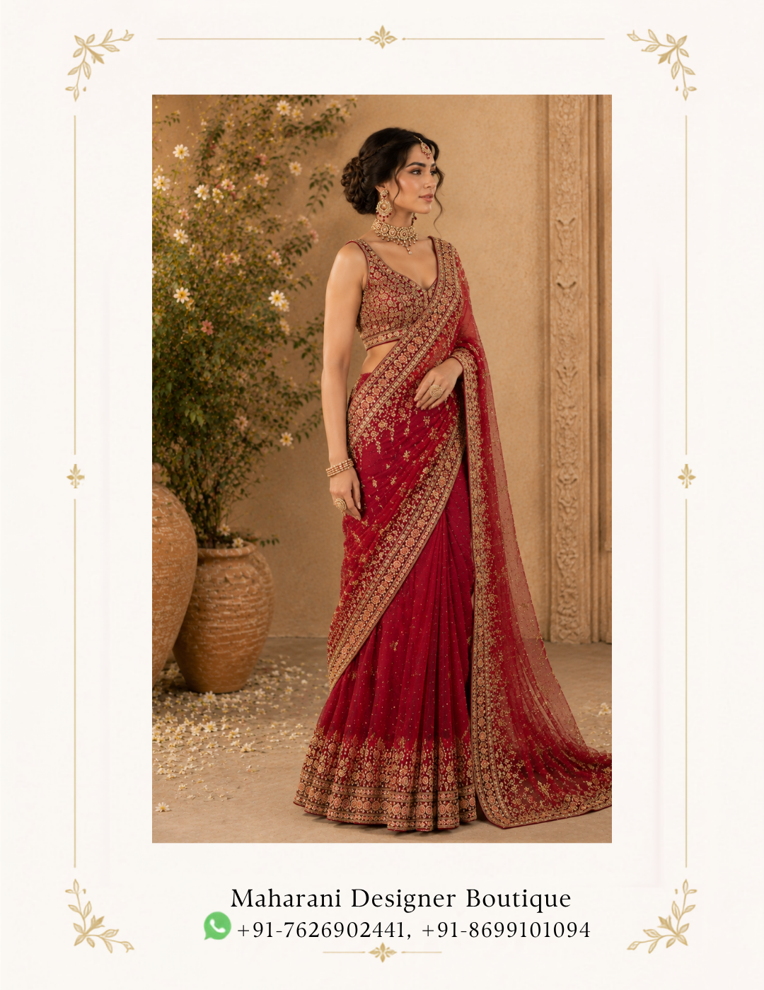 Ruhani Raqs Red Bridal Saree by Maharani Designer Boutique Step into timeless elegance with the Ruhani Raqs Red Bridal Saree, a luxurious statement ensemble created for women who love traditional Indian fashion with a sophisticated designer finish. Presented by Maharani Designer Boutique, this richly embellished red saree brings together a deep bridal colour, intricate golden embroidery, a beautifully detailed blouse and an elegant sheer pallu to create a graceful occasion-wear look. The saree features a rich red-to-wine colour palette that gives the outfit a luxurious and dramatic appearance. Throughout the drape, delicate golden motifs create subtle sparkle, while the heavily decorated borders provide a bold traditional finish. The pallu is especially striking, featuring an ornate embroidered border and scattered embellishment that gives the saree an elegant sense of movement. The accompanying blouse is equally detailed, featuring dense golden embroidery that beautifully complements the saree. Its structured neckline and fitted silhouette create a refined contrast against the flowing drape, making this ensemble suitable for brides, bridesmaids and women attending sophisticated wedding celebrations. Whether you are preparing for a wedding ceremony, reception, engagement, sangeet, festive celebration or elegant evening event, the Ruhani Raqs Red Bridal Saree is designed to make the occasion feel even more special. A Classic Red Bridal Saree with a Modern Designer Appeal Red has always held a special place in Indian festive and bridal fashion. It is bold, celebratory and instantly associated with traditional wedding dressing. The Ruhani Raqs Saree embraces this iconic colour while presenting it through an elegant contemporary silhouette. The deep red shade creates a dramatic foundation for the golden embellishment. The contrast between the rich fabric tone and the intricate gold work allows every decorative detail to stand out. The result is a saree that feels both traditional and refined. Rather than depending on excessive colour combinations, this design uses a sophisticated red-and-gold palette. This makes it easy to accessorize with traditional gold jewellery, kundan-inspired pieces, statement earrings or contemporary bridal accessories. Intricate Golden Embroidery The defining feature of this saree is its elaborate golden embroidery. Fine decorative motifs are distributed across the saree, creating a delicate shimmer without overwhelming the overall design. The embroidery becomes more prominent toward the borders, giving the saree a beautifully structured appearance. The detailed work is particularly effective when the saree is draped because the embroidered sections naturally frame the silhouette. The golden embellishment also coordinates beautifully with the blouse, creating a cohesive head-to-toe appearance. For women searching for a red saree with heavy embroidery, this design offers the richness expected from luxury Indian occasion wear while maintaining an elegant visual balance. Statement Embroidered Border The saree border is one of its most distinctive features. A broad, intricately decorated border runs along the lower edge and continues through the pallu. The detailed golden pattern gives the saree a strong finishing line and enhances the overall bridal character. The border becomes especially noticeable when the saree is photographed from a full-length angle. It also provides an elegant contrast against the softer drape of the main saree body. For a traditional wedding look, the border can be highlighted through a classic pleated drape. For a reception, a more relaxed drape can showcase the border along the shoulder and pallu. Elegant Sheer Pallu The pallu adds another layer of sophistication to the ensemble. Its sheer appearance creates a light, graceful contrast against the richer embroidered sections of the saree. Golden motifs are scattered across the pallu, while the heavily embellished edge provides definition. When worn over the shoulder, the pallu falls elegantly along the body and creates a beautiful vertical line. When draped more traditionally, it can frame the upper body and highlight the blouse embroidery. This versatility allows the same saree to be styled differently depending on the occasion. Designer Embroidered Blouse The blouse is designed as an integral part of the ensemble rather than simply an accompanying piece. Its rich embroidery mirrors the decorative language of the saree, creating a coordinated designer appearance. The fitted silhouette provides structure while the ornate golden detailing adds a luxurious finish. The neckline is decorated with intricate work, creating a natural focal point around the face and jewellery. The blouse can be paired with statement earrings and a choker for a traditional bridal appearance or styled with a more minimal jewellery selection for an elegant reception look. Sophisticated Blouse Styling The blouse offers several styling possibilities. For a traditional wedding, pair it with: Gold choker Layered necklace Statement earrings Maang tikka Gold bangles Traditional bridal hairstyle For a modern reception look, consider: Statement earrings Minimal necklace Sleek bun Soft waves Metallic clutch Elegant heels The detailed blouse ensures that the upper portion of the outfit remains visually striking even when the pallu is styled in different ways. Perfect Red Wedding Saree The Ruhani Raqs Saree is an excellent choice for women looking for a red wedding saree with a rich designer appearance. Its deep colour and extensive embroidery naturally suit formal wedding settings. The design can work beautifully for a bride's reception, a close family member at a wedding or a bridesmaid who wants a luxurious traditional outfit. The colour also photographs beautifully against neutral, heritage-inspired and richly decorated wedding venues. Bridal Reception Saree For a bride who wants a saree for her reception, this design offers a glamorous alternative to a traditional lehenga. The deep red shade maintains a bridal character, while the flowing saree silhouette provides an elegant and sophisticated appearance. Style it with a statement choker, dramatic earrings and a sleek hairstyle for an elevated reception look. A small embellished clutch can complete the ensemble. Engagement Saree The saree can also be styled for an engagement celebration. For an engagement, consider reducing the number of jewellery layers and allowing the blouse and embroidery to remain the focal points. A pair of statement earrings, delicate bangles and a polished hairstyle can create a sophisticated appearance without making the look feel overly bridal. Sangeet Saree For a sangeet, the saree can be styled with lighter jewellery and a comfortable drape. The sheer pallu adds movement to the ensemble and works beautifully in photographs. Pair it with statement earrings, bangles and comfortable embellished footwear for a glamorous festive appearance. Festive Occasion Wear The Ruhani Raqs Saree is not limited to weddings. Its red-and-gold colour combination makes it suitable for numerous Indian festive celebrations. Consider wearing it for: Diwali celebrations Family functions Traditional festivals Formal dinners Anniversary celebrations Cultural events Wedding parties Festive gatherings Evening celebrations Its detailed embroidery allows the saree to feel appropriately luxurious for formal occasions. Jewellery Pairing Guide The beauty of a red and gold saree is the range of jewellery options it provides. Gold Choker A traditional gold choker works beautifully with the detailed neckline of the blouse. Kundan-Inspired Jewellery Kundan-inspired jewellery can enhance the regal character of the outfit. Statement Earrings Large earrings can create an elegant look without requiring multiple necklace layers. Maang Tikka For bridal styling, a maang tikka adds a traditional finishing detail. Bangles Gold bangles or coordinated bridal bangles complement the ornate embroidery. Rings A statement cocktail ring or traditional ring can complete the hand styling. Hairstyle Ideas The right hairstyle can change the overall mood of the saree. Classic Bridal Bun A polished bun decorated with flowers is perfect for a traditional wedding. Soft Romantic Waves Loose waves create a softer and more contemporary appearance. Sleek Low Bun A low bun keeps attention on the blouse neckline and jewellery. Side-Swept Curls Side-swept curls create an elegant evening look. Traditional Braid A decorated braid adds a distinctly Indian bridal character. Makeup Suggestions The rich red colour works beautifully with warm, luminous makeup. For a classic bridal look, consider: Defined eyes Warm neutral eyeshadow Soft contour Glowing complexion Traditional red lipstick Subtle highlighter For a contemporary reception appearance, choose luminous skin, softly defined eyes and a muted lip. The objective is to enhance the rich saree without competing with its intricate embroidery. Footwear Recommendations Footwear should complement the golden detailing while providing enough comfort for extended celebrations. Suitable choices include: Gold heels Champagne sandals Embellished heels Metallic footwear Traditional juttis Decorative bridal sandals Gold and neutral tones coordinate especially well with the saree's embroidery. Clutch and Accessories A small embellished clutch can complete the look. For a traditional wedding, consider an embroidered potli in gold or red. For an evening reception, a metallic clutch can provide a contemporary finishing touch. Avoid overly contrasting accessories so the saree remains the primary focus. Multiple Draping Styles One of the benefits of a saree is the ability to change its appearance through styling. Classic Shoulder Drape Allow the embroidered pallu to fall naturally over one shoulder for an elegant traditional appearance. Open Pallu An open pallu showcases the embroidery and creates a graceful flowing silhouette. Pleated Pallu Neatly pleated pallu styling provides a more structured and formal appearance. Head Drape For a bridal ceremony, the pallu can be placed over the head to create a classic traditional silhouette. The ornate border makes every draping style visually distinctive. A Saree Designed for Special Moments A wedding saree is more than an outfit. It becomes part of the memories created around an important celebration. The Ruhani Raqs Saree is designed with that sense of occasion in mind. The deep red colour brings warmth and drama. The golden embroidery creates a luxurious finish. The flowing pallu adds movement. The detailed blouse provides structure. Together, these elements create an ensemble that feels appropriate for significant celebrations. Whether you are walking into a wedding venue, posing for portraits or celebrating with family and friends, this saree creates an elegant traditional presence. Ideal for Bridesmaids and Wedding Guests Not every woman attending a wedding wants to wear a lehenga. A heavily embroidered saree offers an equally luxurious alternative. The Ruhani Raqs design can be styled for bridesmaids, sisters, cousins and close family members. For wedding guests, pair the saree with statement earrings and a more restrained necklace. This allows the outfit to retain its grandeur while maintaining a sophisticated balance. Styling for Daytime Weddings For a daytime celebration, keep jewellery slightly lighter. Choose delicate gold earrings, a simple necklace and soft makeup. A polished bun or soft waves can complete the look. The rich red colour remains the centrepiece while the lighter accessories prevent the overall appearance from feeling too heavy. Styling for Evening Weddings For an evening event, embrace the saree's luxurious character. Add statement jewellery, bold earrings and luminous makeup. The golden embroidery can catch ambient lighting beautifully, making the outfit especially striking in evening photographs. A metallic clutch and elegant heels can complete the look. Photography Appeal This saree is particularly suited to bridal and occasion photography. The combination of deep red and gold creates strong visual contrast. The embroidered borders add definition to full-length photographs, while the sheer pallu creates softness and movement. Close-up photographs can highlight the detailed blouse and jewellery, while wider photographs showcase the full saree silhouette. For bridal portraits, consider photographing the outfit against neutral, heritage-inspired or floral backgrounds. Why Choose the Ruhani Raqs Saree? Rich Bridal Colour The deep red tone creates a timeless wedding aesthetic. Ornate Gold Detailing Golden embroidery adds luxury and traditional character. Statement Border The detailed border creates a beautifully defined silhouette. Elegant Pallu The sheer embellished pallu adds movement and sophistication. Coordinated Blouse The richly embroidered blouse completes the designer appearance. Versatile Styling The saree can be adapted for weddings, receptions, engagements and festive celebrations. Traditional Yet Contemporary Its classic colour palette is balanced by an elegant modern presentation. Maharani Designer Boutique The Ruhani Raqs Red Bridal Saree represents the refined aesthetic of Maharani Designer Boutique, bringing together traditional Indian occasion-wear influences and sophisticated styling. For women searching for a red bridal saree, red wedding saree, designer red saree, bridal saree with heavy embroidery, red saree with gold work, wedding saree for women, embroidered bridal saree, luxury wedding saree, designer saree for wedding, red and gold saree, bridal saree online, wedding saree online, Indian bridal saree, traditional red saree, reception saree, engagement saree, festive saree, Maharani Designer Boutique saree and designer Indian occasion wear, this ensemble offers an elegant choice for memorable celebrations. The combination of deep red, golden embroidery, ornate borders and a flowing pallu makes this saree a strong statement piece for women who appreciate timeless Indian fashion. Product Details Product Name: Ruhani Raqs Red Bridal Saree Brand: Maharani Designer Boutique Category: Bridal & Designer Saree Primary Colour: Deep Red / Wine Red Embellishment: Golden embroidered detailing Blouse: Coordinated heavily embroidered designer blouse Saree: Embellished red saree with decorative borders Pallu: Sheer-style pallu with embroidered border and scattered motifs Style: Traditional Indian luxury occasion wear Best For: Weddings, bridal receptions, engagements, sangeet, festive events and formal celebrations Please note: Exact fabric composition, embroidery technique, embellishment materials, measurements, blouse construction, customization options and availability should be confirmed with Maharani Designer Boutique before purchase, as these details cannot be reliably determined from the photograph alone. Care & Storage An intricately embellished saree should be handled carefully to help preserve its appearance. Store it in a clean, breathable garment bag away from moisture and direct sunlight. Avoid folding heavily embroidered sections repeatedly in the same place. Keep jewellery, pins and other sharp accessories away from the saree when dressing. Avoid spraying perfume directly onto the fabric or embellishment. After wearing, allow the saree to air before long-term storage. For cleaning, follow the care instructions provided with the finished garment and consult a professional cleaner experienced with embellished Indian occasion wear when appropriate. Proper storage and careful handling can help maintain the beauty of the embroidery and borders for future celebrations. SEO Keyword Set red bridal saree, red bridal saree for wedding, red wedding saree, red saree for bride, bridal red saree, designer bridal saree, designer red saree, heavy bridal saree, heavy red saree, embroidered bridal saree, red embroidered saree, red saree with gold work, red and gold bridal saree, red and gold wedding saree, wedding saree for women, bridal saree online, wedding saree online, designer saree online, Indian bridal saree, Indian wedding saree, traditional bridal saree, luxury bridal saree, bridal wear saree, wedding wear for women, bridal outfit for wedding, red wedding outfit, designer wedding saree, bridal reception saree, reception saree for bride, sangeet saree, engagement saree, festive saree for women, party wear saree, heavy embroidery saree, gold embroidered saree, wedding saree with blouse, designer saree with blouse, bridal saree with designer blouse, red saree boutique, bridal saree boutique, wedding saree boutique, Indian designer saree, traditional red saree, luxury Indian saree, Maharani Designer Boutique, Maharani Designer, Maharani bridal saree, Maharani designer saree, Maharani wedding wear.