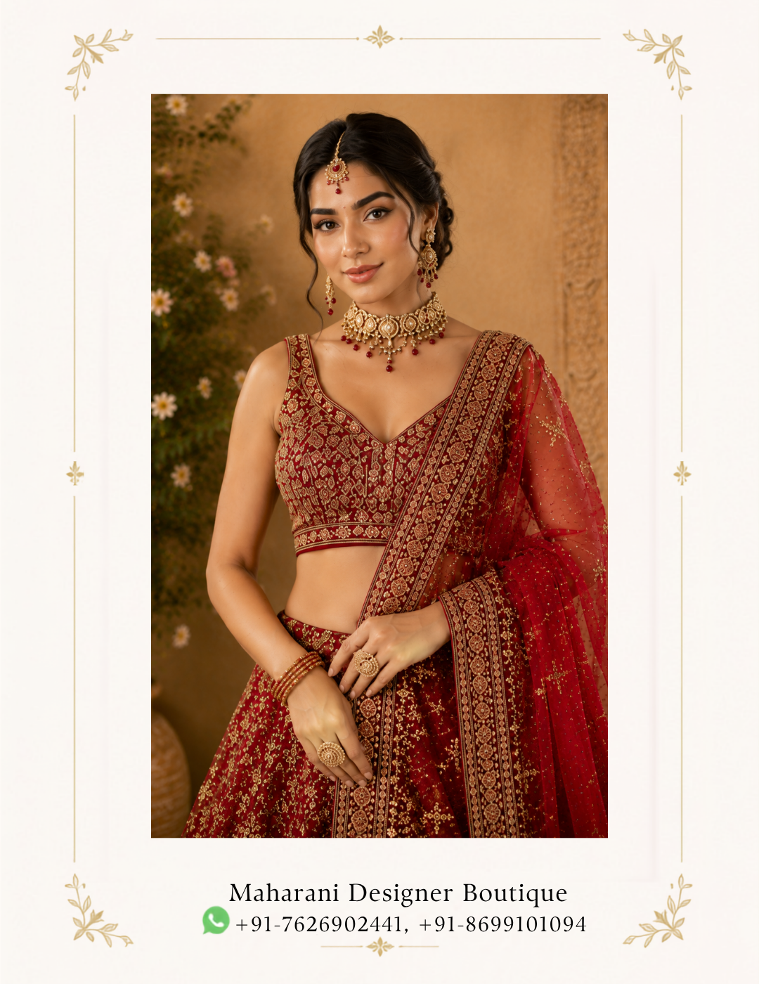 Ruhani Raqs Red Bridal Saree by Maharani Designer Boutique Step into timeless elegance with the Ruhani Raqs Red Bridal Saree, a luxurious statement ensemble created for women who love traditional Indian fashion with a sophisticated designer finish. Presented by Maharani Designer Boutique, this richly embellished red saree brings together a deep bridal colour, intricate golden embroidery, a beautifully detailed blouse and an elegant sheer pallu to create a graceful occasion-wear look. The saree features a rich red-to-wine colour palette that gives the outfit a luxurious and dramatic appearance. Throughout the drape, delicate golden motifs create subtle sparkle, while the heavily decorated borders provide a bold traditional finish. The pallu is especially striking, featuring an ornate embroidered border and scattered embellishment that gives the saree an elegant sense of movement. The accompanying blouse is equally detailed, featuring dense golden embroidery that beautifully complements the saree. Its structured neckline and fitted silhouette create a refined contrast against the flowing drape, making this ensemble suitable for brides, bridesmaids and women attending sophisticated wedding celebrations. Whether you are preparing for a wedding ceremony, reception, engagement, sangeet, festive celebration or elegant evening event, the Ruhani Raqs Red Bridal Saree is designed to make the occasion feel even more special. A Classic Red Bridal Saree with a Modern Designer Appeal Red has always held a special place in Indian festive and bridal fashion. It is bold, celebratory and instantly associated with traditional wedding dressing. The Ruhani Raqs Saree embraces this iconic colour while presenting it through an elegant contemporary silhouette. The deep red shade creates a dramatic foundation for the golden embellishment. The contrast between the rich fabric tone and the intricate gold work allows every decorative detail to stand out. The result is a saree that feels both traditional and refined. Rather than depending on excessive colour combinations, this design uses a sophisticated red-and-gold palette. This makes it easy to accessorize with traditional gold jewellery, kundan-inspired pieces, statement earrings or contemporary bridal accessories. Intricate Golden Embroidery The defining feature of this saree is its elaborate golden embroidery. Fine decorative motifs are distributed across the saree, creating a delicate shimmer without overwhelming the overall design. The embroidery becomes more prominent toward the borders, giving the saree a beautifully structured appearance. The detailed work is particularly effective when the saree is draped because the embroidered sections naturally frame the silhouette. The golden embellishment also coordinates beautifully with the blouse, creating a cohesive head-to-toe appearance. For women searching for a red saree with heavy embroidery, this design offers the richness expected from luxury Indian occasion wear while maintaining an elegant visual balance. Statement Embroidered Border The saree border is one of its most distinctive features. A broad, intricately decorated border runs along the lower edge and continues through the pallu. The detailed golden pattern gives the saree a strong finishing line and enhances the overall bridal character. The border becomes especially noticeable when the saree is photographed from a full-length angle. It also provides an elegant contrast against the softer drape of the main saree body. For a traditional wedding look, the border can be highlighted through a classic pleated drape. For a reception, a more relaxed drape can showcase the border along the shoulder and pallu. Elegant Sheer Pallu The pallu adds another layer of sophistication to the ensemble. Its sheer appearance creates a light, graceful contrast against the richer embroidered sections of the saree. Golden motifs are scattered across the pallu, while the heavily embellished edge provides definition. When worn over the shoulder, the pallu falls elegantly along the body and creates a beautiful vertical line. When draped more traditionally, it can frame the upper body and highlight the blouse embroidery. This versatility allows the same saree to be styled differently depending on the occasion. Designer Embroidered Blouse The blouse is designed as an integral part of the ensemble rather than simply an accompanying piece. Its rich embroidery mirrors the decorative language of the saree, creating a coordinated designer appearance. The fitted silhouette provides structure while the ornate golden detailing adds a luxurious finish. The neckline is decorated with intricate work, creating a natural focal point around the face and jewellery. The blouse can be paired with statement earrings and a choker for a traditional bridal appearance or styled with a more minimal jewellery selection for an elegant reception look. Sophisticated Blouse Styling The blouse offers several styling possibilities. For a traditional wedding, pair it with: Gold choker Layered necklace Statement earrings Maang tikka Gold bangles Traditional bridal hairstyle For a modern reception look, consider: Statement earrings Minimal necklace Sleek bun Soft waves Metallic clutch Elegant heels The detailed blouse ensures that the upper portion of the outfit remains visually striking even when the pallu is styled in different ways. Perfect Red Wedding Saree The Ruhani Raqs Saree is an excellent choice for women looking for a red wedding saree with a rich designer appearance. Its deep colour and extensive embroidery naturally suit formal wedding settings. The design can work beautifully for a bride's reception, a close family member at a wedding or a bridesmaid who wants a luxurious traditional outfit. The colour also photographs beautifully against neutral, heritage-inspired and richly decorated wedding venues. Bridal Reception Saree For a bride who wants a saree for her reception, this design offers a glamorous alternative to a traditional lehenga. The deep red shade maintains a bridal character, while the flowing saree silhouette provides an elegant and sophisticated appearance. Style it with a statement choker, dramatic earrings and a sleek hairstyle for an elevated reception look. A small embellished clutch can complete the ensemble. Engagement Saree The saree can also be styled for an engagement celebration. For an engagement, consider reducing the number of jewellery layers and allowing the blouse and embroidery to remain the focal points. A pair of statement earrings, delicate bangles and a polished hairstyle can create a sophisticated appearance without making the look feel overly bridal. Sangeet Saree For a sangeet, the saree can be styled with lighter jewellery and a comfortable drape. The sheer pallu adds movement to the ensemble and works beautifully in photographs. Pair it with statement earrings, bangles and comfortable embellished footwear for a glamorous festive appearance. Festive Occasion Wear The Ruhani Raqs Saree is not limited to weddings. Its red-and-gold colour combination makes it suitable for numerous Indian festive celebrations. Consider wearing it for: Diwali celebrations Family functions Traditional festivals Formal dinners Anniversary celebrations Cultural events Wedding parties Festive gatherings Evening celebrations Its detailed embroidery allows the saree to feel appropriately luxurious for formal occasions. Jewellery Pairing Guide The beauty of a red and gold saree is the range of jewellery options it provides. Gold Choker A traditional gold choker works beautifully with the detailed neckline of the blouse. Kundan-Inspired Jewellery Kundan-inspired jewellery can enhance the regal character of the outfit. Statement Earrings Large earrings can create an elegant look without requiring multiple necklace layers. Maang Tikka For bridal styling, a maang tikka adds a traditional finishing detail. Bangles Gold bangles or coordinated bridal bangles complement the ornate embroidery. Rings A statement cocktail ring or traditional ring can complete the hand styling. Hairstyle Ideas The right hairstyle can change the overall mood of the saree. Classic Bridal Bun A polished bun decorated with flowers is perfect for a traditional wedding. Soft Romantic Waves Loose waves create a softer and more contemporary appearance. Sleek Low Bun A low bun keeps attention on the blouse neckline and jewellery. Side-Swept Curls Side-swept curls create an elegant evening look. Traditional Braid A decorated braid adds a distinctly Indian bridal character. Makeup Suggestions The rich red colour works beautifully with warm, luminous makeup. For a classic bridal look, consider: Defined eyes Warm neutral eyeshadow Soft contour Glowing complexion Traditional red lipstick Subtle highlighter For a contemporary reception appearance, choose luminous skin, softly defined eyes and a muted lip. The objective is to enhance the rich saree without competing with its intricate embroidery. Footwear Recommendations Footwear should complement the golden detailing while providing enough comfort for extended celebrations. Suitable choices include: Gold heels Champagne sandals Embellished heels Metallic footwear Traditional juttis Decorative bridal sandals Gold and neutral tones coordinate especially well with the saree's embroidery. Clutch and Accessories A small embellished clutch can complete the look. For a traditional wedding, consider an embroidered potli in gold or red. For an evening reception, a metallic clutch can provide a contemporary finishing touch. Avoid overly contrasting accessories so the saree remains the primary focus. Multiple Draping Styles One of the benefits of a saree is the ability to change its appearance through styling. Classic Shoulder Drape Allow the embroidered pallu to fall naturally over one shoulder for an elegant traditional appearance. Open Pallu An open pallu showcases the embroidery and creates a graceful flowing silhouette. Pleated Pallu Neatly pleated pallu styling provides a more structured and formal appearance. Head Drape For a bridal ceremony, the pallu can be placed over the head to create a classic traditional silhouette. The ornate border makes every draping style visually distinctive. A Saree Designed for Special Moments A wedding saree is more than an outfit. It becomes part of the memories created around an important celebration. The Ruhani Raqs Saree is designed with that sense of occasion in mind. The deep red colour brings warmth and drama. The golden embroidery creates a luxurious finish. The flowing pallu adds movement. The detailed blouse provides structure. Together, these elements create an ensemble that feels appropriate for significant celebrations. Whether you are walking into a wedding venue, posing for portraits or celebrating with family and friends, this saree creates an elegant traditional presence. Ideal for Bridesmaids and Wedding Guests Not every woman attending a wedding wants to wear a lehenga. A heavily embroidered saree offers an equally luxurious alternative. The Ruhani Raqs design can be styled for bridesmaids, sisters, cousins and close family members. For wedding guests, pair the saree with statement earrings and a more restrained necklace. This allows the outfit to retain its grandeur while maintaining a sophisticated balance. Styling for Daytime Weddings For a daytime celebration, keep jewellery slightly lighter. Choose delicate gold earrings, a simple necklace and soft makeup. A polished bun or soft waves can complete the look. The rich red colour remains the centrepiece while the lighter accessories prevent the overall appearance from feeling too heavy. Styling for Evening Weddings For an evening event, embrace the saree's luxurious character. Add statement jewellery, bold earrings and luminous makeup. The golden embroidery can catch ambient lighting beautifully, making the outfit especially striking in evening photographs. A metallic clutch and elegant heels can complete the look. Photography Appeal This saree is particularly suited to bridal and occasion photography. The combination of deep red and gold creates strong visual contrast. The embroidered borders add definition to full-length photographs, while the sheer pallu creates softness and movement. Close-up photographs can highlight the detailed blouse and jewellery, while wider photographs showcase the full saree silhouette. For bridal portraits, consider photographing the outfit against neutral, heritage-inspired or floral backgrounds. Why Choose the Ruhani Raqs Saree? Rich Bridal Colour The deep red tone creates a timeless wedding aesthetic. Ornate Gold Detailing Golden embroidery adds luxury and traditional character. Statement Border The detailed border creates a beautifully defined silhouette. Elegant Pallu The sheer embellished pallu adds movement and sophistication. Coordinated Blouse The richly embroidered blouse completes the designer appearance. Versatile Styling The saree can be adapted for weddings, receptions, engagements and festive celebrations. Traditional Yet Contemporary Its classic colour palette is balanced by an elegant modern presentation. Maharani Designer Boutique The Ruhani Raqs Red Bridal Saree represents the refined aesthetic of Maharani Designer Boutique, bringing together traditional Indian occasion-wear influences and sophisticated styling. For women searching for a red bridal saree, red wedding saree, designer red saree, bridal saree with heavy embroidery, red saree with gold work, wedding saree for women, embroidered bridal saree, luxury wedding saree, designer saree for wedding, red and gold saree, bridal saree online, wedding saree online, Indian bridal saree, traditional red saree, reception saree, engagement saree, festive saree, Maharani Designer Boutique saree and designer Indian occasion wear, this ensemble offers an elegant choice for memorable celebrations. The combination of deep red, golden embroidery, ornate borders and a flowing pallu makes this saree a strong statement piece for women who appreciate timeless Indian fashion. Product Details Product Name: Ruhani Raqs Red Bridal Saree Brand: Maharani Designer Boutique Category: Bridal & Designer Saree Primary Colour: Deep Red / Wine Red Embellishment: Golden embroidered detailing Blouse: Coordinated heavily embroidered designer blouse Saree: Embellished red saree with decorative borders Pallu: Sheer-style pallu with embroidered border and scattered motifs Style: Traditional Indian luxury occasion wear Best For: Weddings, bridal receptions, engagements, sangeet, festive events and formal celebrations Please note: Exact fabric composition, embroidery technique, embellishment materials, measurements, blouse construction, customization options and availability should be confirmed with Maharani Designer Boutique before purchase, as these details cannot be reliably determined from the photograph alone. Care & Storage An intricately embellished saree should be handled carefully to help preserve its appearance. Store it in a clean, breathable garment bag away from moisture and direct sunlight. Avoid folding heavily embroidered sections repeatedly in the same place. Keep jewellery, pins and other sharp accessories away from the saree when dressing. Avoid spraying perfume directly onto the fabric or embellishment. After wearing, allow the saree to air before long-term storage. For cleaning, follow the care instructions provided with the finished garment and consult a professional cleaner experienced with embellished Indian occasion wear when appropriate. Proper storage and careful handling can help maintain the beauty of the embroidery and borders for future celebrations. SEO Keyword Set red bridal saree, red bridal saree for wedding, red wedding saree, red saree for bride, bridal red saree, designer bridal saree, designer red saree, heavy bridal saree, heavy red saree, embroidered bridal saree, red embroidered saree, red saree with gold work, red and gold bridal saree, red and gold wedding saree, wedding saree for women, bridal saree online, wedding saree online, designer saree online, Indian bridal saree, Indian wedding saree, traditional bridal saree, luxury bridal saree, bridal wear saree, wedding wear for women, bridal outfit for wedding, red wedding outfit, designer wedding saree, bridal reception saree, reception saree for bride, sangeet saree, engagement saree, festive saree for women, party wear saree, heavy embroidery saree, gold embroidered saree, wedding saree with blouse, designer saree with blouse, bridal saree with designer blouse, red saree boutique, bridal saree boutique, wedding saree boutique, Indian designer saree, traditional red saree, luxury Indian saree, Maharani Designer Boutique, Maharani Designer, Maharani bridal saree, Maharani designer saree, Maharani wedding wear.
