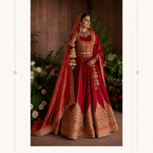 Traditional Wedding Lehenga With Heavy Gold Embroidery Dupatta The Ruby Riwaayat Bridal Lehenga Choli is an elegant expression of traditional Indian bridal fashion, created for the bride who wants her wedding attire to feel timeless, luxurious and unforgettable. Featuring a rich ruby-red colour palette enhanced with intricate golden detailing, this ensemble brings together classic bridal aesthetics with a graceful contemporary silhouette. The lehenga showcases an expansive flared skirt with detailed golden borders and vertical ornamental detailing. The rich red base provides the perfect canvas for the elaborate embroidery, while the gold embellishment adds depth, dimension and a luxurious bridal finish. The matching blouse is designed with a traditional silhouette and ornate embroidery across the bodice. Its detailed craftsmanship complements the grandeur of the lehenga while maintaining a balanced and sophisticated appearance. The neckline and sleeves are beautifully enhanced with gold work, creating an elegant frame for bridal jewellery. Completing the ensemble is a coordinating red dupatta with an elaborate golden border. Draped over the head or styled gracefully over the shoulder, the dupatta gives the outfit its traditional bridal character. The detailed border adds a beautiful finishing touch and creates a cohesive look from head to toe. A Timeless Red Bridal Look Red has long been associated with celebration, love and grandeur in Indian wedding fashion. The deep ruby-red shade of this lehenga creates a striking bridal appearance without compromising its traditional elegance. Paired with gold embroidery, the colour combination gives the outfit a rich and luxurious character. The Ruby Riwaayat Bridal Lehenga Choli is ideal for brides looking for a classic red wedding lehenga with a sophisticated finish. Its detailed embroidery makes it suitable for grand ceremonies, while the graceful silhouette allows the bride to move comfortably and confidently throughout her celebrations. Intricate Golden Embroidery One of the defining features of this bridal lehenga is its elaborate gold embroidery. The ornamental motifs are arranged across the blouse, lehenga and dupatta to create visual continuity throughout the ensemble. The embroidery features traditional-inspired floral and geometric detailing that gives the outfit a heritage-inspired appearance. The rich gold against the red base creates a beautiful contrast that photographs beautifully under wedding lighting. From close-up bridal portraits to full-length wedding photographs, the embroidery adds texture and visual richness to the outfit. Statement Bridal Blouse The blouse is designed as an integral part of the overall ensemble rather than simply as a supporting piece. Its ornate front detailing creates a sophisticated focal point while coordinating beautifully with the lehenga. The traditional neckline is complemented by rich embroidery, while the sleeves feature matching decorative work. This makes the blouse especially suitable for styling with statement jewellery such as a traditional necklace, choker, earrings, maang tikka and bangles. Flared Bridal Lehenga The skirt features a graceful, voluminous silhouette that creates an elegant bridal presence. The flare allows the embroidery and borders to be displayed beautifully as the bride walks, poses or moves across the wedding venue. The lower portion features an especially detailed border, giving the lehenga a luxurious finish. Multiple ornamental bands create depth while framing the hemline beautifully. The overall silhouette is suitable for traditional bridal photography, bridal entry moments, wedding ceremonies and reception celebrations. Traditional Dupatta The coordinating dupatta completes the bridal look with its rich red colour and elaborate gold border. It can be styled traditionally over the head for a classic bridal appearance or draped over one shoulder for a more contemporary presentation. The ornate border creates a beautiful frame when the dupatta is worn over the head, making it especially suitable for bridal portraits and ceremony photographs. Perfect for Wedding Celebrations This red and gold bridal lehenga can be styled for a variety of wedding occasions, including: Bridal wedding ceremony Wedding day celebrations Reception Engagement ceremony Roka ceremony Sangeet Mehndi celebration Traditional family functions Festive celebrations Bridal photoshoots Destination weddings Luxury Indian wedding events Its traditional colour palette makes it particularly suitable for brides who want their wedding outfit to retain a classic Indian bridal identity. Styling the Ruby Riwaayat Lehenga For a complete bridal appearance, pair this ensemble with traditional gold jewellery. A layered necklace or statement choker can beautifully complement the embroidered blouse. Add matching earrings, a maang tikka, bangles and traditional bridal accessories to create a complete wedding look. For footwear, traditional embroidered juttis, embellished heels or metallic bridal sandals can work beautifully with the outfit. A classic bun decorated with fresh flowers can enhance the traditional character of the ensemble, while soft waves or an elegant updo can create a more contemporary bridal appearance. Jewellery Pairing The red and gold palette provides plenty of opportunities for jewellery styling. Consider pairing the lehenga with: Gold jewellery: Classic gold jewellery enhances the warm tones of the embroidery and creates a traditional bridal appearance. Kundan jewellery: Kundan pieces add a regal touch and work beautifully with heavily embroidered bridal outfits. Polki jewellery: Polki jewellery can create a luxurious heritage-inspired look. Statement choker: A statement choker balances the ornate blouse and frames the neckline beautifully. Maang tikka: A traditional maang tikka completes the bridal styling and works particularly well with the dupatta worn over the head. Designed for the Modern Bride Although inspired by traditional bridal aesthetics, the Ruby Riwaayat Bridal Lehenga Choli can easily be styled according to contemporary bridal preferences. A bride who prefers a classic appearance can wear the dupatta over her head with traditional jewellery and a bridal bun. A modern bride can drape the dupatta over one shoulder, choose statement earrings and keep the hairstyle sleek and refined. This versatility makes the ensemble suitable for different bridal personalities and wedding themes. Photography-Friendly Bridal Outfit A bridal outfit should look beautiful both in person and in photographs. The deep red base and contrasting golden embroidery create strong visual definition, allowing the intricate details of the ensemble to remain visible in wedding photography. The wide embroidered hem creates an elegant effect in full-length photographs, while the detailed blouse provides beautiful opportunities for close-up portraits. The dupatta border can also be positioned around the face or across the shoulder to create different bridal looks throughout the wedding day. Why Choose the Ruby Riwaayat Bridal Lehenga Choli? The Ruby Riwaayat brings together several elements of classic bridal fashion: Rich ruby-red colour Traditional gold embroidery Ornate bridal blouse Flared lehenga silhouette Detailed hem border Coordinating embroidered dupatta Regal traditional appearance Versatile wedding styling Elegant photography appeal Suitable for grand celebrations It is an excellent choice for brides searching for a red bridal lehenga choli, traditional Indian wedding lehenga, red and gold bridal lehenga, or heavy embroidered bridal lehenga. Ideal for Indian Weddings Worldwide This style can be an excellent choice for brides celebrating Indian weddings in India as well as destination and international wedding celebrations. Its classic red-and-gold palette complements traditional wedding décor, floral arrangements, mandap settings and grand reception venues. Whether your wedding takes place in India, Canada, the USA, the UK, Australia or another destination, the timeless colour combination allows the outfit to fit naturally into a wide range of wedding themes. Bridal Elegance with a Heritage Feel The beauty of this ensemble lies in its ability to capture the feeling of traditional bridal clothing while maintaining a polished fashion-forward presentation. The detailed motifs, rich colour and elaborate borders create an heirloom-inspired appearance. The result is a bridal outfit that feels celebratory, sophisticated and regal. Ruby Riwaayat Red Bridal Lehenga Choli with Heavy Gold Embroidery red bridal lehenga, red bridal lehenga choli, red wedding lehenga, red and gold bridal lehenga, traditional bridal lehenga, Indian bridal lehenga, bridal lehenga choli, heavy embroidery bridal lehenga, embroidered wedding lehenga, designer bridal lehenga, luxury bridal lehenga, traditional Indian wedding dress, bridal wedding outfit, red lehenga for bride, gold embroidered lehenga, bridal lehenga online, wedding lehenga for bride, Indian wedding lehenga, bridal choli with lehenga, red lehenga choli for wedding, luxury Indian bridal wear, bridal outfit for wedding, traditional red lehenga, wedding wear for bride, bridal couture lehenga, festive lehenga choli, bridal fashion, Indian bridal wear, wedding outfit for women, red and gold wedding outfit, bridal lehenga USA, bridal lehenga Canada, bridal lehenga UK, bridal lehenga Australia, Indian bridal wear USA, Indian bridal wear Canada, Indian wedding outfit UK red bridal lehenga choli with heavy gold embroidery, traditional red and gold bridal lehenga for wedding, luxury red bridal lehenga choli online, embroidered red wedding lehenga for bride, traditional Indian red bridal lehenga, elegant red lehenga choli for wedding ceremony, heavy embroidered bridal lehenga with dupatta, red and gold Indian wedding lehenga for bride, traditional bridal lehenga choli with embroidered dupatta, luxury Indian bridal lehenga for wedding ceremony, red bridal lehenga for reception, traditional wedding lehenga for Indian bride, red bridal outfit with gold embroidery, elegant Indian bridal lehenga choli online