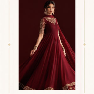Maharani Burgundy Royal Embroidered Anarkali Suits Make a statement with the Maharani Burgundy Royal Embroidered Anarkali Suits, crafted in a rich burgundy shade for a timeless and sophisticated look. The flowing Anarkali silhouette features elegant gold embroidery around the neckline, sleeves and dramatic hemline. The coordinated sheer burgundy dupatta is finished with an intricate embroidered border, adding a luxurious finishing touch. Perfect for weddings, receptions, festive celebrations, sangeet functions and evening parties. Colour: Burgundy & Gold Style: Embroidered Anarkali Gown Detailing: Intricate Gold Embroidery & Heavy Border Occasion: Wedding, Festive & Party Wear Brand: Maharani Designer Boutique