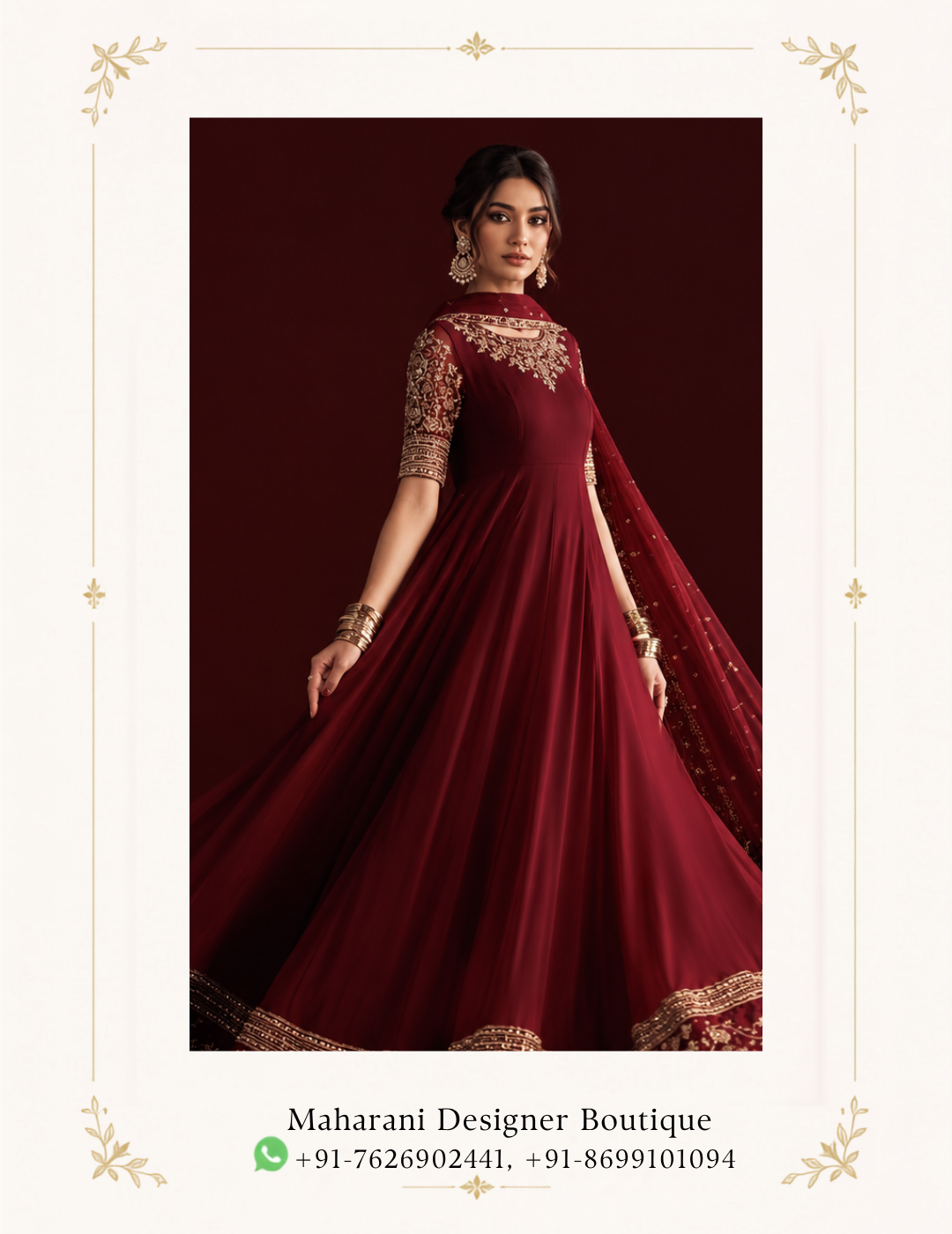 Maharani Burgundy Royal Embroidered Anarkali Suits Make a statement with the Maharani Burgundy Royal Embroidered Anarkali Suits, crafted in a rich burgundy shade for a timeless and sophisticated look. The flowing Anarkali silhouette features elegant gold embroidery around the neckline, sleeves and dramatic hemline. The coordinated sheer burgundy dupatta is finished with an intricate embroidered border, adding a luxurious finishing touch. Perfect for weddings, receptions, festive celebrations, sangeet functions and evening parties. Colour: Burgundy & Gold Style: Embroidered Anarkali Gown Detailing: Intricate Gold Embroidery & Heavy Border Occasion: Wedding, Festive & Party Wear Brand: Maharani Designer Boutique