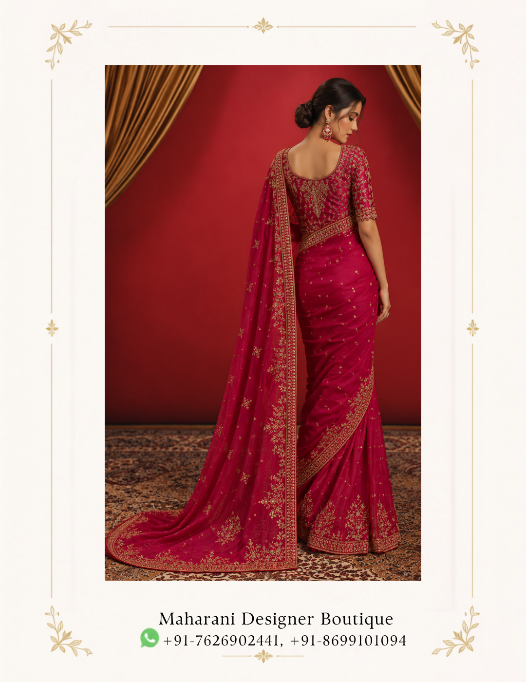 Maharani Heritage Embroidered Saree Elevate your ethnic wardrobe with the Maharani Heritage Embroidered Saree, Maharani Designer Boutique Jalandhar, a graceful statement piece blending soft pastel elegance with intricate traditional detailing. The saree features a sophisticated dusty rose base beautifully enhanced with floral motifs, geometric patterns and delicate multicolour embroidery. Its richly designed borders add definition and a luxurious finish, while the coordinated pallu showcases elaborate traditional artwork for an eye-catching drape.