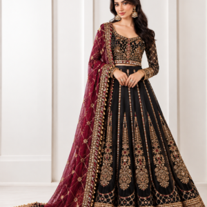 Maharani Black & Burgundy Royal Embroidered Lehenga Choli Make a striking statement with the Maharani Black & Burgundy Royal Embroidered Lehenga Choli, a luxurious ensemble designed for weddings, receptions and glamorous festive occasions. The combination of black, burgundy and antique gold creates a sophisticated, regal look that is perfect for the modern bride or wedding guest seeking statement ethnic wear. Brand: Maharani Designer Boutique Category: Designer Lehenga Choli Colour: Black, Burgundy & Antique Gold Work: Heavy Embroidery & Embellishment Occasion: Wedding, Reception, Engagement, Sangeet & Festive Wear