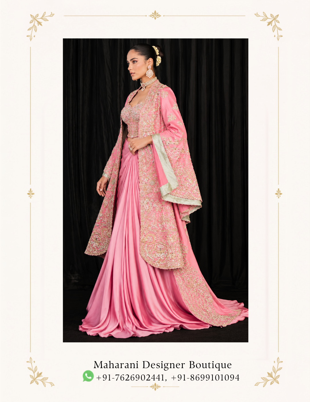 Maharani Blush Pink Royal Embroidered Couture Saree Gown Make a glamorous statement with the Maharani Blush Pink Royal Embroidered Couture Saree Gown, Blush Pink Designer Saree Gown with Heavy Embroidered Jacket, Maharani Designer Boutique Jalandhar, an exquisite fusion of traditional Indian elegance and contemporary designer fashion. This luxurious ensemble is designed for women who love sophisticated silhouettes, intricate craftsmanship, and timeless ethnic wear. Product Details Colour: Blush Pink Category: Designer Saree Gown Design: Draped saree-style skirt with a long jacket Work: Intricate floral embroidery with metallic detailing Blouse: Embellished designer blouse Jacket: Long embroidered jacket with statement sleeves Style: Luxury, contemporary, and traditional fusion Occasion: Wedding receptions, engagements, cocktail parties, and festive events Brand: Maharani Designer Boutique