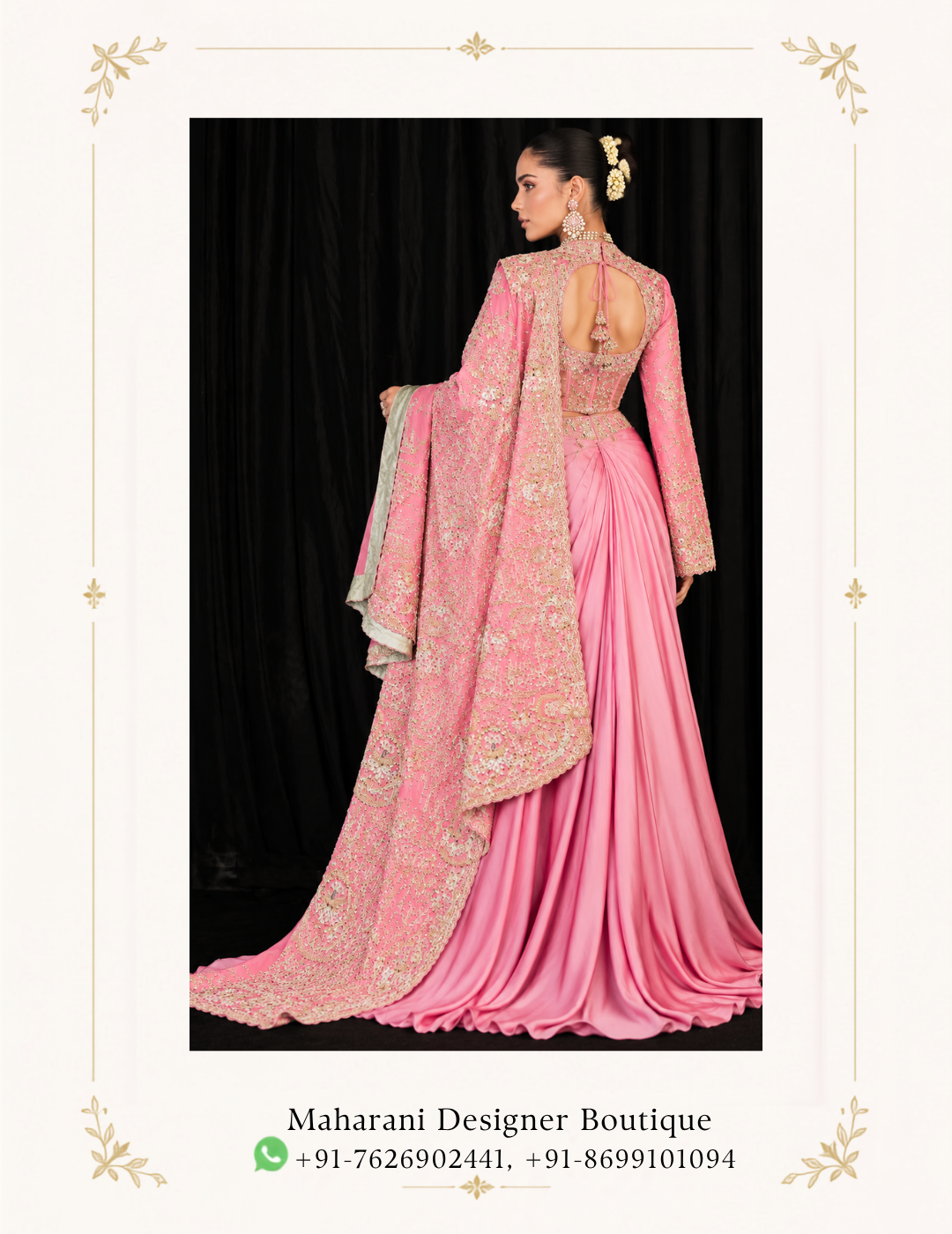 Maharani Blush Pink Royal Embroidered Couture Saree Gown Make a glamorous statement with the Maharani Blush Pink Royal Embroidered Couture Saree Gown, Blush Pink Designer Saree Gown with Heavy Embroidered Jacket, Maharani Designer Boutique Jalandhar, an exquisite fusion of traditional Indian elegance and contemporary designer fashion. This luxurious ensemble is designed for women who love sophisticated silhouettes, intricate craftsmanship, and timeless ethnic wear. Product Details Colour: Blush Pink Category: Designer Saree Gown Design: Draped saree-style skirt with a long jacket Work: Intricate floral embroidery with metallic detailing Blouse: Embellished designer blouse Jacket: Long embroidered jacket with statement sleeves Style: Luxury, contemporary, and traditional fusion Occasion: Wedding receptions, engagements, cocktail parties, and festive events Brand: Maharani Designer Boutique