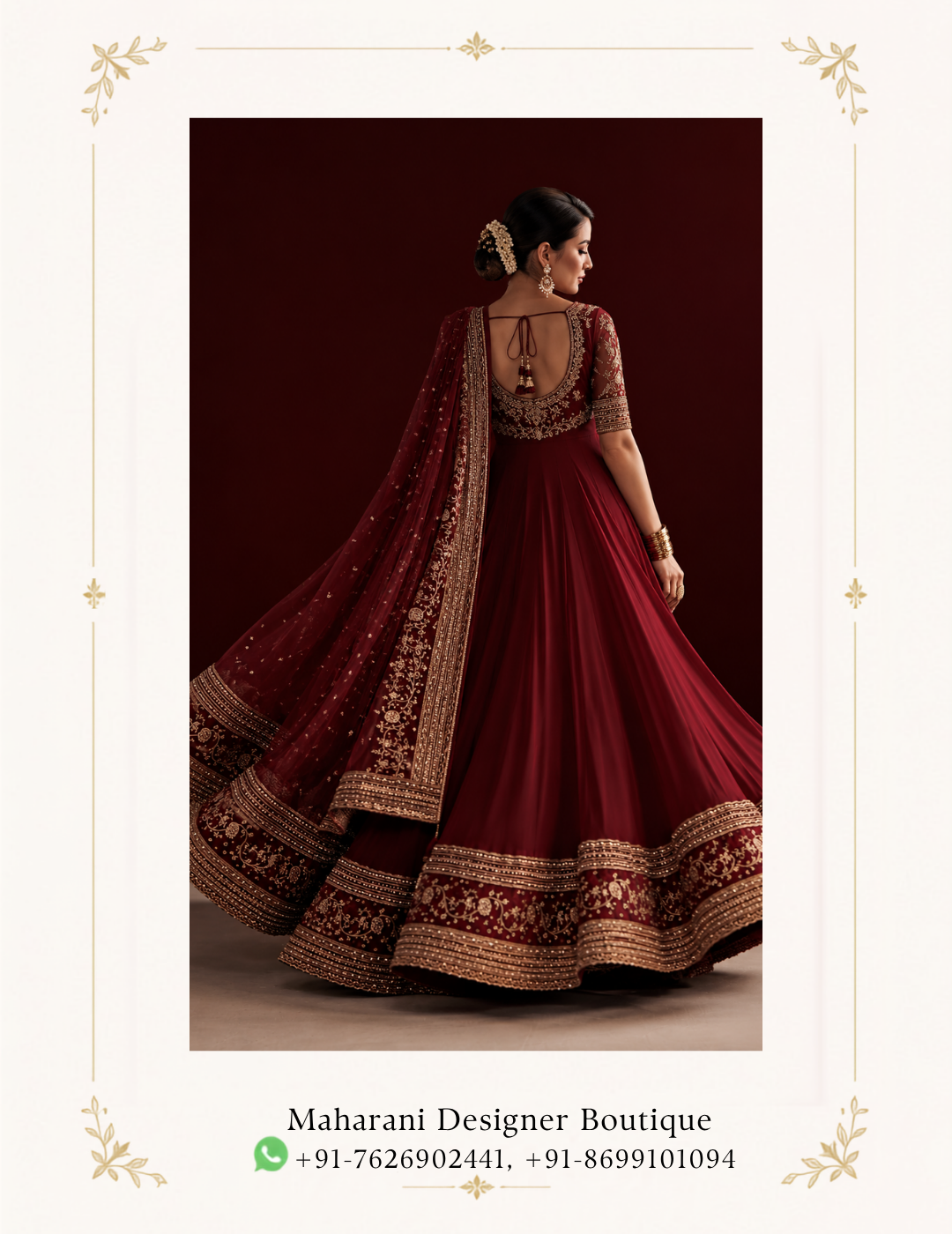 Maharani Burgundy Royal Embroidered Anarkali Suits Make a statement with the Maharani Burgundy Royal Embroidered Anarkali Suits, crafted in a rich burgundy shade for a timeless and sophisticated look. The flowing Anarkali silhouette features elegant gold embroidery around the neckline, sleeves and dramatic hemline. The coordinated sheer burgundy dupatta is finished with an intricate embroidered border, adding a luxurious finishing touch. Perfect for weddings, receptions, festive celebrations, sangeet functions and evening parties. Colour: Burgundy & Gold Style: Embroidered Anarkali Gown Detailing: Intricate Gold Embroidery & Heavy Border Occasion: Wedding, Festive & Party Wear Brand: Maharani Designer Boutique