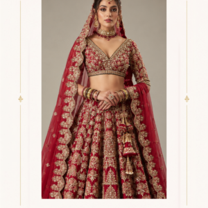 Maharani Royal Crimson Heritage Embroidered Bridal Lehenga Celebrate your special day in timeless elegance with the Maharani Royal Crimson Heritage Embroidered Bridal Lehenga, Red Bridal Lehenga with Heavy Golden Embroidery and Embellished Dupatta, Maharani Designer Boutique Jalandhar, a luxurious bridal ensemble inspired by traditional Indian craftsmanship. Featuring a rich crimson red base with intricate golden embroidery, this bridal lehenga is designed for brides who love regal details and classic wedding fashion. Product Details Colour: Crimson Red with Gold Style: Traditional Bridal Lehenga Choli Work: Heavy golden embroidery with intricate floral and heritage motifs Blouse: Embroidered blouse with V-neckline and three-quarter sleeves Lehenga: Flared bridal skirt with elaborate embroidery and a heavy border Dupatta: Red net dupatta with scalloped embroidered edging Occasion: Wedding, bridal ceremony, and reception Brand: Maharani Designer Boutique