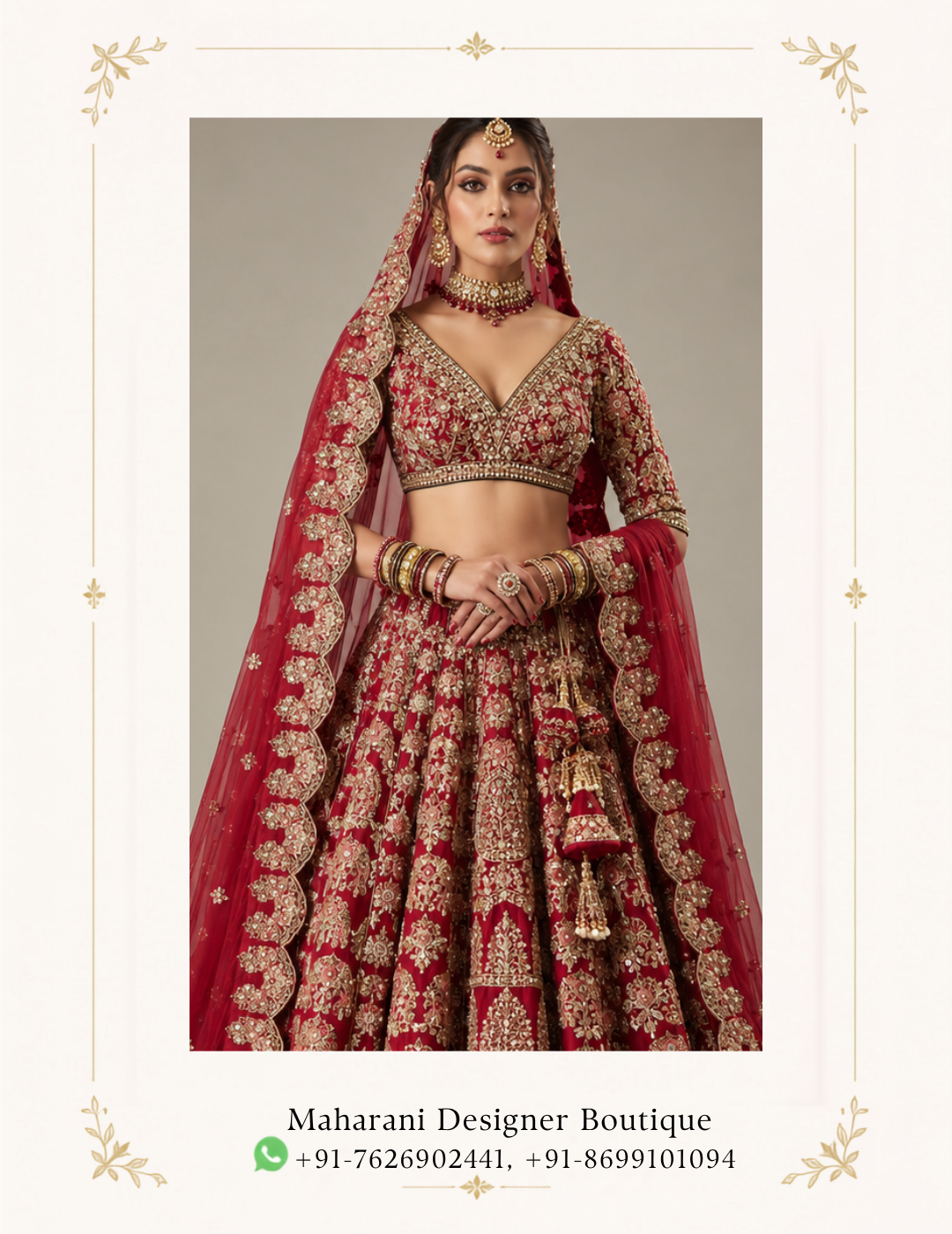 Maharani Royal Crimson Heritage Embroidered Bridal Lehenga Celebrate your special day in timeless elegance with the Maharani Royal Crimson Heritage Embroidered Bridal Lehenga, Red Bridal Lehenga with Heavy Golden Embroidery and Embellished Dupatta, Maharani Designer Boutique Jalandhar, a luxurious bridal ensemble inspired by traditional Indian craftsmanship. Featuring a rich crimson red base with intricate golden embroidery, this bridal lehenga is designed for brides who love regal details and classic wedding fashion. Product Details Colour: Crimson Red with Gold Style: Traditional Bridal Lehenga Choli Work: Heavy golden embroidery with intricate floral and heritage motifs Blouse: Embroidered blouse with V-neckline and three-quarter sleeves Lehenga: Flared bridal skirt with elaborate embroidery and a heavy border Dupatta: Red net dupatta with scalloped embroidered edging Occasion: Wedding, bridal ceremony, and reception Brand: Maharani Designer Boutique