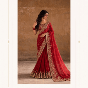 Maharani Crimson Royal Embroidered Saree Make every celebration unforgettable with the Maharani Crimson Royal Embroidered Saree, Crimson Red Designer Saree with Intricate Gold Embroidery & Heavy Border, Maharani Designer Boutique Jalandhar, a timeless expression of Indian elegance from Maharani Designer Boutique. Featuring a rich crimson red hue, intricate gold-toned embroidery, and an exquisitely embellished border, this designer saree brings regal charm to your ethnic wardrobe. Product Highlights Colour: Crimson Red Style: Traditional Designer Saree Work: Intricate gold-toned embroidery Border: Richly embellished floral border Blouse: Matching embroidered blouse Occasions: Weddings, receptions, parties and festive celebrations Please confirm the fabric composition, blouse-piece details, and customisation options before publishing the final product specifications.