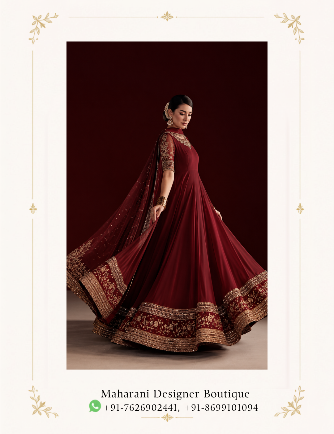 Maharani Burgundy Royal Embroidered Anarkali Suits Make a statement with the Maharani Burgundy Royal Embroidered Anarkali Suits, crafted in a rich burgundy shade for a timeless and sophisticated look. The flowing Anarkali silhouette features elegant gold embroidery around the neckline, sleeves and dramatic hemline. The coordinated sheer burgundy dupatta is finished with an intricate embroidered border, adding a luxurious finishing touch. Perfect for weddings, receptions, festive celebrations, sangeet functions and evening parties. Colour: Burgundy & Gold Style: Embroidered Anarkali Gown Detailing: Intricate Gold Embroidery & Heavy Border Occasion: Wedding, Festive & Party Wear Brand: Maharani Designer Boutique