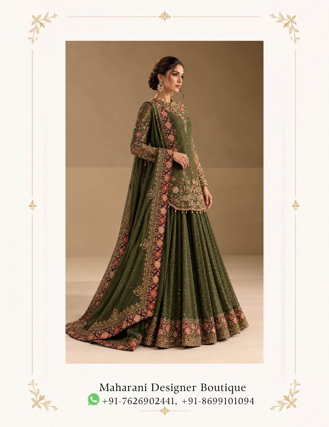 Maharani Olive Green Royal Embroidered Sharara Suit Discover timeless elegance with the Maharani Olive Green Royal Embroidered Sharara Suit, Olive Green Designer Sharara Suit with Burgundy Embroidered Dupatta , a sophisticated ethnic ensemble crafted for women who appreciate luxurious traditional fashion. Featuring a rich olive green kurta adorned with intricate golden and multicolour floral embroidery, this designer outfit beautifully blends heritage craftsmanship with contemporary elegance. Colour: Olive Green with Burgundy and Gold accents Style: Designer Sharara Suit Work: Intricate floral embroidery with golden embellishments Neckline: Embroidered round neckline Sleeves: Full sleeves with detailed embroidered cuffs Bottom: Flared olive green sharara with embroidered hem Dupatta: Olive green dupatta with a rich burgundy and gold embroidered border Occasion: Wedding, festive wear, party wear, and celebrations Brand: Maharani Designer Boutique