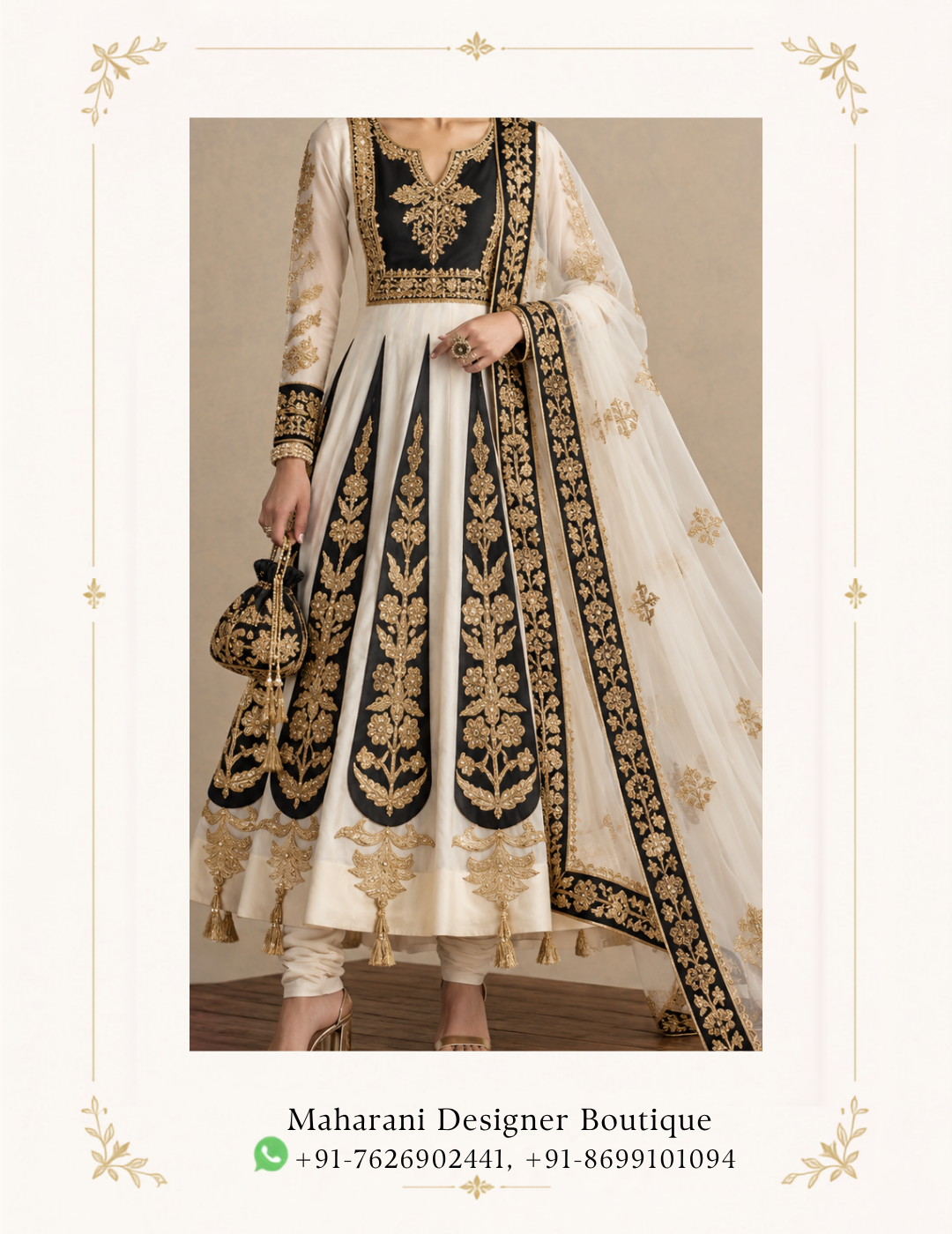 Maharani Black Ivory & Gold Royal Embroidered Anarkali Gown Make a regal statement with the Maharani Black Ivory & Gold Royal Embroidered Anarkali Gown, Black and Ivory Anarkali Gown with Gold Embroidery , Maharani Designer Boutique Jalandhar, a masterpiece of traditional Indian craftsmanship and contemporary elegance. This stunning designer outfit features a graceful ivory base, striking black panels, and intricate golden embroidery that creates a luxurious royal appearance. Discover premium ethnic fashion at Maharani Designer Boutique, where traditional artistry meets modern sophistication. Shop designer Anarkali gowns online and elevate your occasion-wear wardrobe with this timeless creation. Product Highlights Colour: Ivory, Black and Gold Style: Designer Anarkali Gown Work: Intricate golden embroidery Dupatta: Matching dupatta with an embroidered border Look: Royal, elegant and traditional Occasions: Weddings, receptions, engagements and festive celebrations Brand: Maharani Designer Boutique Maharani Ivory Floral Heritage Lehenga,Maharani Ivory Floral Heritage Designer Lehenga Choli,Maharani Ivory Blush Embroidered Sharara Suit,Ivory Gold Heritage Embroidered Bridal Lehenga Choli,Maharani Crimson Heritage Embroidered Salwar Suit
