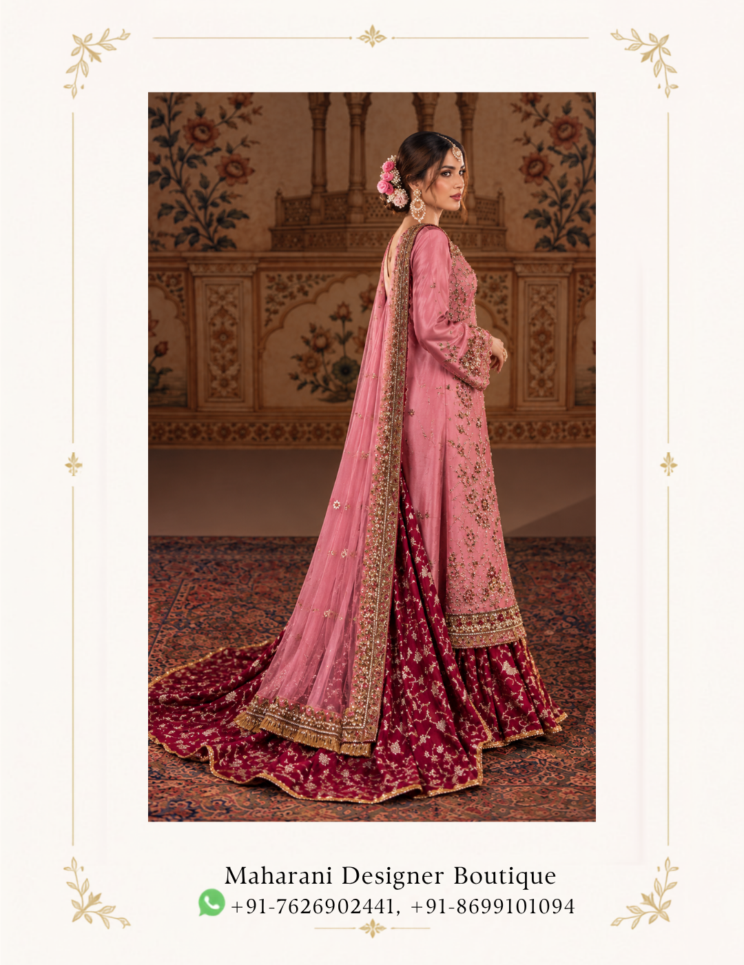 Maharani Dusty Pink & Maroon Royal Embroidered Bridal Suit - Image 2