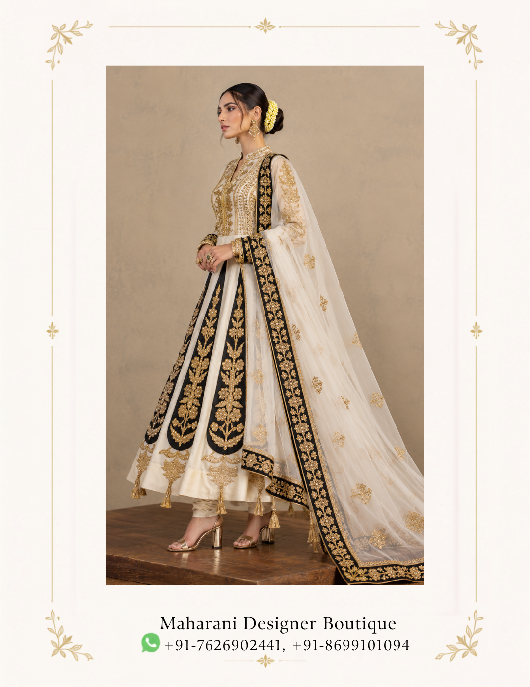 Maharani Black Ivory & Gold Royal Embroidered Anarkali Gown Make a regal statement with the Maharani Black Ivory & Gold Royal Embroidered Anarkali Gown, Black and Ivory Anarkali Gown with Gold Embroidery , Maharani Designer Boutique Jalandhar, a masterpiece of traditional Indian craftsmanship and contemporary elegance. This stunning designer outfit features a graceful ivory base, striking black panels, and intricate golden embroidery that creates a luxurious royal appearance. Discover premium ethnic fashion at Maharani Designer Boutique, where traditional artistry meets modern sophistication. Shop designer Anarkali gowns online and elevate your occasion-wear wardrobe with this timeless creation. Product Highlights Colour: Ivory, Black and Gold Style: Designer Anarkali Gown Work: Intricate golden embroidery Dupatta: Matching dupatta with an embroidered border Look: Royal, elegant and traditional Occasions: Weddings, receptions, engagements and festive celebrations Brand: Maharani Designer Boutique Maharani Ivory Floral Heritage Lehenga,Maharani Ivory Floral Heritage Designer Lehenga Choli,Maharani Ivory Blush Embroidered Sharara Suit,Ivory Gold Heritage Embroidered Bridal Lehenga Choli,Maharani Crimson Heritage Embroidered Salwar Suit