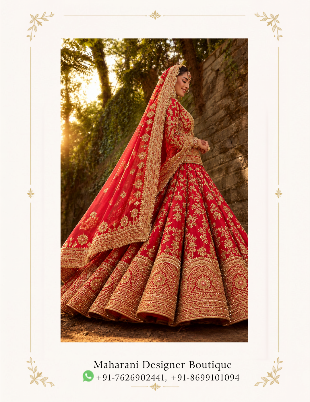 Maharani Crimson Royale Embroidered Bridal Lehenga Celebrate your special day in timeless elegance with the Maharani Crimson Royale Gold Embroidered Bridal Lehenga, Red Bridal Lehenga with Heavy Gold Embroidery and Matching Dupatta , Maharani Designer Boutique Jalandhar, a luxurious bridal ensemble designed for the modern bride who cherishes traditional Indian craftsmanship. Featuring a rich crimson red colour, this stunning bridal lehenga showcases intricate golden embroidery with elaborate floral motifs and traditional patterns. The beautifully embellished blouse features detailed gold work, a structured silhouette, and an ornate waistline that enhances its regal appeal. Product Highlights: Colour: Crimson Red with Gold Style: Traditional Bridal Lehenga Choli Work: Intricate gold embroidery with floral and traditional motifs Blouse: Heavily embellished bridal blouse Lehenga: Flared skirt with all-over golden embroidery and an ornate hemline Dupatta: Matching red dupatta with an embroidered gold border Occasion: Wedding ceremonies, bridal celebrations, receptions, and engagement functions