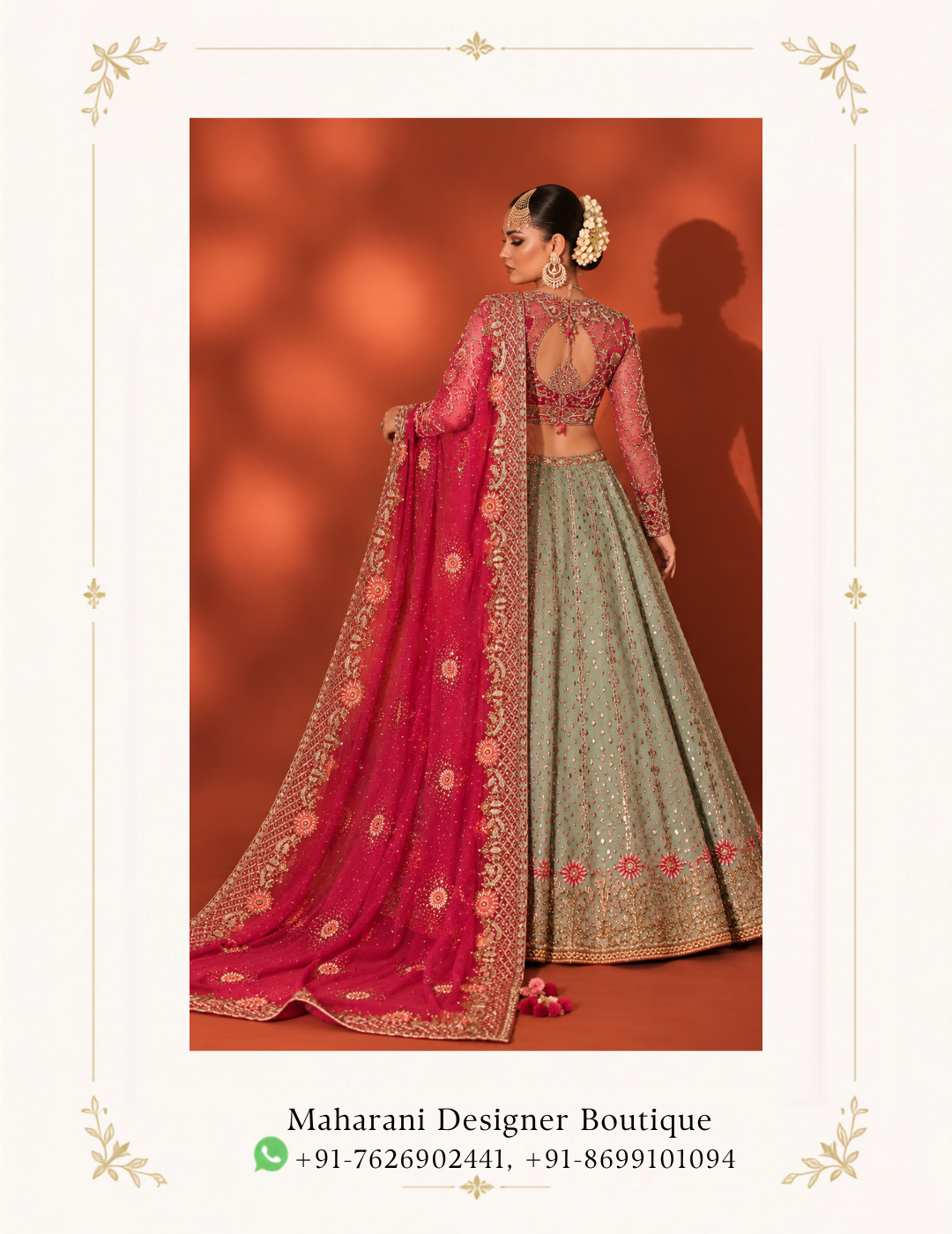 Maharani Magenta Sage Royale Embroidered Bridal Lehenga Make your special occasions unforgettable with the Maharani Magenta Sage Royale Embroidered Bridal Lehenga, Magenta and Sage Green Designer Bridal Lehenga with Heavy Embroidery , an exquisite ensemble that celebrates traditional Indian craftsmanship with luxurious elegance. This stunning designer bridal lehenga features a beautiful combination of sage green and rich magenta pink. The sage green flared lehenga is adorned with delicate motifs, intricate embellishments, and an elaborate embroidered hemline that creates a graceful and regal appearance. Explore premium designer bridal lehengas online at Maharani Designer Boutique, with worldwide shipping available for customers in India and abroad. Product Details Colour: Sage Green and Magenta Pink Category: Designer Bridal Lehenga Blouse: Magenta pink blouse with intricate embroidery Lehenga: Sage green flared skirt with embellished motifs Dupatta: Magenta pink dupatta with elaborate embroidered borders Work: Traditional embroidery with decorative embellishments Style: Royal, traditional, and luxurious Occasion: Weddings, engagements, receptions, and festive celebrations Brand: Maharani Designer Boutique