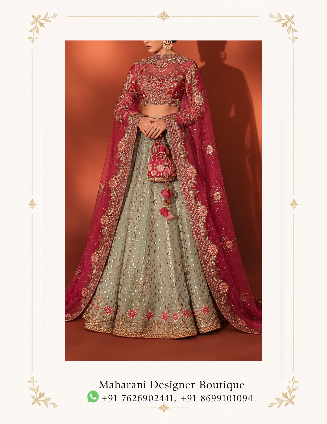 Maharani Magenta Sage Royale Embroidered Bridal Lehenga Make your special occasions unforgettable with the Maharani Magenta Sage Royale Embroidered Bridal Lehenga, Magenta and Sage Green Designer Bridal Lehenga with Heavy Embroidery , an exquisite ensemble that celebrates traditional Indian craftsmanship with luxurious elegance. This stunning designer bridal lehenga features a beautiful combination of sage green and rich magenta pink. The sage green flared lehenga is adorned with delicate motifs, intricate embellishments, and an elaborate embroidered hemline that creates a graceful and regal appearance. Explore premium designer bridal lehengas online at Maharani Designer Boutique, with worldwide shipping available for customers in India and abroad. Product Details Colour: Sage Green and Magenta Pink Category: Designer Bridal Lehenga Blouse: Magenta pink blouse with intricate embroidery Lehenga: Sage green flared skirt with embellished motifs Dupatta: Magenta pink dupatta with elaborate embroidered borders Work: Traditional embroidery with decorative embellishments Style: Royal, traditional, and luxurious Occasion: Weddings, engagements, receptions, and festive celebrations Brand: Maharani Designer Boutique