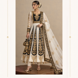 Maharani Black Ivory & Gold Royal Embroidered Anarkali Gown Make a regal statement with the Maharani Black Ivory & Gold Royal Embroidered Anarkali Gown, Black and Ivory Anarkali Gown with Gold Embroidery , Maharani Designer Boutique Jalandhar, a masterpiece of traditional Indian craftsmanship and contemporary elegance. This stunning designer outfit features a graceful ivory base, striking black panels, and intricate golden embroidery that creates a luxurious royal appearance. Discover premium ethnic fashion at Maharani Designer Boutique, where traditional artistry meets modern sophistication. Shop designer Anarkali gowns online and elevate your occasion-wear wardrobe with this timeless creation. Product Highlights Colour: Ivory, Black and Gold Style: Designer Anarkali Gown Work: Intricate golden embroidery Dupatta: Matching dupatta with an embroidered border Look: Royal, elegant and traditional Occasions: Weddings, receptions, engagements and festive celebrations Brand: Maharani Designer Boutique Maharani Ivory Floral Heritage Lehenga,Maharani Ivory Floral Heritage Designer Lehenga Choli,Maharani Ivory Blush Embroidered Sharara Suit,Ivory Gold Heritage Embroidered Bridal Lehenga Choli,Maharani Crimson Heritage Embroidered Salwar Suit