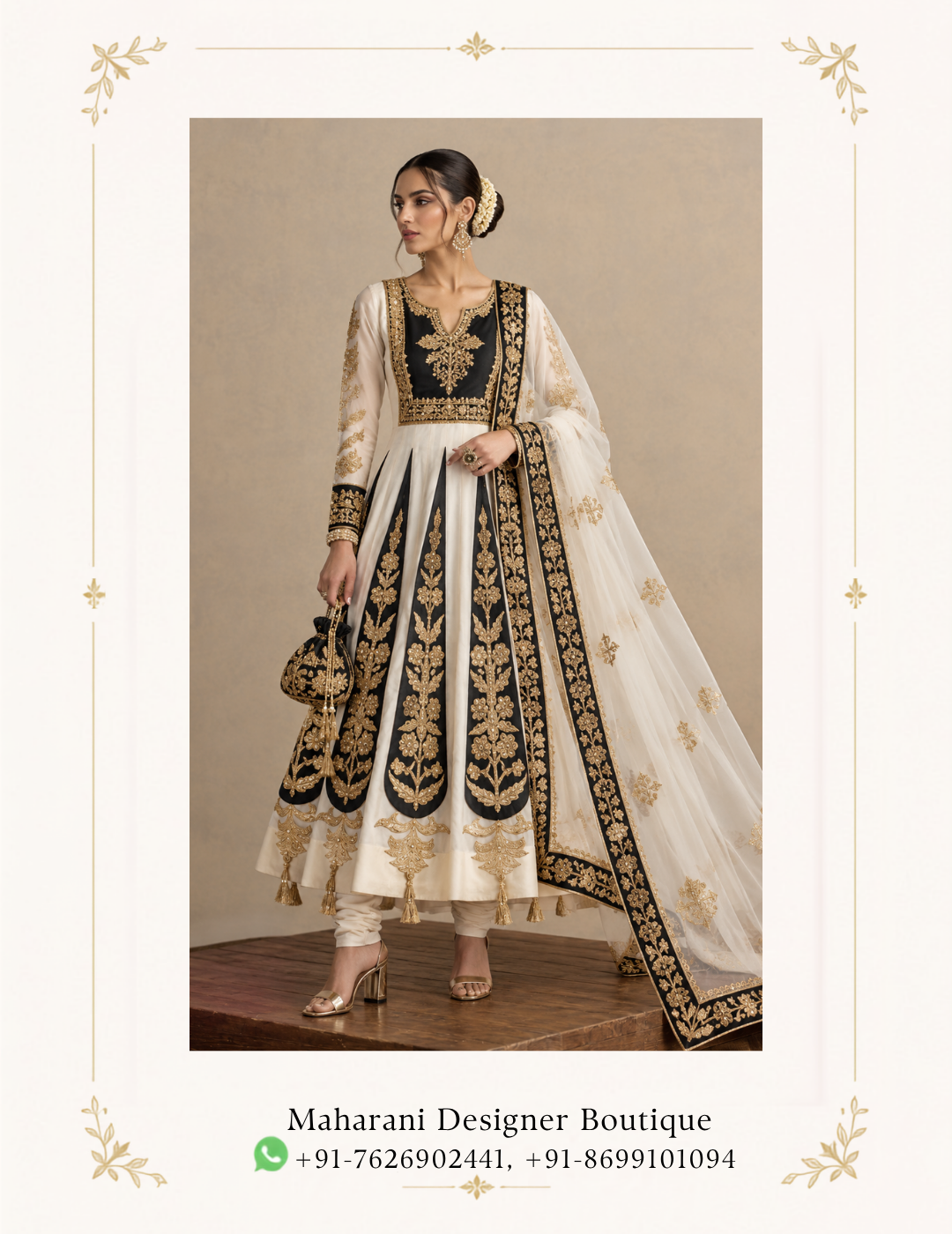 Maharani Black Ivory & Gold Royal Embroidered Anarkali Gown Make a regal statement with the Maharani Black Ivory & Gold Royal Embroidered Anarkali Gown, Black and Ivory Anarkali Gown with Gold Embroidery , Maharani Designer Boutique Jalandhar, a masterpiece of traditional Indian craftsmanship and contemporary elegance. This stunning designer outfit features a graceful ivory base, striking black panels, and intricate golden embroidery that creates a luxurious royal appearance. Discover premium ethnic fashion at Maharani Designer Boutique, where traditional artistry meets modern sophistication. Shop designer Anarkali gowns online and elevate your occasion-wear wardrobe with this timeless creation. Product Highlights Colour: Ivory, Black and Gold Style: Designer Anarkali Gown Work: Intricate golden embroidery Dupatta: Matching dupatta with an embroidered border Look: Royal, elegant and traditional Occasions: Weddings, receptions, engagements and festive celebrations Brand: Maharani Designer Boutique Maharani Ivory Floral Heritage Lehenga,Maharani Ivory Floral Heritage Designer Lehenga Choli,Maharani Ivory Blush Embroidered Sharara Suit,Ivory Gold Heritage Embroidered Bridal Lehenga Choli,Maharani Crimson Heritage Embroidered Salwar Suit