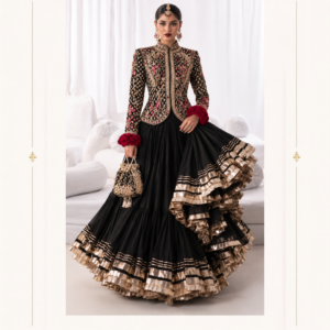 Maharani Black Royal Embroidered Sharara Suit Make a bold and elegant statement with the Maharani Black & Gold Royal Embroidered Sharara Suit, Black Designer Sharara Suit with Gold Embroidery and Ruffle Detailing , Maharani Designer Boutique Jalandhar, a luxurious designer ensemble that combines traditional Indian craftsmanship with contemporary glamour. Featuring a sophisticated black base enhanced with intricate golden embroidery, this outfit is perfect for women who appreciate timeless elegance and statement ethnic fashion. Product Details Colour: Black with Gold and Burgundy accents Style: Designer Sharara Suit Work: Intricate golden floral embroidery Top: Jacket-style embroidered kurta with full sleeves Bottom: Flared black sharara with layered gold ruffle detailing Accessories: Coordinated embroidered potli bag, as pictured Occasion: Wedding, reception, party wear, and festive celebrations Brand: Maharani Designer Boutique Royal Crimson Heritage Heavy Embroidered Bridal Lehenga,Gold Embroidered Bridal Lehenga Choli, Maharani Crimson Royal Bridal Lehenga,Maharani Crimson Royal Designer Bridal Lehenga Choli,MDB 22213