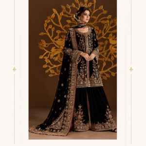 Maharani Black Velvet Royale Embroidered Designer Salwar Suit Step into timeless elegance with the Maharani Black Velvet Royale Embroidered Designer Salwar Suit, Black Velvet Designer Salwar Suit with Intricate Gold Embroidery and Matching Dupatta, Maharani Designer Boutique, a luxurious ethnic ensemble crafted for women who appreciate regal style and intricate detailing. Featuring a rich black velvet outfit, this designer salwar suit showcases exquisite floral embroidery in antique gold, blush pink, and champagne tones. The beautifully embellished long kameez features intricate threadwork, ornate sleeve borders, and a richly decorated hemline that creates a sophisticated royal look. Product Highlights: Colour: Classic Black Style: Designer Salwar Suit Fabric Appearance: Luxurious velvet Work: Intricate floral embroidery with gold and pink accents Top: Long kameez with detailed embroidery and embellished borders Bottom: Coordinated black bottom with embroidered detailing Dupatta: Matching dupatta with an ornate embroidered border Occasion: Weddings, receptions, festive celebrations, engagement ceremonies, and evening parties