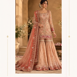Maharani Blush Peach Royal Embroidered Sharara Suit Elevate your ethnic wardrobe with the Maharani Blush Peach Royal Embroidered Sharara Suit, Peach Designer Sharara Suit with Red Floral Embroidery & Heavy Dupatta , Maharani Designer Boutique Jalandhar, a graceful ensemble that combines traditional Indian craftsmanship with luxurious contemporary styling. This elegant peach designer sharara suit features an intricately embroidered long kurta adorned with delicate floral motifs and exquisite embellishments. The rich red embroidered panels at the hem and cuffs create a striking contrast against the soft peach base, adding a regal touch to the overall design. Discover premium ethnic fashion at Maharani Designer Boutique, with worldwide shipping available for customers in India and abroad. Product Details Colour: Blush Peach with Red Accents Category: Designer Sharara Suit Work: Intricate floral embroidery and decorative embellishments Kurta: Embroidered long kurta with detailed cuffs and hem Bottom: Flared sharara pants with an embroidered border Dupatta: Peach dupatta with an elaborate red and golden embroidered border Style: Royal, traditional, and elegant Occasion: Weddings, engagements, festive celebrations, and parties Brand: Maharani Designer Boutique Maharani Blush Pink Royal Embroidered Lehenga,Maharani Blush Pink Royal Embroidered Salwar Suit,Blush Pink Bidal Lehenga Choli,Maharani Blush Pink Royal Embroidered Designer Saree,Maharani Blush Rose Royal Embroidered Sharara Suit
