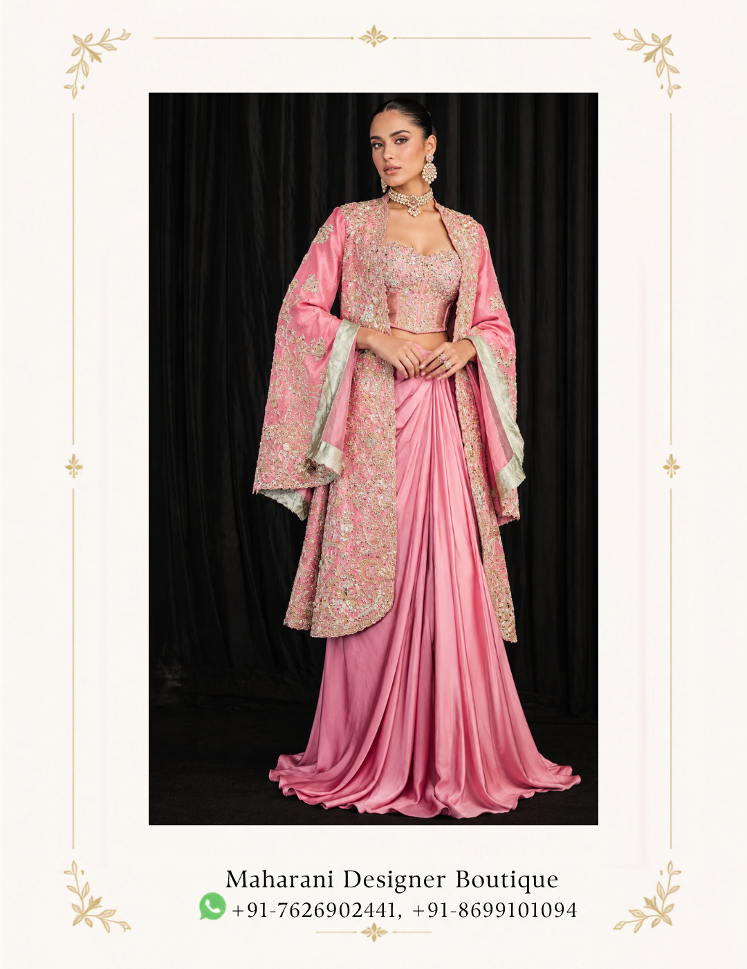 Maharani Blush Pink Royal Embroidered Couture Saree Gown Make a glamorous statement with the Maharani Blush Pink Royal Embroidered Couture Saree Gown, Blush Pink Designer Saree Gown with Heavy Embroidered Jacket, Maharani Designer Boutique Jalandhar, an exquisite fusion of traditional Indian elegance and contemporary designer fashion. This luxurious ensemble is designed for women who love sophisticated silhouettes, intricate craftsmanship, and timeless ethnic wear. Product Details Colour: Blush Pink Category: Designer Saree Gown Design: Draped saree-style skirt with a long jacket Work: Intricate floral embroidery with metallic detailing Blouse: Embellished designer blouse Jacket: Long embroidered jacket with statement sleeves Style: Luxury, contemporary, and traditional fusion Occasion: Wedding receptions, engagements, cocktail parties, and festive events Brand: Maharani Designer Boutique