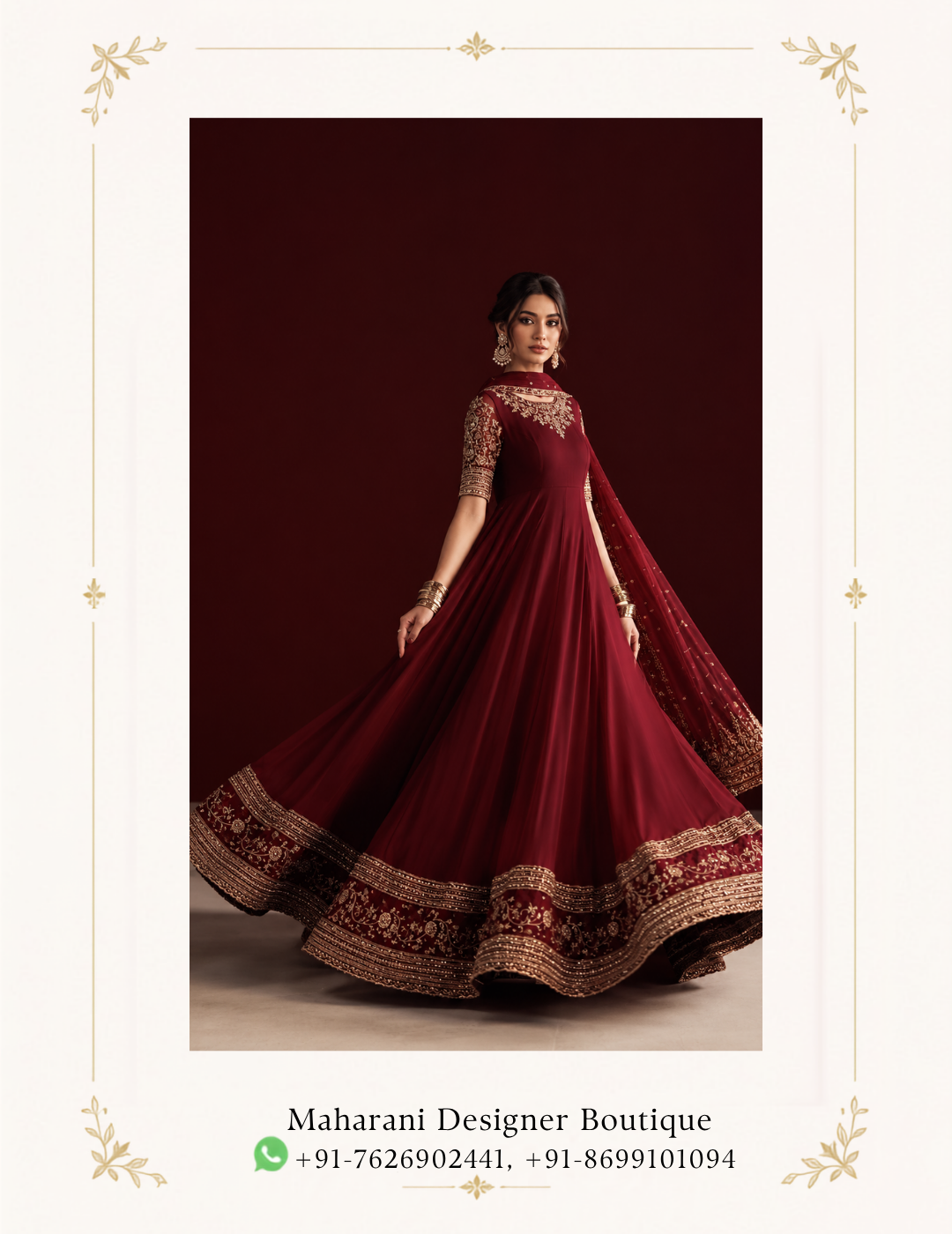 Maharani Burgundy Royal Embroidered Anarkali Suits Make a statement with the Maharani Burgundy Royal Embroidered Anarkali Suits, crafted in a rich burgundy shade for a timeless and sophisticated look. The flowing Anarkali silhouette features elegant gold embroidery around the neckline, sleeves and dramatic hemline. The coordinated sheer burgundy dupatta is finished with an intricate embroidered border, adding a luxurious finishing touch. Perfect for weddings, receptions, festive celebrations, sangeet functions and evening parties. Colour: Burgundy & Gold Style: Embroidered Anarkali Gown Detailing: Intricate Gold Embroidery & Heavy Border Occasion: Wedding, Festive & Party Wear Brand: Maharani Designer Boutique