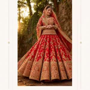 Maharani Crimson Royale Embroidered Bridal Lehenga Celebrate your special day in timeless elegance with the Maharani Crimson Royale Gold Embroidered Bridal Lehenga, Red Bridal Lehenga with Heavy Gold Embroidery and Matching Dupatta , Maharani Designer Boutique Jalandhar, a luxurious bridal ensemble designed for the modern bride who cherishes traditional Indian craftsmanship. Featuring a rich crimson red colour, this stunning bridal lehenga showcases intricate golden embroidery with elaborate floral motifs and traditional patterns. The beautifully embellished blouse features detailed gold work, a structured silhouette, and an ornate waistline that enhances its regal appeal. Product Highlights: Colour: Crimson Red with Gold Style: Traditional Bridal Lehenga Choli Work: Intricate gold embroidery with floral and traditional motifs Blouse: Heavily embellished bridal blouse Lehenga: Flared skirt with all-over golden embroidery and an ornate hemline Dupatta: Matching red dupatta with an embroidered gold border Occasion: Wedding ceremonies, bridal celebrations, receptions, and engagement functions