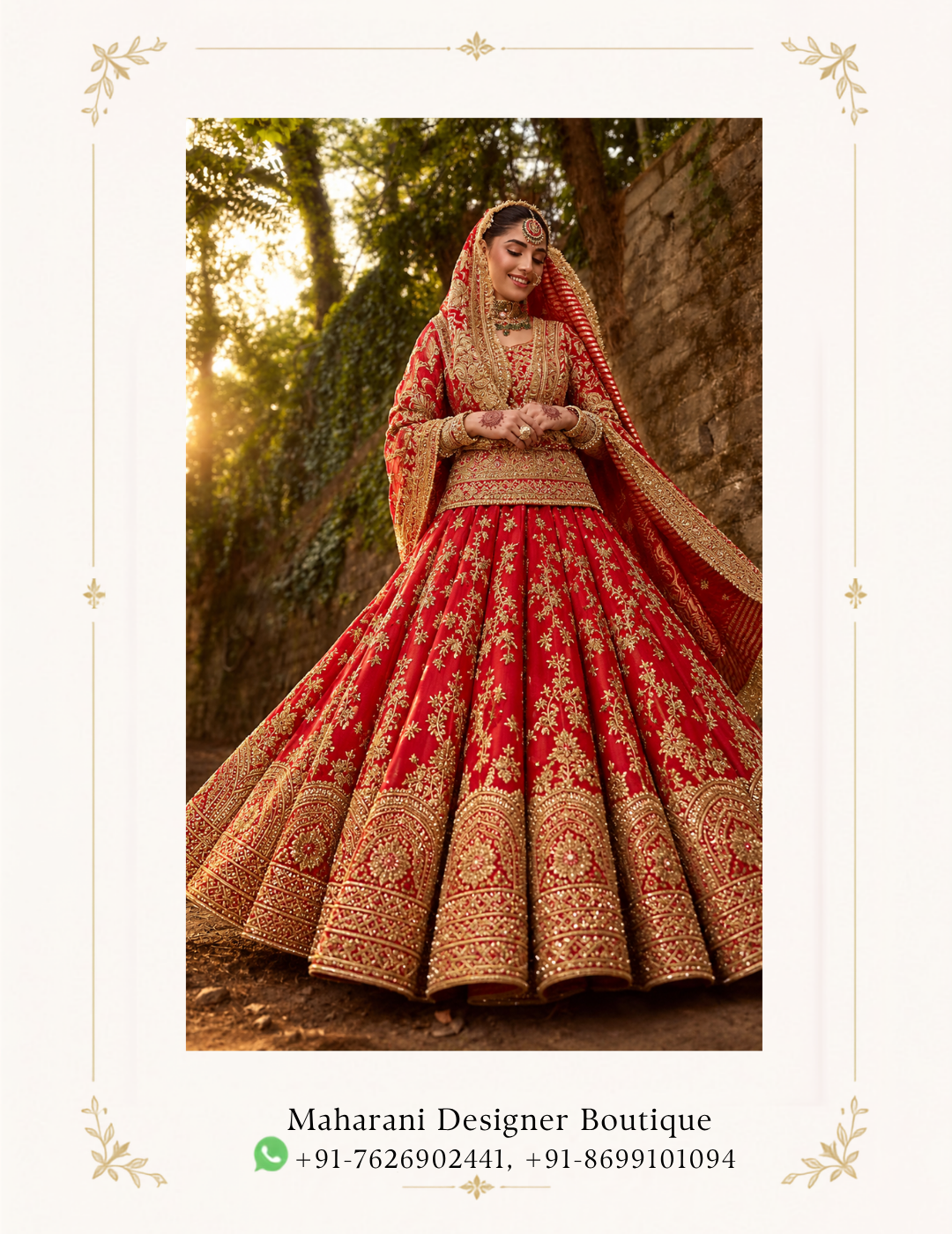 Maharani Crimson Royale Embroidered Bridal Lehenga Celebrate your special day in timeless elegance with the Maharani Crimson Royale Gold Embroidered Bridal Lehenga, Red Bridal Lehenga with Heavy Gold Embroidery and Matching Dupatta , Maharani Designer Boutique Jalandhar, a luxurious bridal ensemble designed for the modern bride who cherishes traditional Indian craftsmanship. Featuring a rich crimson red colour, this stunning bridal lehenga showcases intricate golden embroidery with elaborate floral motifs and traditional patterns. The beautifully embellished blouse features detailed gold work, a structured silhouette, and an ornate waistline that enhances its regal appeal. Product Highlights: Colour: Crimson Red with Gold Style: Traditional Bridal Lehenga Choli Work: Intricate gold embroidery with floral and traditional motifs Blouse: Heavily embellished bridal blouse Lehenga: Flared skirt with all-over golden embroidery and an ornate hemline Dupatta: Matching red dupatta with an embroidered gold border Occasion: Wedding ceremonies, bridal celebrations, receptions, and engagement functions