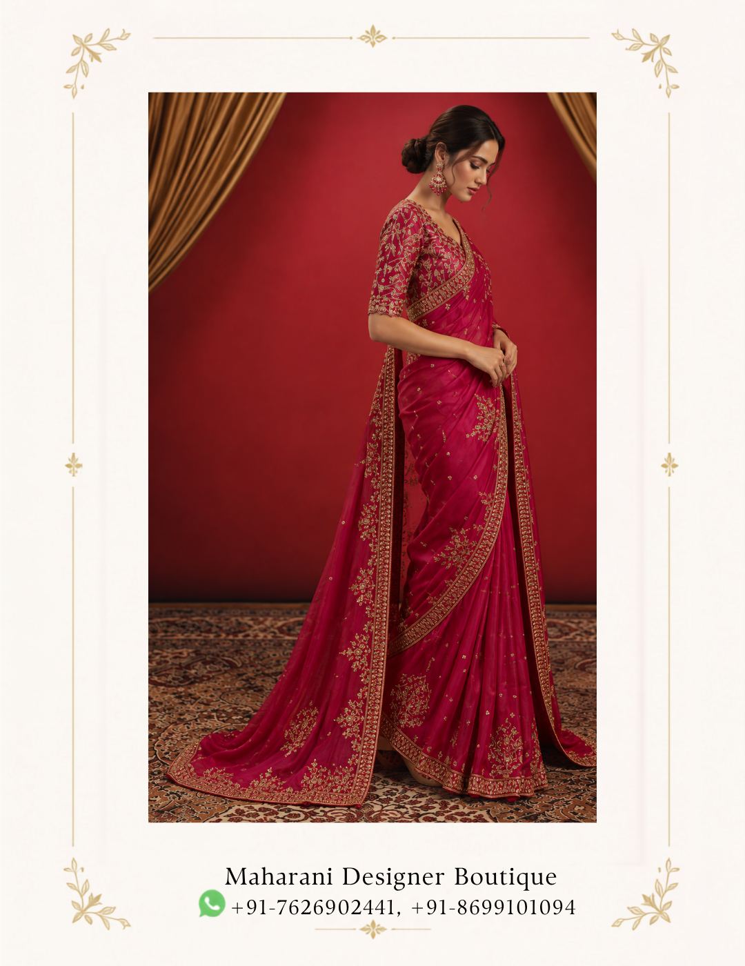 Maharani Heritage Embroidered Saree Elevate your ethnic wardrobe with the Maharani Heritage Embroidered Saree, Maharani Designer Boutique Jalandhar, a graceful statement piece blending soft pastel elegance with intricate traditional detailing. The saree features a sophisticated dusty rose base beautifully enhanced with floral motifs, geometric patterns and delicate multicolour embroidery. Its richly designed borders add definition and a luxurious finish, while the coordinated pallu showcases elaborate traditional artwork for an eye-catching drape.