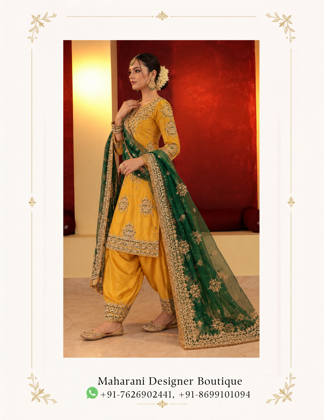 Maharani Dusty Mauve Embroidered Salwar Suit Celebrate timeless Punjabi elegance with the Maharani Dusty Mauve Embroidered Salwar Suit, Mustard Yellow Punjabi Salwar Suit with Emerald Green Embroidered Dupatta , Maharani Designer Boutique Jalandhar, a stunning ensemble that combines traditional craftsmanship with luxurious festive styling. Featuring a rich mustard yellow kameez adorned with intricate golden embroidery, this designer Punjabi suit showcases beautiful floral motifs, embellished sleeves, and an ornate hemline. The matching mustard salwar adds a classic traditional touch, while the emerald green dupatta creates a striking contrast with its elaborate golden embroidered border and delicate embellishments. The vibrant colour combination makes this outfit an elegant choice for women who appreciate sophisticated ethnic fashion. Its regal detailing and traditional silhouette make it perfect for wedding functions, Mehendi ceremonies, festive celebrations, family gatherings, and special occasions. Discover exquisite Punjabi suits at Maharani Designer Boutique, where heritage-inspired designs meet contemporary elegance. Shop designer salwar suits online with worldwide shipping options. Product Highlights Colour: Mustard Yellow and Emerald Green Style: Designer Punjabi Salwar Suit Work: Intricate golden embroidery and embellishments Kameez: Embroidered mustard yellow tunic Bottom: Matching mustard salwar Dupatta: Emerald green with an ornate golden embroidered border Occasions: Weddings, Mehendi, festivals, and parties Brand: Maharani Designer Boutique