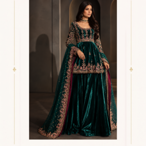 Maharani Emerald Velvet Royale Embroidered Sharara Suit Make a statement of timeless elegance with the Maharani Emerald Velvet Royale Embroidered Sharara Suit, a luxurious ethnic ensemble designed for weddings, festive celebrations, and grand occasions. The flowing velvet sharara adds graceful volume and a luxurious finish, while the matching dupatta, adorned with an embroidered border and delicate embellishments, completes the ensemble beautifully. Product Highlights: Colour: Rich Emerald Green Style: Designer Sharara Suit Fabric Appearance: Luxurious velvet Work: Intricate floral embroidery with gold and pink accents Design Details: Embellished long top, detailed sleeves, and flowing sharara Dupatta: Matching dupatta with an ornate embroidered border Occasion: Weddings, receptions, engagement ceremonies, festive celebrations, and special events