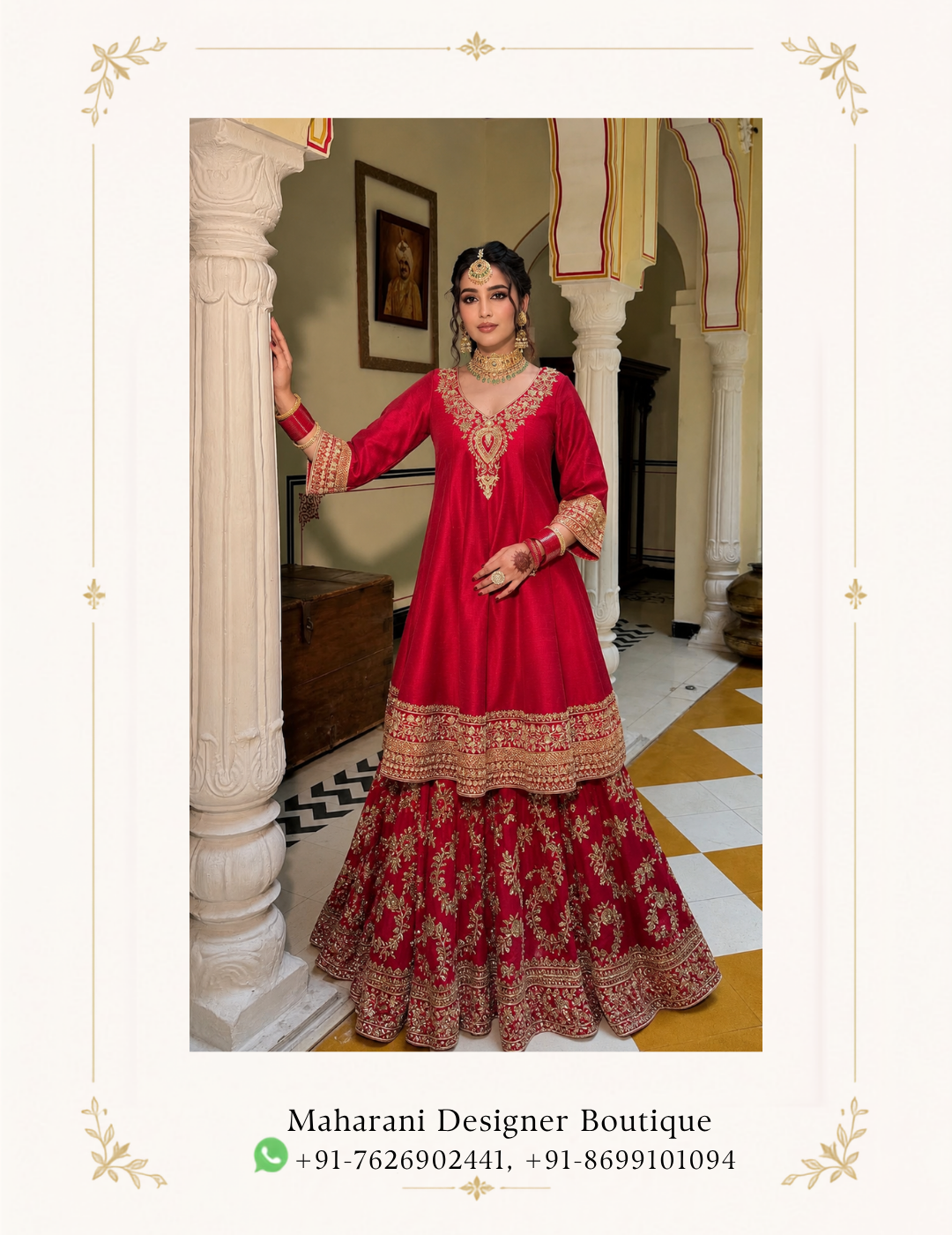 Maharani Heavy Embroidered Sharara Suit Embrace regal elegance with the Maharani Heavy Embroidered Sharara Suit, Maharani Designer Boutique Jalandhar, a luxurious traditional ensemble designed with rich colours and intricate craftsmanship. The deep features elaborate multicolour embroidery with traditional floral and ornamental motifs. The neckline, sleeves and hem are enhanced with detailed embroidered borders, creating a refined and statement-making look.