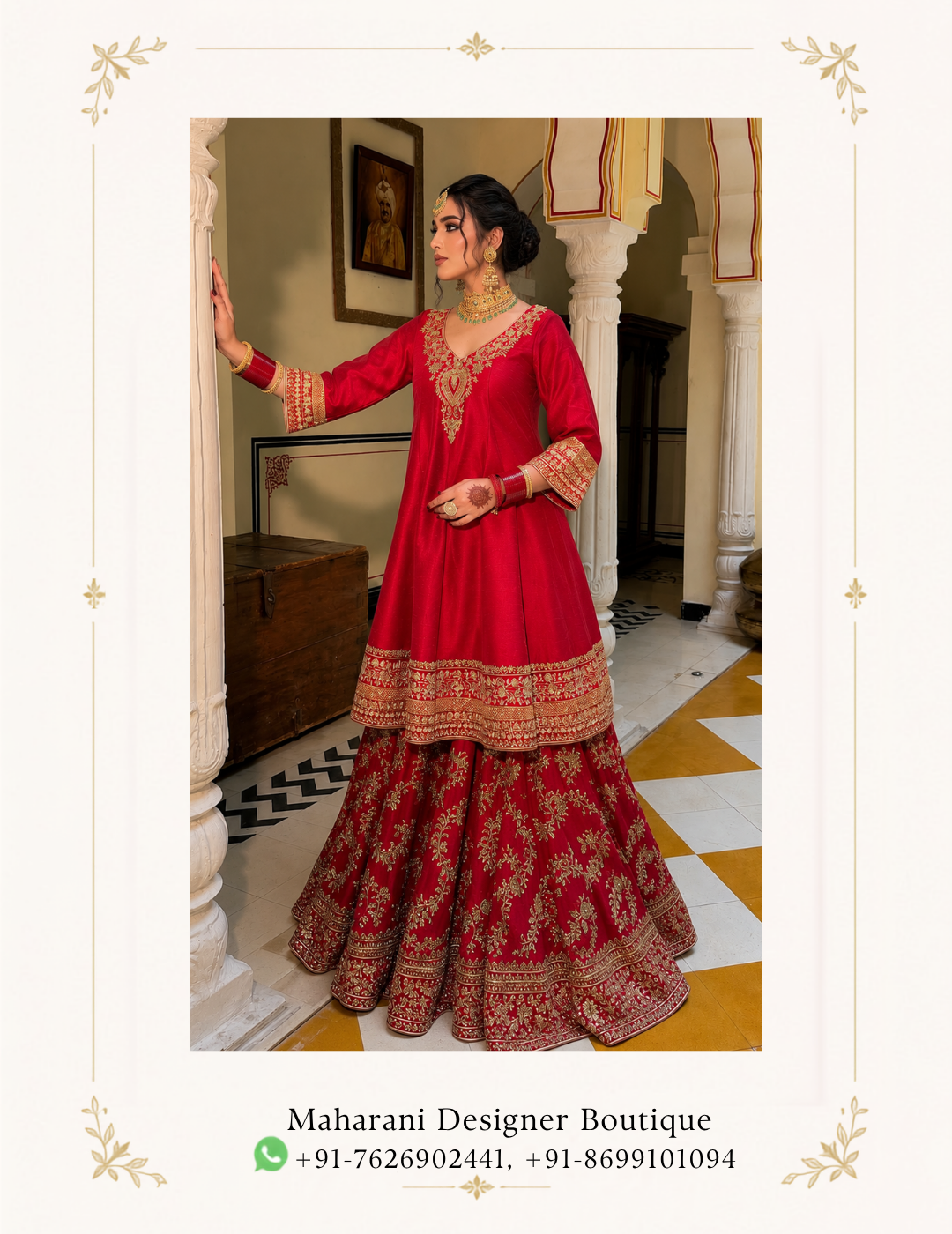 Maharani Heavy Embroidered Sharara Suit Embrace regal elegance with the Maharani Heavy Embroidered Sharara Suit, Maharani Designer Boutique Jalandhar, a luxurious traditional ensemble designed with rich colours and intricate craftsmanship. The deep features elaborate multicolour embroidery with traditional floral and ornamental motifs. The neckline, sleeves and hem are enhanced with detailed embroidered borders, creating a refined and statement-making look.