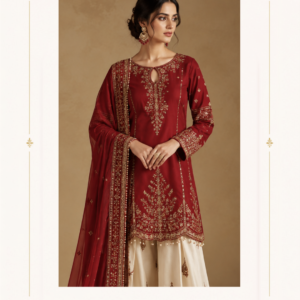 maharani-heritage-embroidered-salwar-suit Discover timeless elegance with the Maharani Crimson Heritage Embroidered Palazzo Salwar Suit, Maroon Embroidered Designer Salwar Suit with Ivory Palazzo – Maharani Designer Boutique jalandhar a stunning creation designed for women who appreciate luxurious ethnic fashion. This exquisite outfit features a rich maroon kurta adorned with intricate golden embroidery, complemented by elegant ivory palazzo pants and a matching embellished dupatta. Product Details Colour: Maroon and Ivory Design: Traditional floral embroidery Style: Designer straight kurta with palazzo Neckline: Keyhole neckline Sleeves: Full sleeves with embroidered cuffs Bottom: Ivory palazzo with golden motifs Dupatta: Maroon with embroidered golden border Occasion: Wedding, festive and party wear Brand: Maharani Designer Boutique MDB 025329 ,MDB 025330,MDB 025532,MDB 025885  ,MDB 027210201Â