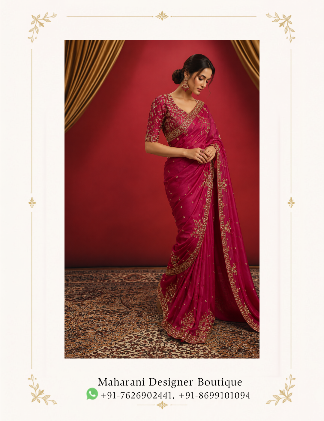 Maharani Heritage Embroidered Saree Elevate your ethnic wardrobe with the Maharani Heritage Embroidered Saree, Maharani Designer Boutique Jalandhar, a graceful statement piece blending soft pastel elegance with intricate traditional detailing. The saree features a sophisticated dusty rose base beautifully enhanced with floral motifs, geometric patterns and delicate multicolour embroidery. Its richly designed borders add definition and a luxurious finish, while the coordinated pallu showcases elaborate traditional artwork for an eye-catching drape.