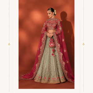 Maharani Magenta Sage Royale Embroidered Bridal Lehenga Make your special occasions unforgettable with the Maharani Magenta Sage Royale Embroidered Bridal Lehenga, Magenta and Sage Green Designer Bridal Lehenga with Heavy Embroidery , an exquisite ensemble that celebrates traditional Indian craftsmanship with luxurious elegance. This stunning designer bridal lehenga features a beautiful combination of sage green and rich magenta pink. The sage green flared lehenga is adorned with delicate motifs, intricate embellishments, and an elaborate embroidered hemline that creates a graceful and regal appearance. Explore premium designer bridal lehengas online at Maharani Designer Boutique, with worldwide shipping available for customers in India and abroad. Product Details Colour: Sage Green and Magenta Pink Category: Designer Bridal Lehenga Blouse: Magenta pink blouse with intricate embroidery Lehenga: Sage green flared skirt with embellished motifs Dupatta: Magenta pink dupatta with elaborate embroidered borders Work: Traditional embroidery with decorative embellishments Style: Royal, traditional, and luxurious Occasion: Weddings, engagements, receptions, and festive celebrations Brand: Maharani Designer Boutique